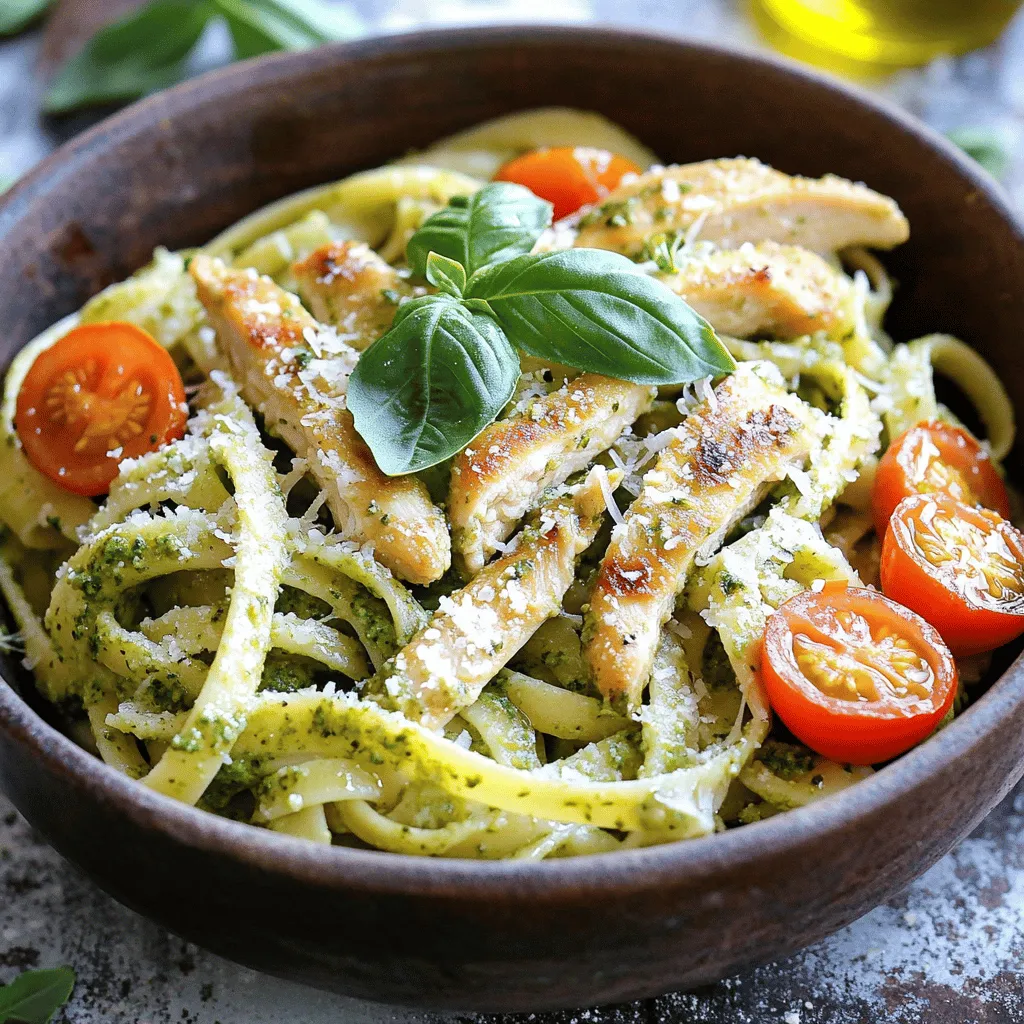 - 2 boneless, skinless chicken breasts - 12 oz pasta (fettuccine or penne recommended) - 1 cup heavy cream - 1/2 cup basil pesto - 1/4 cup grated Parmesan cheese - Salt and pepper, to taste - 1 tablespoon olive oil - 1/2 cup cherry tomatoes, halved - Fresh basil leaves for garnish - Optional: crushed red pepper flakes for heat When I make creamy pesto chicken pasta, I focus on fresh and simple ingredients. The chicken breasts are the star, providing protein and flavor. I like to use fettuccine or penne pasta, as they hold the sauce well. For the sauce, heavy cream blends with basil pesto. This mix creates a rich, creamy texture. Grated Parmesan cheese adds a nice touch, enhancing the flavor. I always add salt and pepper to taste, adjusting as needed. Don't forget the cherry tomatoes; they bring a burst of color and freshness. Fresh basil leaves on top make the dish look great. If you want a bit of heat, crushed red pepper flakes are an easy option. You can find the full recipe for this delightful dish, so you're ready to cook! Start by seasoning the chicken breasts with salt and pepper on both sides. This simple step adds great flavor. Next, heat one tablespoon of olive oil in a large skillet over medium heat. Once the oil is hot, add the chicken breasts. Cook them for about 6-7 minutes on each side. You want them to be golden brown and fully cooked. After cooking, remove the chicken from the skillet. Let it rest for a few minutes. Then, slice the chicken into strips. While the chicken cooks, bring a large pot of salted water to a boil. Add 12 ounces of your choice of pasta. Fettuccine or penne work well for this dish. Cook the pasta according to package instructions until it is al dente. Once done, drain the pasta in a colander. Don’t forget to save 1 cup of the pasta water. This water helps adjust your sauce later. In the same skillet used for the chicken, reduce the heat to low. Pour in 1 cup of heavy cream. Stir for about 1-2 minutes until it starts to thicken slightly. Next, add 1/2 cup of basil pesto. Mix until it is fully combined with the cream. If the sauce looks too thick, slowly add some reserved pasta water. Keep mixing until you reach your desired consistency. Now, stir in 1/4 cup of grated Parmesan cheese. This adds a nice savory touch to the sauce. Add the cooked pasta and sliced chicken to the skillet. Toss everything together until coated in the creamy pesto sauce. For a pop of color and flavor, fold in 1/2 cup of halved cherry tomatoes. Let everything simmer for another 2-3 minutes until heated through. Taste your dish and adjust the seasoning as needed. If you like heat, sprinkle in some crushed red pepper flakes for an extra kick. For the complete recipe, check out the [Full Recipe]. How do I ensure chicken is cooked through? To ensure chicken is cooked through, use a meat thermometer. The thickest part should read 165°F. Cook for 6-7 minutes on each side. Let it rest before slicing. This keeps it juicy. How do I cook pasta al dente? Cook pasta al dente by boiling it in salted water. Follow package instructions but check a minute early. The pasta should be firm but not hard. Drain it right away to avoid overcooking. Should I use homemade or store-bought pesto? Homemade pesto offers fresh flavor and control over ingredients. Use fresh basil, garlic, nuts, and cheese. Store-bought pesto is convenient and saves time. Both options are tasty, so choose what fits your schedule. How can I add spice? Add crushed red pepper flakes for spice. Start with a pinch and taste as you go. This adds warmth without overpowering the dish. It’s a simple way to elevate your creamy pesto chicken pasta. What are some garnishing techniques? Garnishing can enhance the dish’s look. Use fresh basil leaves to add color. A sprinkle of Parmesan cheese can add a nice touch. Drizzle olive oil for a glossy finish. How should I serve it? Serve creamy pesto chicken pasta in bowls for a cozy feel. Ensure each bowl has a good mix of chicken, pasta, and sauce. This makes it inviting and ready to enjoy. For an extra touch, add more basil on top. For the complete steps, check the Full Recipe. {{image_2}} To make your creamy pesto chicken pasta gluten-free, choose pasta made from rice, quinoa, or chickpeas. These options work well and taste great. Many stores sell these gluten-free pastas. Always check the label to ensure they meet your needs. For a dairy-free version, swap out heavy cream for coconut cream or almond milk. Both options offer a creamy texture without dairy. You can also find dairy-free pesto in stores or make your own with nuts and herbs. Adding vegetables can boost the nutrition of your dish. Spinach and bell peppers are great choices. They add color and flavor, making the dish even more appealing. Simply toss them in during the last few minutes of cooking. You can also switch up the protein. Shrimp adds a nice twist, while mushrooms give a hearty feel. Cook them separately, then mix them in with the pasta for a delicious change. If you want to try different flavors, consider sun-dried tomato or arugula pesto. These options bring a new taste and can surprise your guests. They are easy to find in stores or online. For those who love to experiment, making homemade pesto allows for customization. Use any nuts, herbs, or oils you like. Blend them together until smooth for a unique flavor. This is a fun way to personalize your creamy pesto chicken pasta. You can find the full recipe for creamy pesto chicken pasta to try these variations! To store your creamy pesto chicken pasta, let it cool first. Place it in an airtight container. This keeps the pasta fresh and tasty. You can store it in the fridge for up to three days. After this, the quality may drop. Make sure to check for any off smells or changes in texture. To reheat your pasta, the stovetop works best. Add a splash of water or cream to the pan. This keeps the pasta moist and creamy. Stir it often over medium heat until warm. You can also use a microwave. Place your pasta in a microwave-safe bowl and cover it. Heat in short bursts, stirring in between, until heated through. If you want to freeze creamy pesto chicken pasta, use a freezer-safe container. It can last up to three months in the freezer. When ready to eat, move it to the fridge to thaw overnight. For faster thawing, you can use the microwave. Reheat it on low heat, stirring often, until hot. What is the best type of pasta for creamy pesto chicken? The best pasta for this dish is fettuccine or penne. They hold the sauce well. You can use other pasta shapes, too, like fusilli or farfalle, if you prefer. Can I make this dish ahead of time? Yes, you can make it ahead of time. Cook the pasta and chicken, then mix them with the sauce right before serving. This keeps everything fresh. What can I use instead of heavy cream? If you want a lighter option, try using half-and-half or coconut cream. Both will give you a nice texture without the extra calories. How spicy can I make this dish? You can adjust the spice easily! Add crushed red pepper flakes to the sauce. Start with a pinch, then taste and add more if you want it spicier. Can I use rotisserie chicken instead of cooking my own? Absolutely! Rotisserie chicken is a great time-saver. Just shred it and add it to the sauce with the pasta. Is this recipe suitable for meal prep? Yes, this dish is great for meal prep! Store it in airtight containers in the fridge. It stays tasty for up to three days. Caloric content per serving One serving of creamy pesto chicken pasta contains about 600 calories. This can vary based on your pasta and cream choices. Breakdown of macronutrients (protein, fats, carbs) - Protein: Approximately 30g - Fats: About 35g - Carbs: Roughly 60g For more details, check the full recipe for the complete nutritional breakdown! You can create a tasty creamy pesto chicken pasta with simple steps and fresh ingredients. You learned how to cook the chicken, boil the pasta, and make the creamy sauce. Remember to experiment with flavors and add veggies or proteins you like. This dish is flexible and easy for any meal. Store leftovers properly to enjoy later. With these tips, you can impress anyone at the table. Enjoy your cooking adventures and make this dish your own!