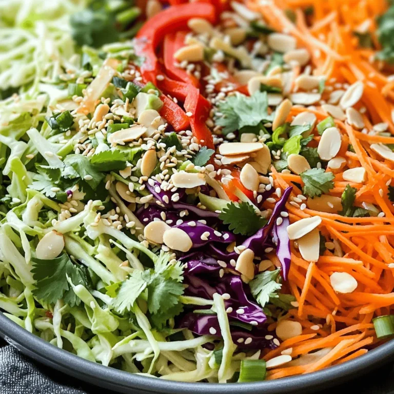 To make a bright and crunchy Asian slaw, gather these fresh veggies: - 4 cups green cabbage, thinly shredded - 1 cup red cabbage, thinly shredded - 1 cup carrots, grated - 1 red bell pepper, julienned - ½ cup green onions, chopped - ½ cup cilantro leaves, chopped These vegetables add color, taste, and texture. Green cabbage provides a crisp base. Red cabbage adds a beautiful hue. Carrots bring sweetness, while red bell pepper gives a pop of flavor. Green onions and cilantro add freshness. For extra crunch and flavor, include these: - ⅓ cup slivered almonds (or sunflower seeds for nut-free) - ⅓ cup sesame seeds These add-ins give your slaw a delightful crunch. Almonds or sunflower seeds offer healthy fats. Sesame seeds add a nutty flavor that complements the dish. A great slaw needs a tasty dressing. Use these ingredients: - 3 tablespoons soy sauce (or tamari for gluten-free) - 2 tablespoons rice vinegar - 1 tablespoon honey or maple syrup - 1 tablespoon sesame oil - 1 teaspoon ginger, grated - 1 teaspoon garlic, minced - Salt and pepper to taste This dressing balances salty, sweet, and tangy flavors. Soy sauce brings umami, while rice vinegar adds brightness. Honey or maple syrup sweetens the mix. Ginger and garlic give depth and warmth. For the full recipe, check out Crunchy Asian Slaw. To make the slaw, start with fresh vegetables. You want to shred and grate them well. Use a sharp knife for the cabbage. Cut it into thin strips. For carrots, a box grater works best. Grate them into fine pieces. When you chop, try to keep the sizes even. This helps with flavor and texture. If the bits are too big, they won’t mix well. Aim for thin and small cuts. They will combine better with the dressing. Now, let’s make the dressing. In a small bowl, combine soy sauce and rice vinegar. Add honey or maple syrup for sweetness. Then, pour in sesame oil. Use a whisk to mix it all. Whisking well helps everything blend smoothly. If you need a gluten-free option, use tamari instead of soy sauce. For a vegan version, choose maple syrup. These swaps keep the taste great while meeting your needs. Next, it’s time to mix the slaw and dressing. Pour the dressing over the vegetable mix. Toss everything together carefully. Make sure every piece of veggie gets coated. Let the slaw marinate for at least 15 minutes. This step is key! It lets the veggies soak up the flavors. When you serve it, the taste will be fuller and more delicious. To make your Crunchy Asian Slaw pop with flavor, try adding spices. I like to use a pinch of red pepper flakes for heat. You can also sprinkle in some sesame seeds for a nutty taste. Adjust the sweetness and tanginess to your liking. If you want more sweetness, add honey or maple syrup. For more tang, add rice vinegar. To keep your slaw crunchy, cut the vegetables just before serving. Avoid letting them sit too long in the dressing. If you want alternatives to traditional ingredients, try using jicama instead of cabbage. You can even add sliced radishes for extra crunch. This slaw pairs well with grilled chicken or shrimp. You can also serve it as a topping on tacos for a fresh twist. For a creative presentation, layer the slaw in a clear bowl. This way, you can showcase the vibrant colors. For extra flair, top it with fresh herbs or edible flowers. For the full recipe, check out the Crunchy Asian Slaw section. {{image_2}} You can change up the veggies in your Crunchy Asian Slaw. Use seasonal vegetables for a fresh twist. Consider adding: - Broccoli - Snow peas - Radishes These veggies add color and crunch. You can also mix in fruits for sweetness. Apples or mandarin oranges work well. They add a nice contrast to the crunch. The dressing can change the whole dish. If you love a certain flavor, try a different dressing. Here are some ideas: - Use peanut sauce for a nutty taste. - Try a spicy sriracha vinaigrette for heat. You can also choose between creamy and vinaigrette styles. A creamy dressing can make it rich and smooth. You can make your slaw friendly for everyone. If you need nut-free options, swap slivered almonds for sunflower seeds. They give great crunch without nuts. For gluten-free needs, use tamari instead of soy sauce. You can still enjoy that savory flavor without gluten. These swaps keep the dish tasty and safe for all. For the full recipe, check out Crunchy Asian Slaw. It’s easy to make and fun to share! Store Crunchy Asian Slaw in an airtight container. Glass containers work best, as they do not stain. If you use a plastic container, choose one that is BPA-free. Keep the slaw in the fridge to keep it fresh and crisp. This dish tastes best when cold, so chilling it helps maintain its great flavor. You should not reheat Crunchy Asian Slaw. Doing so will make it soggy. Instead, serve any leftovers cold. You can add them to a salad or use them as a topping on a sandwich. Toss the slaw with grilled chicken or tofu for a quick meal. Crunchy Asian Slaw lasts about 3 to 5 days in the fridge. After this time, it may lose its crunch and freshness. Signs of spoilage include a sour smell and a slimy texture. If you see any mold, throw it away right away. Enjoy this slaw while it is fresh for the best taste! Crunchy Asian Slaw has many fresh and colorful ingredients. Here are the key components: - 4 cups green cabbage, thinly shredded: This gives a crisp base. - 1 cup red cabbage, thinly shredded: It adds vibrant color and crunch. - 1 cup carrots, grated: Carrots bring sweetness and texture. - 1 red bell pepper, julienned: This adds a refreshing crunch. - ½ cup green onions, chopped: Green onions offer a mild onion flavor. - ½ cup cilantro leaves, chopped: Cilantro gives a fresh, bright taste. - 1/3 cup slivered almonds (or sunflower seeds for nut-free): These add crunch and richness. - 1/3 cup sesame seeds: Sesame seeds provide a nutty flavor. The dressing blends soy sauce, rice vinegar, honey, sesame oil, ginger, and garlic. This mix ties the slaw together, creating a bold flavor. Yes, you can make Crunchy Asian Slaw ahead of time. This is great for meal prep. - Mix the vegetables and dressing separately. - Store them in airtight containers in the fridge. - Combine them just before serving. This keeps the slaw crunchy. You can make it a day in advance. Just remember to give it time to marinate for the best flavor. To add heat to your Crunchy Asian Slaw, consider these tips: - Add sliced jalapeños or serrano peppers. Start with a small amount. - Mix in red pepper flakes. A pinch can boost the heat. - Use a spicy sauce like Sriracha in the dressing. Adjust to your taste. These options let you customize the spice level. Enjoy your zesty twist! In this blog post, we explored how to make Crunchy Asian Slaw. We discussed the fresh vegetables you can use, which add color and taste. I shared dressing tips that bring everything together. You learned how to combine and marinate for the best flavor. Finally, I offered storage tips to keep your slaw fresh. This dish is fun and easy to make. Experiment with different ingredients to suit your taste. Enjoy crunching through this tasty treat!