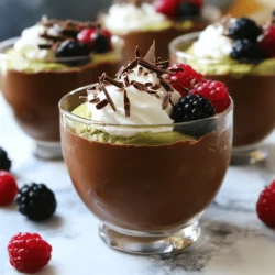 - Ripe avocados - Unsweetened cocoa powder - Maple syrup - Almond milk - Vanilla extract - Optional toppings: Whipped coconut cream, fresh berries, shaved dark chocolate For this avocado chocolate mousse, you need a few simple and healthy ingredients. Start with ripe avocados. They add creaminess and good fats. Next, grab unsweetened cocoa powder for a rich chocolate taste. Maple syrup serves as a natural sweetener, making the mousse delicious without refined sugars. Almond milk gives the mousse a smooth texture. It’s a great dairy-free option! Lastly, add a splash of vanilla extract for extra flavor. You can customize your mousse with toppings. Whipped coconut cream adds a light touch. Fresh berries bring color and a bit of tang. Shaved dark chocolate gives a fancy finish and extra richness. To make the best mousse, use fresh and ripe ingredients. They will enhance the taste and texture. And remember, this recipe allows some flexibility. Adjust the sweetness with more or less maple syrup. Enjoy creating your own version of this decadent treat! For the complete steps, check the Full Recipe. Start by taking two ripe avocados. Cut them in half, remove the pit, and scoop the flesh into a food processor. Blend the avocados until they are smooth and creamy. This step is key to making your mousse fluffy. Next, sift the unsweetened cocoa powder over the blended avocado. Sifting helps avoid lumps, giving your mousse a silky texture. Now it’s time to add the sweet stuff. Pour in 1/4 cup of maple syrup, 1/4 cup of almond milk, 1 teaspoon of vanilla extract, and a pinch of salt. These ingredients will enhance the flavor. Blend everything together until the mixture is silky and fully combined. Don’t forget to scrape down the sides of the processor to ensure everything mixes well. After blending, taste the mousse. If you want it sweeter, add more maple syrup and blend for a few more seconds. Then, transfer the mousse into serving bowls. Chill it in the refrigerator for at least 30 minutes. Chilling helps the mousse firm up and makes it even tastier. For a finishing touch, top it with whipped coconut cream, fresh berries, or shaved dark chocolate before serving. Follow this [Full Recipe] for more details on creating this delicious treat! To get that creamy texture, blend the avocados well. I often use a food processor. Start by adding the ripe avocados and blend until smooth. This step is key for a nice mousse. After blending, sift the cocoa powder into the mix. This removes lumps and helps everything blend smoothly. The quality of your ingredients matters, too. Choose ripe avocados and good cocoa powder. Fresh ingredients make a big difference in taste. Topping your mousse can make it shine. Whipped coconut cream is a favorite of mine. It adds a lightness that pairs well with the rich chocolate. Fresh berries like raspberries or strawberries add a pop of color and flavor. Shaved dark chocolate is also a great choice for a touch of elegance. These toppings create a beautiful contrast to the mousse. You can also try pairing it with a cup of coffee or tea for a balanced dessert experience. You can easily change the sweetness of your mousse. Start with the 1/4 cup of maple syrup. After blending, taste it. If you want it sweeter, add more syrup. Blend again to mix. If you prefer other sweeteners, that works too. Honey or agave syrup can be good alternatives. Just remember to adjust the amount for the best flavor. A little sweetness goes a long way in making this treat enjoyable. For the complete recipe, check out the [Full Recipe]. {{image_2}} You can add espresso or instant coffee to your mousse. This gives it a nice mocha flavor. Just mix in about one teaspoon when you blend the ingredients. It adds depth and a little kick. Another great option is to incorporate nut butters. Almond or peanut butter works well. This adds a rich taste and creaminess that makes the mousse even better. This recipe is vegan and gluten-free. The base ingredients are all plant-based. If you're looking for substitutions, use agave nectar instead of maple syrup. It keeps the mousse sweet without any animal products. You can also swap almond milk for oat or soy milk. Each type of milk will give a slightly different taste but will still be delicious. You can serve the mousse in individual cups or a large bowl. Individual servings look fancy and are easy to grab. A large bowl is great for sharing and makes it feel like a party. For presentation, try using clear cups to show off the mousse layers. You can also garnish it with fresh berries or shaved chocolate. This makes each serving more inviting and colorful. Check out the Full Recipe for more serving ideas. To keep your avocado chocolate mousse fresh, use air-tight containers. This prevents air from getting in and keeps the mousse creamy. You can store it in the fridge for up to three days. After that, it may lose flavor and texture. You can freeze avocado chocolate mousse if you have leftovers. Scoop it into an air-tight container and seal it well. It will stay fresh in the freezer for up to a month. To defrost, take it out and let it sit in the fridge overnight. This will bring it back to a creamy state. Don't let any mousse go to waste! You can add it to smoothies for a rich flavor. Blend it with your favorite fruits and some milk for a sweet treat. You can also use it in desserts, like layering in parfaits or topping on pancakes. These ideas help you enjoy every bit of the mousse. Avocado chocolate mousse is a creamy dessert made from ripe avocados and cocoa powder. It blends healthy fats from avocados with rich chocolate flavor. This mousse is smooth and can satisfy your sweet tooth without guilt. Yes, you can make avocado chocolate mousse in advance. It stays fresh in the fridge for about three days. Just cover it well to keep it from browning. Chill it for at least 30 minutes before serving for the best taste. To prevent a strong avocado flavor, use ripe avocados and balance them with cocoa powder and maple syrup. Blend the mixture well to combine flavors. You can also add vanilla extract for extra depth, which masks any avocado taste. Yes, avocado chocolate mousse is healthy! It contains healthy fats, fiber, and antioxidants. The cocoa powder gives it a rich taste while being low in sugar. This dessert can fit well into a balanced diet. If you want to swap maple syrup, try honey, agave nectar, or date syrup. You can also use stevia or monk fruit for a low-calorie option. Adjust the amount to taste, as each sweetener has a different sweetness level. For the full recipe, check out the details in the article. Avocado chocolate mousse is a tasty treat that combines ripe avocados with cocoa powder and sweeteners. You start by blending ripe avocados until smooth and mixing in flavor enhancers like maple syrup and almond milk. Remember to chill the mousse for the best texture. You can add your own toppings and even switch ingredients for special diets. This dessert is quick to make and lets you enjoy healthy flavors. Experiment with options and serve it your way for a perfect finish!