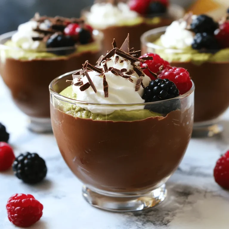 - Ripe avocados - Unsweetened cocoa powder - Maple syrup - Almond milk - Vanilla extract - Optional toppings: Whipped coconut cream, fresh berries, shaved dark chocolate For this avocado chocolate mousse, you need a few simple and healthy ingredients. Start with ripe avocados. They add creaminess and good fats. Next, grab unsweetened cocoa powder for a rich chocolate taste. Maple syrup serves as a natural sweetener, making the mousse delicious without refined sugars. Almond milk gives the mousse a smooth texture. It’s a great dairy-free option! Lastly, add a splash of vanilla extract for extra flavor. You can customize your mousse with toppings. Whipped coconut cream adds a light touch. Fresh berries bring color and a bit of tang. Shaved dark chocolate gives a fancy finish and extra richness. To make the best mousse, use fresh and ripe ingredients. They will enhance the taste and texture. And remember, this recipe allows some flexibility. Adjust the sweetness with more or less maple syrup. Enjoy creating your own version of this decadent treat! For the complete steps, check the Full Recipe. Start by taking two ripe avocados. Cut them in half, remove the pit, and scoop the flesh into a food processor. Blend the avocados until they are smooth and creamy. This step is key to making your mousse fluffy. Next, sift the unsweetened cocoa powder over the blended avocado. Sifting helps avoid lumps, giving your mousse a silky texture. Now it’s time to add the sweet stuff. Pour in 1/4 cup of maple syrup, 1/4 cup of almond milk, 1 teaspoon of vanilla extract, and a pinch of salt. These ingredients will enhance the flavor. Blend everything together until the mixture is silky and fully combined. Don’t forget to scrape down the sides of the processor to ensure everything mixes well. After blending, taste the mousse. If you want it sweeter, add more maple syrup and blend for a few more seconds. Then, transfer the mousse into serving bowls. Chill it in the refrigerator for at least 30 minutes. Chilling helps the mousse firm up and makes it even tastier. For a finishing touch, top it with whipped coconut cream, fresh berries, or shaved dark chocolate before serving. Follow this [Full Recipe] for more details on creating this delicious treat! To get that creamy texture, blend the avocados well. I often use a food processor. Start by adding the ripe avocados and blend until smooth. This step is key for a nice mousse. After blending, sift the cocoa powder into the mix. This removes lumps and helps everything blend smoothly. The quality of your ingredients matters, too. Choose ripe avocados and good cocoa powder. Fresh ingredients make a big difference in taste. Topping your mousse can make it shine. Whipped coconut cream is a favorite of mine. It adds a lightness that pairs well with the rich chocolate. Fresh berries like raspberries or strawberries add a pop of color and flavor. Shaved dark chocolate is also a great choice for a touch of elegance. These toppings create a beautiful contrast to the mousse. You can also try pairing it with a cup of coffee or tea for a balanced dessert experience. You can easily change the sweetness of your mousse. Start with the 1/4 cup of maple syrup. After blending, taste it. If you want it sweeter, add more syrup. Blend again to mix. If you prefer other sweeteners, that works too. Honey or agave syrup can be good alternatives. Just remember to adjust the amount for the best flavor. A little sweetness goes a long way in making this treat enjoyable. For the complete recipe, check out the [Full Recipe]. {{image_2}} You can add espresso or instant coffee to your mousse. This gives it a nice mocha flavor. Just mix in about one teaspoon when you blend the ingredients. It adds depth and a little kick. Another great option is to incorporate nut butters. Almond or peanut butter works well. This adds a rich taste and creaminess that makes the mousse even better. This recipe is vegan and gluten-free. The base ingredients are all plant-based. If you're looking for substitutions, use agave nectar instead of maple syrup. It keeps the mousse sweet without any animal products. You can also swap almond milk for oat or soy milk. Each type of milk will give a slightly different taste but will still be delicious. You can serve the mousse in individual cups or a large bowl. Individual servings look fancy and are easy to grab. A large bowl is great for sharing and makes it feel like a party. For presentation, try using clear cups to show off the mousse layers. You can also garnish it with fresh berries or shaved chocolate. This makes each serving more inviting and colorful. Check out the Full Recipe for more serving ideas. To keep your avocado chocolate mousse fresh, use air-tight containers. This prevents air from getting in and keeps the mousse creamy. You can store it in the fridge for up to three days. After that, it may lose flavor and texture. You can freeze avocado chocolate mousse if you have leftovers. Scoop it into an air-tight container and seal it well. It will stay fresh in the freezer for up to a month. To defrost, take it out and let it sit in the fridge overnight. This will bring it back to a creamy state. Don't let any mousse go to waste! You can add it to smoothies for a rich flavor. Blend it with your favorite fruits and some milk for a sweet treat. You can also use it in desserts, like layering in parfaits or topping on pancakes. These ideas help you enjoy every bit of the mousse. Avocado chocolate mousse is a creamy dessert made from ripe avocados and cocoa powder. It blends healthy fats from avocados with rich chocolate flavor. This mousse is smooth and can satisfy your sweet tooth without guilt. Yes, you can make avocado chocolate mousse in advance. It stays fresh in the fridge for about three days. Just cover it well to keep it from browning. Chill it for at least 30 minutes before serving for the best taste. To prevent a strong avocado flavor, use ripe avocados and balance them with cocoa powder and maple syrup. Blend the mixture well to combine flavors. You can also add vanilla extract for extra depth, which masks any avocado taste. Yes, avocado chocolate mousse is healthy! It contains healthy fats, fiber, and antioxidants. The cocoa powder gives it a rich taste while being low in sugar. This dessert can fit well into a balanced diet. If you want to swap maple syrup, try honey, agave nectar, or date syrup. You can also use stevia or monk fruit for a low-calorie option. Adjust the amount to taste, as each sweetener has a different sweetness level. For the full recipe, check out the details in the article. Avocado chocolate mousse is a tasty treat that combines ripe avocados with cocoa powder and sweeteners. You start by blending ripe avocados until smooth and mixing in flavor enhancers like maple syrup and almond milk. Remember to chill the mousse for the best texture. You can add your own toppings and even switch ingredients for special diets. This dessert is quick to make and lets you enjoy healthy flavors. Experiment with options and serve it your way for a perfect finish!