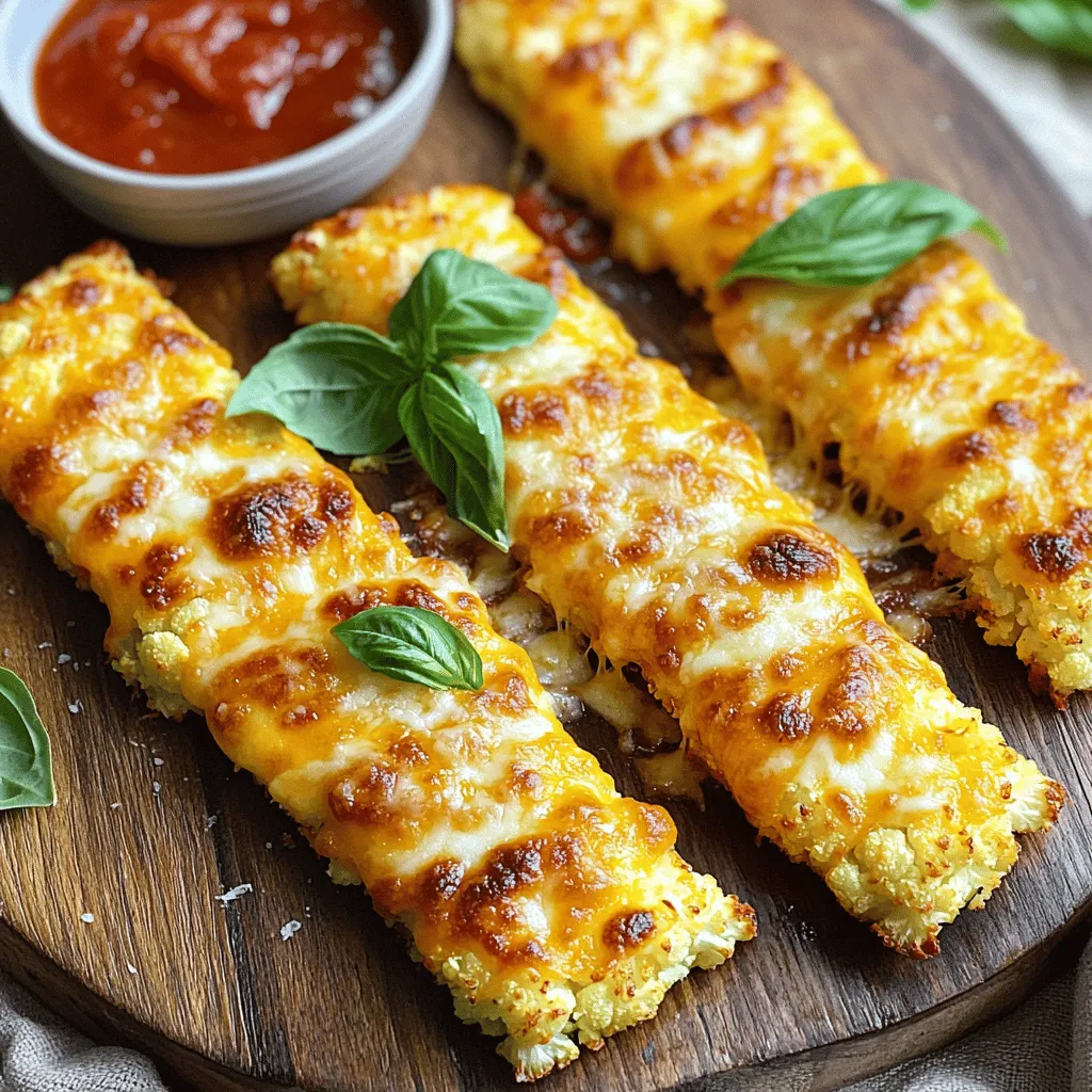 To make these cheesy cauliflower breadsticks, you will need: - 1 medium head of cauliflower, riced - 1 cup shredded mozzarella cheese - 1/2 cup grated Parmesan cheese - 2 large eggs - 1 teaspoon garlic powder - 1 teaspoon dried oregano - 1/2 teaspoon salt - 1/4 teaspoon black pepper - 1/4 teaspoon crushed red pepper flakes (optional) - 1/2 cup marinara sauce (for dipping) These ingredients work together to create a tasty, cheesy treat that everyone loves. You can customize your breadsticks to fit your taste. Try adding: - Fresh herbs like basil or parsley for extra flavor - A sprinkle of Italian seasoning for a zesty kick - Different cheeses like cheddar or pepper jack for a twist - Other spices like onion powder or smoked paprika Feel free to experiment and make this recipe your own! To prepare these breadsticks, gather the following tools: - A food processor for ricing the cauliflower - A microwave-safe bowl to cook the cauliflower - A clean kitchen towel to squeeze out moisture - A large mixing bowl for blending the ingredients - A baking sheet lined with parchment paper for easy clean-up Having the right tools makes cooking easier and more fun. Check out the Full Recipe for more details. To start, take your head of cauliflower and remove the leaves and stem. Then, cut it into smaller pieces. Next, you need to rice the cauliflower. Use a food processor for this step. Pulse it until it looks like fine crumbs. This will help form the base of your breadsticks. After ricing, place the cauliflower in a microwave-safe bowl. Microwave it for about 8 minutes until it is soft. Let it cool for a few moments. To make sure your breadsticks are crispy, it is important to remove excess moisture. Use a clean kitchen towel to squeeze out as much water as you can. Now that your cauliflower is ready, it’s time to mix the ingredients. In a large mixing bowl, add the drained cauliflower. Then, add 1 cup of shredded mozzarella cheese and 1/2 cup of grated Parmesan cheese. Crack in 2 large eggs. Sprinkle in 1 teaspoon of garlic powder, 1 teaspoon of dried oregano, 1/2 teaspoon of salt, and 1/4 teaspoon of black pepper. If you like some heat, add 1/4 teaspoon of crushed red pepper flakes. Mix everything together until it is well combined. The mixture should hold together when pressed. Next, you will form and bake your breadsticks. Line a baking sheet with parchment paper. Spread the cauliflower mixture onto the sheet, shaping it into a rectangle. Aim for a thickness of about 1/4 inch. This helps them cook evenly. Preheat your oven to 425°F (220°C) while you prepare the breadsticks. Bake them for 25-30 minutes. You want them to turn golden and firm. Once they are ready, take them out and let them cool a bit. Cut the breadsticks into strips. Serve them warm with marinara sauce for dipping. For a tasty touch, you can drizzle extra melted cheese on top and add fresh herbs for color. To get that perfect crunch, moisture control is key. After ricing the cauliflower, microwave it for eight minutes. Let it cool, then squeeze out all the water using a clean towel. This step really makes a difference. The drier your cauliflower, the crispier the breadsticks will be. Bake at 425°F (220°C) and watch for a golden color. For a rich flavor, I recommend using mozzarella and Parmesan. Mozzarella gives that gooey texture while Parmesan adds a nice sharpness. You can also try adding cheddar or a bit of feta for a twist. Mixing different cheeses makes each bite more exciting. I love serving these breadsticks warm with marinara sauce for dipping. You can also pair them with a fresh salad or a creamy dip. Try adding some fresh herbs on top for extra flavor. These breadsticks are great for parties or a cozy night in. For more details, check out the Full Recipe. {{image_2}} You can make Cheesy Cauliflower Breadsticks even tastier by adding herbs and spices. Try mixing in fresh basil or parsley for a burst of flavor. You can also add thyme or rosemary for a savory twist. Want some heat? A pinch of cayenne pepper can spice things up. Experiment with your favorite herbs to find the perfect mix. If you need a dairy-free option, there are great cheese alternatives. Look for plant-based mozzarella or cheddar. Nutritional yeast is another tasty option. It adds a cheesy flavor without dairy. You can also use cashew cheese for a creamy texture. This way, everyone can enjoy these breadsticks, no matter their diet. The right dipping sauce can make your breadsticks shine. Marinara is classic, but don’t stop there! Try a spicy aioli for a kick. If you love creaminess, ranch dressing is a great choice. You can even make a homemade pesto for a fresh taste. Mix it up and find your favorite sauce to pair with these delicious treats. To keep your cheesy cauliflower breadsticks fresh, place them in an airtight container. Make sure they cool completely before sealing. They will stay good for about 3 to 4 days in the fridge. If you want to keep them longer, freezing is a better option. Store them flat so they do not stick together. When you're ready to enjoy leftovers, preheat your oven to 350°F (175°C). Place the breadsticks on a baking tray. Heat them for about 10 to 15 minutes until they are warm and crispy again. You can also use the microwave, but this might make them soft. If you prefer extra cheese, sprinkle some on top before reheating! To freeze your cheesy cauliflower breadsticks, first let them cool completely. Then, slice them into sticks and arrange them in a single layer on a baking sheet. Freeze them for about 1 to 2 hours until firm. After that, transfer the frozen sticks to a zip-top bag. They will keep for up to 2 months. When you want to eat them, bake directly from frozen, adding a few extra minutes to the cooking time. Enjoy your tasty treat anytime! You can make Cheesy Cauliflower Breadsticks in advance. First, prepare the mixture and shape it. Instead of baking, cover it well and store it in the fridge. You can keep it there for up to 24 hours. When you’re ready to bake, just pop it in the oven. I love serving these breadsticks with marinara sauce for dipping. You can also add garlic butter or ranch dressing. Fresh veggies, like cucumber or celery sticks, can make a nice side. A salad can balance the meal well, too. Yes, Cheesy Cauliflower Breadsticks are gluten-free. They use cauliflower instead of flour. They are also low in carbs, making them a great choice for many diets. You can enjoy them without worrying about gluten or high carbs. In this post, I shared how to make cheesy cauliflower breadsticks. We explored key ingredients, specific steps, and handy tips to ensure success. Cooking should be fun and simple, and these breadsticks fit that mold perfectly. Remember, you can customize with herbs or different cheeses. Enjoy these with your favorite dips or as a side. With proper storage, you can savor them later. Dive into this delicious recipe, and share it with friends. Happy cooking!