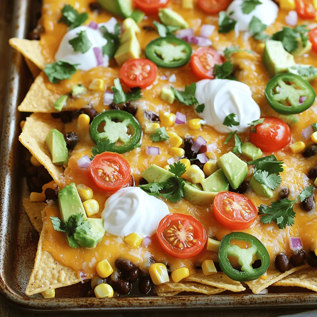 To make your nachos, you need a few key items: - 1 bag (12 oz) tortilla chips - 1 cup shredded cheddar cheese - 1 cup shredded Monterey Jack cheese - 1 can (15 oz) black beans, rinsed and drained - 1 cup corn kernels (fresh or frozen) - 1 jalapeño, sliced - 1/2 cup cherry tomatoes, halved These ingredients will give you the perfect base for cheesy, satisfying nachos. You can make your nachos even better with these extras: - 1 avocado, diced - 1/4 cup red onion, finely chopped - 1/2 cup sour cream - 1/4 cup fresh cilantro, chopped Feel free to add or swap toppings based on your taste. For this recipe, you will need: - A large sheet pan - An oven - A mixing bowl (for toppings) - A sharp knife and cutting board Having these items ready makes the process smooth and easy. For the full recipe, check the details above. First, I preheat the oven to 400°F (200°C). This temperature is perfect for melting the cheese. Next, I grab a large sheet pan. I line it with parchment paper for easy clean-up, but this step is optional. I then spread out the tortilla chips in a single layer. This helps every chip get its share of toppings. Now comes the fun part! I drizzle olive oil over the chips. This adds a nice flavor and helps with browning. I sprinkle salt and pepper to taste. After that, I add black beans and corn evenly over the chips. Next, I pile on the shredded cheddar and Monterey Jack cheese. I make sure to cover every inch of chips. For a spicy kick, I add jalapeño slices and halved cherry tomatoes on top. I carefully place the sheet pan in the oven. I bake the nachos for about 10-12 minutes. I keep an eye on them until the cheese melts and bubbles. Once they are ready, I take them out and let them cool for a couple of minutes. This helps the cheese set a bit. After cooling, I add fresh toppings like diced avocado, chopped red onion, and cilantro. Finally, I finish with dollops of sour cream. Now, they are ready to serve! Check out the Full Recipe for more details. To get the best cheese melt, use a mix of cheddar and Monterey Jack. These cheeses melt well together. Spread the cheese evenly over the chips. This helps each chip get its fair share of cheese. Bake at 400°F for about 10 to 12 minutes. Keep an eye on it. You want the cheese bubbly and slightly golden, not burnt. Add a drizzle of olive oil before baking. It adds flavor and helps crisp the chips. Sprinkle some salt and pepper for a simple yet tasty boost. For more flavor, consider adding taco seasoning or smoked paprika. These spices bring warmth to the dish. Also, fresh toppings like diced avocado, chopped onions, and cilantro make a big difference. They add freshness and crunch. One common mistake is overcrowding the chips. If you pile on too many toppings, the chips can become soggy. Stick to a single layer of chips. Another mistake is not preheating the oven. Always preheat for even cooking. Lastly, don’t skip the cooling time after baking. Let the nachos sit for a few minutes before adding toppings. This helps keep everything from sliding off. {{image_2}} You can easily make sheet pan nachos vegetarian or vegan. For a vegetarian twist, skip the meat and load up on veggies. Add more beans, peppers, or zucchini. For a vegan option, swap cheese for dairy-free cheese. Nutritional yeast also adds a cheesy flavor. Use avocado and fresh salsa for a tasty topping. These changes keep the dish hearty and delicious. Cheese is key to great nachos. While cheddar and Monterey Jack are classic, feel free to mix it up. Try pepper jack for a spicy kick. Gouda or queso blanco can add a rich taste. For a fun twist, use blue cheese crumbles for a strong flavor. Each cheese can change the entire vibe of your nachos. You can control the heat of your nachos. For mild nachos, avoid spicy toppings. Just use sweet peppers or regular jalapeños. If you like heat, add spicy jalapeños or even habaneros. Hot sauce can also spice things up. Adjust to your taste, and enjoy the perfect level of heat. Store your nachos in an airtight container. Layer the nachos with parchment paper. This helps keep them fresh. You can also wrap them tightly in plastic wrap. Avoid putting all the toppings on top when storing. To reheat nachos, use the oven for the best results. Preheat your oven to 350°F (175°C). Spread the nachos on a baking sheet. Bake for about 10 minutes. This will help them stay crispy. You can also microwave them, but be careful. They may get soggy. You can keep your nachos for up to three days in the fridge. After three days, the taste and texture may not be great. Always check for any strange smells or colors before eating. Enjoy your Sizzling Sheet Pan Nachos fresh for the best flavor! Yes, you can prepare some parts ahead of time. You can chop your veggies and cook any meat the day before. Store them in the fridge. However, it is best to bake the nachos right before serving. This keeps them hot and crispy. If you don't like black beans, try pinto beans or kidney beans. You can also use cooked lentils for a different taste. Each option adds great flavor and pairs well with cheese. To keep nachos crispy, follow a few tips. Spread the chips evenly on the sheet pan. Avoid piling on too many toppings. Bake them until the cheese melts but watch closely. Remove them from the oven right when they look bubbly. Yes, you can use baked chips if you prefer. They have less fat and calories. Just remember they may not hold as many toppings as regular chips, so be gentle when layering. Enjoy the crunch while keeping it healthier! Sheet pan nachos are easy to make and fun to share. We covered the key ingredients and how to layer them well. I shared tips for perfect cheese and flavor boosts. You have options for different tastes and storage tips for leftovers. Remember, with a few simple steps, you can create tasty nachos that everyone will love. Enjoy making this dish and feel free to experiment with your favorite toppings!