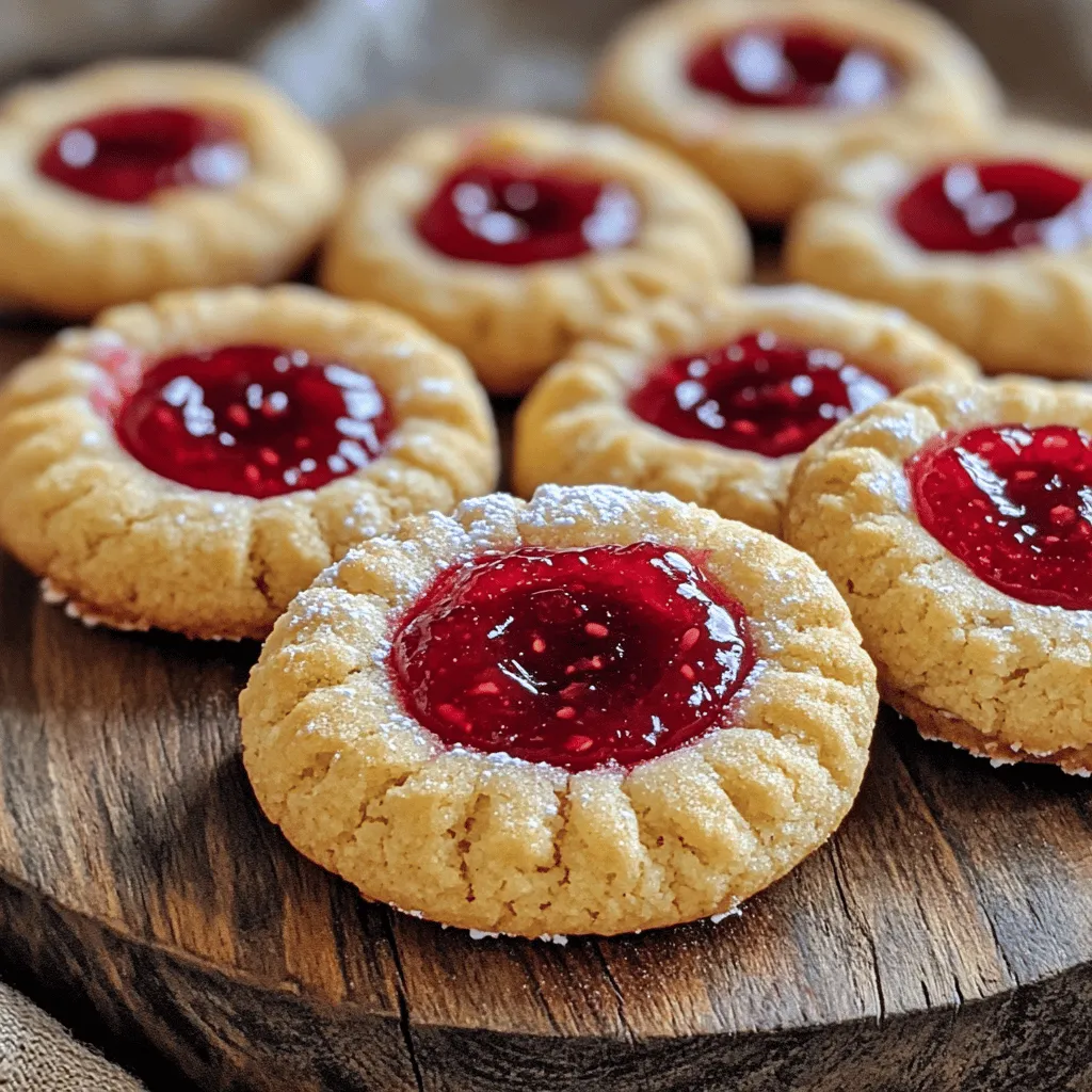 - 1 cup unsalted butter, softened - 1 cup powdered sugar - 1 teaspoon vanilla extract - 1 teaspoon almond extract - 2 cups all-purpose flour - 1/2 cup finely ground almonds (or almond flour) - 1/4 teaspoon salt - 1/2 cup raspberry jam - Extra powdered sugar for dusting (optional) You will need one cup of softened unsalted butter. This creates a nice creamy base. Use one cup of powdered sugar to sweeten the mix. It adds a light texture too. Add one teaspoon of vanilla extract for flavor. For a hint of nuttiness, include one teaspoon of almond extract. Next, grab two cups of all-purpose flour. This forms the dough structure. Add half a cup of finely ground almonds or almond flour for a deeper taste. Don’t forget one-quarter teaspoon of salt to balance the sweetness. Finally, you will need half a cup of raspberry jam for that sweet center. If you like, dust some extra powdered sugar on top for a pretty finish. Want to get creative? You can try adding a few chocolate chips for a sweet twist. You can even use different jams like apricot or peach if you want to mix flavors. For extra crunch, consider adding chopped nuts like walnuts or pecans. These additions make your cookies unique and fun to eat. Check out the Full Recipe for more ideas. First, gather all your ingredients. You need butter, powdered sugar, vanilla extract, almond extract, flour, ground almonds, salt, and raspberry jam. Preheat your oven to 350°F (175°C). Line a baking sheet with parchment paper to keep the cookies from sticking. In a large bowl, cream the softened butter and powdered sugar. Mix until light and fluffy, which takes about 3-5 minutes. Next, add the vanilla and almond extracts. Stir well to combine everything. In another bowl, whisk the all-purpose flour, ground almonds, and salt together. Slowly add this dry mix to the butter mixture. Stir until a soft dough forms. Now it’s time to shape the cookies. Roll the dough into small balls, about 1 inch wide. Place them on the prepared baking sheet. Leave space between each cookie as they will spread. Next, use your thumb or the back of a small spoon to create an indentation in the center of each ball. Be gentle but firm. Fill each indentation with about 1 teaspoon of raspberry jam. Try not to overfill; the jam should stay in the center. Place the baking sheet in the oven and bake for 12-15 minutes. Look for the edges to turn lightly golden. Once baked, remove the cookies and let them cool on the sheet for 5 minutes. After that, transfer them to a wire rack to cool completely. For an extra touch, dust with powdered sugar once cool. Follow these steps for the perfect raspberry almond thumbprint cookies. You can find the Full Recipe for more detailed instructions. One big mistake is over-mixing the dough. Mix just until it comes together. This keeps the cookies tender. Another mistake is using cold butter. Always use softened butter for the best texture. Don’t rush the cooling process either. Let them cool on the baking sheet for a few minutes before moving them. This helps them firm up and hold their shape. To get a great texture, pay attention to your butter. It should be soft but not melted. The dough should feel slightly sticky but manageable. When forming the balls, roll them gently between your palms to keep them smooth. If they stick too much, lightly dust your hands with flour. This will help you shape them without a mess. For a lovely finish, dust your cookies with powdered sugar after they cool. You can also add a small raspberry on top of each cookie for color. If you want a twist, drizzle some melted chocolate over them. This adds a rich flavor that pairs well with the tart jam. Explore different jams too, like apricot or strawberry, to create fun variations of this recipe. Check out the Full Recipe to see how fun and easy these cookies can be! {{image_2}} You can play with flavors for your thumbprint cookies. Instead of raspberry jam, try these: - Strawberry jam - Apricot preserves - Blueberry jam - Orange marmalade Each jam gives a new taste. You can even mix jams for fun flavors. The almond flavor pairs well with many fruits. Want to make your cookies gluten-free? You can swap the all-purpose flour. Use these options: - Almond flour - Coconut flour - Gluten-free all-purpose flour If you use almond flour, add a bit more butter. This will help keep the cookies moist. Coconut flour absorbs more liquid, so use less. You can make these cookies vegan too! Replace the butter with: - Vegan butter - Coconut oil For the egg, use a flax or chia seed mixture. Mix one tablespoon of seeds with three tablespoons of water. Let it sit until it thickens. This will help bind your cookies. Check the Full Recipe for more details on making these delicious cookies. After baking, let the cookies cool completely. Store them in an airtight container. This keeps them fresh and soft. You can layer parchment paper between cookies to prevent sticking. They will stay good for about a week at room temperature. You can freeze cookie dough for later use. Just roll the dough into balls as directed. Place the balls on a baking sheet and freeze until firm. Then, transfer them to a freezer bag. The dough can last for up to three months. When ready to bake, just pop them in the oven straight from the freezer. You may need to add a minute or two to the baking time. These cookies are best enjoyed fresh but can last a few days. Stored properly, they stay tasty for up to a week at room temperature. If you freeze them, they maintain their flavor and texture for about three months. For the freshest taste, enjoy them within a week or bake a fresh batch. You can find the full recipe if you want to make more! To make your cookies softer, use less flour. You can also add an extra egg yolk. This change gives the dough more moisture, which helps keep the cookies soft. When baking, do not overbake them. Take them out when they are just lightly golden. This keeps the centers soft and chewy. Yes, you can use other nuts! If you prefer, try hazelnuts or walnuts. Just make sure to grind them finely, so they blend well into the dough. The flavor will change, but it can still taste great. Each nut adds its own unique twist to the cookies. If you don’t have raspberry jam, use another type of jam. Strawberry or apricot jam works well too. You can even use chocolate spread for a fun twist. Just fill the thumbprint with your preferred jam and bake as normal. The cookies will still be delicious! For the full recipe, check out the link. This blog post covers making delicious Raspberry Almond Thumbprint Cookies. You learned about ingredients, measurements, and optional add-ins to make your cookies special. I provided step-by-step instructions, tips to avoid common mistakes, and ways to achieve perfect texture. You also discovered sweet variations and storage tips. These cookies are fun to make and share. Enjoy creating and tweaking the recipe to match your taste! Happy baking!
