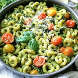 For a tasty One Pot Creamy Pesto Pasta, gather these key ingredients: - Pasta options: 12 oz (340g) of penne, fusilli, or spaghetti - Key flavor components: 1 tablespoon of olive oil, 3 cloves of minced garlic, and 3 cups of vegetable broth - Creamy elements: 1 cup of heavy cream and 1 cup of basil pesto (store-bought or homemade) - Fresh additions: 1 cup of halved cherry tomatoes and 1 cup of loosely packed spinach - Cheese and seasoning: ½ cup of grated Parmesan cheese, plus salt and pepper to taste When you combine these ingredients, you create a dish that is both simple and delicious. Each component adds its own flavor and texture, making every bite satisfying. The pasta absorbs the rich broth and cream, while the pesto gives it a fresh, herby kick. The cherry tomatoes and spinach add color and nutrition, making it a complete meal. You can find the complete recipe above to guide you through the cooking process. Enjoy making this easy yet gourmet dish! 1. Sauté aromatics in olive oil First, take a large pot. Heat 1 tablespoon of olive oil over medium heat. Add 3 cloves of minced garlic. Sauté for about 1 minute. You want it fragrant, not browned. 2. Cook pasta with vegetable broth Next, add 12 oz of your favorite pasta to the pot. Pour in 3 cups of vegetable broth. Bring this mixture to a boil. Once boiling, reduce the heat and simmer for 10 to 12 minutes. Stir often until the pasta is al dente and most of the liquid is absorbed. 3. Incorporate creamy elements Now, stir in 1 cup of heavy cream and 1 cup of basil pesto. Mix well until everything combines nicely. Let it cook for another 2 to 3 minutes. This will help the sauce thicken slightly. 4. Add vegetables Time to add some color! Toss in 1 cup of halved cherry tomatoes and 1 cup of spinach. Stir gently until the spinach wilts. This should take about 2 minutes. 5. Final touches Remove the pot from heat. Stir in ½ cup of grated Parmesan cheese. Season with salt and pepper to taste. If the pasta is too thick, add a splash of vegetable broth to loosen it up. Enjoy your One Pot Creamy Pesto Pasta! For the complete recipe, check out the [Full Recipe]. To get the best texture, cook your pasta until it is al dente. This means it should be firm but not hard. Test it a minute or two before the time is up. If you want a creamier sauce, you can adjust the consistency. Add more broth or a splash of cream as needed. For extra flavor, try adding more herbs or spices. A pinch of red pepper flakes can give it a nice kick. To save time, use pre-minced garlic. It’s quick and easy, and it saves you from chopping. When you chop vegetables, try to use a sharp knife. This helps you chop faster and safer. You can cook the pasta right in the sauce. This cuts down on extra dishes and makes cleanup easier. {{image_2}} You can easily change the pasta type to suit your needs. Try using gluten-free pasta if you want a different option. It works just as well and is just as tasty. You can also swap in proteins like chicken, shrimp, or tofu. Each choice adds a unique flavor and texture. For a vegan version, replace heavy cream and cheese. Use coconut cream or cashew cream instead. Nutritional yeast can add a cheesy flavor without dairy. To enhance the taste, add lemon zest. It brightens the dish and adds freshness. You can also mix in nuts like walnuts or pine nuts. They provide crunch and extra flavor. If you like some heat, sprinkle red pepper flakes or smoked paprika. This gives your pasta a nice kick. Each tweak allows you to customize your One Pot Creamy Pesto Pasta to your liking. For the full recipe, check out the relevant section above. To store leftover One Pot Creamy Pesto Pasta, follow these steps: - Refrigerate: Let the pasta cool down first. Place it in an airtight container. Store it in the fridge. It can last up to 3 days. - Freezing: For longer storage, freeze the pasta. Use a freezer-safe container. It can last up to 2 months. - Reheating: When ready to eat, thaw in the fridge overnight. You can reheat it in a microwave or on the stovetop. If using a microwave, heat in short bursts. For stovetop, add a splash of broth to loosen the pasta. Stir often to heat evenly. In the fridge, One Pot Creamy Pesto Pasta lasts about 3 days. Look for signs of spoilage: - Off smell or flavor - Slimy texture - Discoloration To extend freshness, store it properly and consume it quickly. Freezing is a great option for longer storage. Just remember to label your container with the date. How do I make this recipe in advance? You can prepare the One Pot Creamy Pesto Pasta ahead of time. First, cook the pasta and mix in the sauce as usual. Let it cool completely, then store it in an airtight container. You can keep it in the fridge for up to three days. When you are ready to eat, just reheat it on the stove over low heat. Add a splash of broth to help loosen the sauce. Can I use homemade pesto instead of store-bought? Absolutely! Homemade pesto can add a personal touch to your dish. Use fresh basil, garlic, nuts, cheese, and olive oil to make your pesto. This change can enhance the flavor and make the pasta feel more special. Just make sure it’s the same amount as the store-bought version, about one cup. How do I adjust servings for larger gatherings? To serve more people, simply multiply the ingredients. For example, if you want to serve eight people, double the ingredients in the Full Recipe. Be mindful of your pot size. You might need a larger pot or to cook in batches. Check the cooking time, as it may vary slightly with larger quantities. Caloric content per serving Each serving of One Pot Creamy Pesto Pasta has about 600 calories. This can change based on the specific ingredients you choose, like the type of pasta or if you use less cream. Nutrient breakdown This dish is a good source of protein, mainly from the cheese and heavy cream. It also offers healthy fats from the olive oil and pesto. If you choose whole grain pasta, it can be lower in carbs and higher in fiber. Dietary considerations If you need gluten-free options, use gluten-free pasta. The dish is vegetarian due to its ingredients. For a vegan option, substitute the heavy cream and cheese with plant-based alternatives. This blog post covered everything you need for a delicious pasta dish. We discussed the best ingredients, step-by-step instructions, and handy tips. You learned about ingredient swaps and fun flavor tweaks to make your meal unique. Proper storage and reheating tips help you enjoy leftovers without waste. Overall, you now have a complete guide to crafting a creamy, flavorful pasta dish that fits your taste. Take these ideas and make your next meal special!