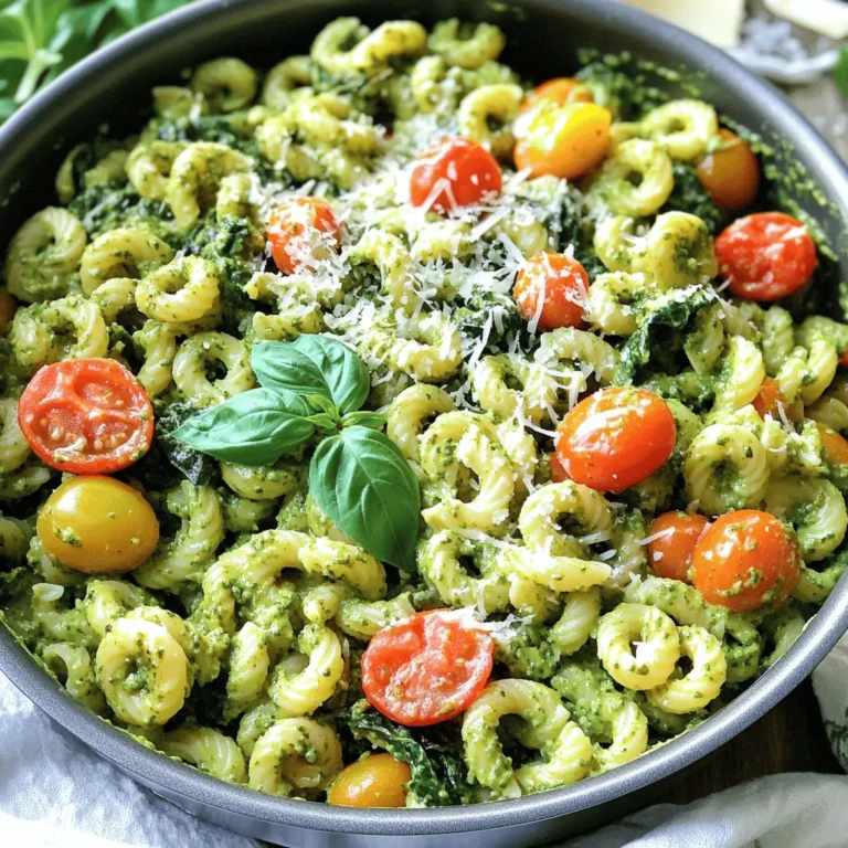 For a tasty One Pot Creamy Pesto Pasta, gather these key ingredients: - Pasta options: 12 oz (340g) of penne, fusilli, or spaghetti - Key flavor components: 1 tablespoon of olive oil, 3 cloves of minced garlic, and 3 cups of vegetable broth - Creamy elements: 1 cup of heavy cream and 1 cup of basil pesto (store-bought or homemade) - Fresh additions: 1 cup of halved cherry tomatoes and 1 cup of loosely packed spinach - Cheese and seasoning: ½ cup of grated Parmesan cheese, plus salt and pepper to taste When you combine these ingredients, you create a dish that is both simple and delicious. Each component adds its own flavor and texture, making every bite satisfying. The pasta absorbs the rich broth and cream, while the pesto gives it a fresh, herby kick. The cherry tomatoes and spinach add color and nutrition, making it a complete meal. You can find the complete recipe above to guide you through the cooking process. Enjoy making this easy yet gourmet dish! 1. Sauté aromatics in olive oil First, take a large pot. Heat 1 tablespoon of olive oil over medium heat. Add 3 cloves of minced garlic. Sauté for about 1 minute. You want it fragrant, not browned. 2. Cook pasta with vegetable broth Next, add 12 oz of your favorite pasta to the pot. Pour in 3 cups of vegetable broth. Bring this mixture to a boil. Once boiling, reduce the heat and simmer for 10 to 12 minutes. Stir often until the pasta is al dente and most of the liquid is absorbed. 3. Incorporate creamy elements Now, stir in 1 cup of heavy cream and 1 cup of basil pesto. Mix well until everything combines nicely. Let it cook for another 2 to 3 minutes. This will help the sauce thicken slightly. 4. Add vegetables Time to add some color! Toss in 1 cup of halved cherry tomatoes and 1 cup of spinach. Stir gently until the spinach wilts. This should take about 2 minutes. 5. Final touches Remove the pot from heat. Stir in ½ cup of grated Parmesan cheese. Season with salt and pepper to taste. If the pasta is too thick, add a splash of vegetable broth to loosen it up. Enjoy your One Pot Creamy Pesto Pasta! For the complete recipe, check out the [Full Recipe]. To get the best texture, cook your pasta until it is al dente. This means it should be firm but not hard. Test it a minute or two before the time is up. If you want a creamier sauce, you can adjust the consistency. Add more broth or a splash of cream as needed. For extra flavor, try adding more herbs or spices. A pinch of red pepper flakes can give it a nice kick. To save time, use pre-minced garlic. It’s quick and easy, and it saves you from chopping. When you chop vegetables, try to use a sharp knife. This helps you chop faster and safer. You can cook the pasta right in the sauce. This cuts down on extra dishes and makes cleanup easier. {{image_2}} You can easily change the pasta type to suit your needs. Try using gluten-free pasta if you want a different option. It works just as well and is just as tasty. You can also swap in proteins like chicken, shrimp, or tofu. Each choice adds a unique flavor and texture. For a vegan version, replace heavy cream and cheese. Use coconut cream or cashew cream instead. Nutritional yeast can add a cheesy flavor without dairy. To enhance the taste, add lemon zest. It brightens the dish and adds freshness. You can also mix in nuts like walnuts or pine nuts. They provide crunch and extra flavor. If you like some heat, sprinkle red pepper flakes or smoked paprika. This gives your pasta a nice kick. Each tweak allows you to customize your One Pot Creamy Pesto Pasta to your liking. For the full recipe, check out the relevant section above. To store leftover One Pot Creamy Pesto Pasta, follow these steps: - Refrigerate: Let the pasta cool down first. Place it in an airtight container. Store it in the fridge. It can last up to 3 days. - Freezing: For longer storage, freeze the pasta. Use a freezer-safe container. It can last up to 2 months. - Reheating: When ready to eat, thaw in the fridge overnight. You can reheat it in a microwave or on the stovetop. If using a microwave, heat in short bursts. For stovetop, add a splash of broth to loosen the pasta. Stir often to heat evenly. In the fridge, One Pot Creamy Pesto Pasta lasts about 3 days. Look for signs of spoilage: - Off smell or flavor - Slimy texture - Discoloration To extend freshness, store it properly and consume it quickly. Freezing is a great option for longer storage. Just remember to label your container with the date. How do I make this recipe in advance? You can prepare the One Pot Creamy Pesto Pasta ahead of time. First, cook the pasta and mix in the sauce as usual. Let it cool completely, then store it in an airtight container. You can keep it in the fridge for up to three days. When you are ready to eat, just reheat it on the stove over low heat. Add a splash of broth to help loosen the sauce. Can I use homemade pesto instead of store-bought? Absolutely! Homemade pesto can add a personal touch to your dish. Use fresh basil, garlic, nuts, cheese, and olive oil to make your pesto. This change can enhance the flavor and make the pasta feel more special. Just make sure it’s the same amount as the store-bought version, about one cup. How do I adjust servings for larger gatherings? To serve more people, simply multiply the ingredients. For example, if you want to serve eight people, double the ingredients in the Full Recipe. Be mindful of your pot size. You might need a larger pot or to cook in batches. Check the cooking time, as it may vary slightly with larger quantities. Caloric content per serving Each serving of One Pot Creamy Pesto Pasta has about 600 calories. This can change based on the specific ingredients you choose, like the type of pasta or if you use less cream. Nutrient breakdown This dish is a good source of protein, mainly from the cheese and heavy cream. It also offers healthy fats from the olive oil and pesto. If you choose whole grain pasta, it can be lower in carbs and higher in fiber. Dietary considerations If you need gluten-free options, use gluten-free pasta. The dish is vegetarian due to its ingredients. For a vegan option, substitute the heavy cream and cheese with plant-based alternatives. This blog post covered everything you need for a delicious pasta dish. We discussed the best ingredients, step-by-step instructions, and handy tips. You learned about ingredient swaps and fun flavor tweaks to make your meal unique. Proper storage and reheating tips help you enjoy leftovers without waste. Overall, you now have a complete guide to crafting a creamy, flavorful pasta dish that fits your taste. Take these ideas and make your next meal special!