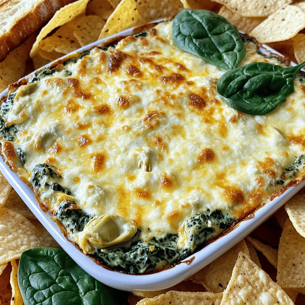 To make a rich and creamy spinach artichoke dip, you need some key ingredients. Here’s what you will use: - 1 cup fresh spinach, chopped - 1 cup artichoke hearts, canned or frozen (thawed and roughly chopped) - 1 cup cream cheese, softened - 1 cup sour cream - 1 cup shredded mozzarella cheese - 1/2 cup grated Parmesan cheese - 2 cloves garlic, minced - 1/4 teaspoon red pepper flakes - Salt and pepper to taste - 1 tablespoon lemon juice - Tortilla chips or sliced baguette for serving These ingredients work well together. They create a dip that is smooth and full of flavor. The spinach gives it a fresh taste, while the artichokes add a nice texture. You can mix things up with some optional ingredients. Here are a few ideas: - Add cooked, chopped bacon for a smoky flavor. - Use different cheeses like cheddar or feta for a twist. - Mix in some sautéed onions for added depth. - Try adding a splash of hot sauce for heat. These options let you customize your dip. Each addition brings its unique flair. This dip is not just tasty; it's also packed with nutrients. Here are some highlights: - Spinach is rich in vitamins A, C, and K. - Artichokes are high in fiber and antioxidants. - Cream cheese and sour cream provide calcium, though they add calories. - Garlic has health benefits, like boosting your immune system. With this mix, you can enjoy a dip that tastes great and offers some nutrition. You can find the full recipe [here](#). To start, gather your ingredients. You will need fresh spinach, artichoke hearts, cream cheese, sour cream, mozzarella cheese, and Parmesan cheese. Don't forget garlic, red pepper flakes, and lemon juice for flavor. 1. Preheat your oven to 350°F (175°C). This is key for even baking. 2. In a medium bowl, mix the softened cream cheese and sour cream. Blend until smooth. 3. Next, add the chopped spinach, artichokes, minced garlic, red pepper flakes, and both cheeses. 4. Season with salt and pepper. Stir everything until mixed well. 5. Transfer the mix to a baking dish. Spread it evenly across the bottom. Bake your dip at 350°F (175°C) for about 20 to 25 minutes. You want it bubbly and golden on top. Keep a close eye on it to avoid burning. Serve the dip hot for the best taste. Use tortilla chips or sliced baguette for dipping. A sprinkle of Parmesan cheese and a few fresh spinach leaves on top will look lovely. This dip is perfect for parties or cozy nights in. For the full recipe, check out the details above. To get the creamiest spinach artichoke dip, use softened cream cheese. This makes it easy to blend with the sour cream. You also want to mix well. This helps all the flavors blend together. Adding a splash of lemon juice adds brightness and balances the richness. Don’t forget the cheeses! Mozzarella and Parmesan create a smooth, cheesy base. One common mistake is not chopping the spinach and artichokes finely enough. Large pieces can make the dip hard to scoop. Another mistake is baking it too long. You want the dip bubbly, not dry. Lastly, be careful with seasoning. Too much salt can overwhelm the other flavors. Taste as you mix to get it just right. Spinach artichoke dip pairs well with many things. Tortilla chips are a classic choice. They add crunch and hold up well to the dip. Sliced baguette is another great option. It soaks up the creamy goodness nicely. You can also serve it with fresh veggies, like bell peppers or carrots, for a healthy twist. For a fun touch, try adding a few olives or pickles on the side for extra flavor. Check out the Full Recipe for the perfect way to enjoy this dip! {{image_2}} You can change up the cheese in your dip to create new flavors. Try using sharp cheddar for a stronger taste. Goat cheese can add a tangy touch. If you love blue cheese, mix it in for a bold flavor. Combining cheeses gives your dip a rich, creamy texture. Feel free to experiment and find your favorite mix! If you want to add some heat, red pepper flakes work great. You can also use cayenne pepper for a spicier kick. Fresh herbs like basil or dill can add a fresh taste. Adding garlic powder or onion powder can deepen the flavor too. Just a pinch of any spice can make your dip more exciting! For a lighter dip, swap out cream cheese for Greek yogurt. This change cuts calories but keeps it creamy. You can use low-fat sour cream too. To add fiber, use more spinach and artichokes. You can also cut back on cheese. Your dip will still taste great but be a bit healthier. Check out the Full Recipe to see how these swaps work! After enjoying your dip, let it cool first. Place it in an airtight container. This keeps it fresh for up to three days in the fridge. If you want, label the container with the date. This way, you won’t forget it’s there! To reheat your dip, use the oven for the best taste. Preheat the oven to 350°F (175°C). Place the dip in a baking dish and cover it with foil. Heat for about 15 to 20 minutes. If you want a crispy top, remove the foil for the last few minutes. You can also use a microwave, but it may not be as good. Heat in short bursts of 30 seconds. Stir it in between to make sure it warms evenly. You can freeze spinach artichoke dip for up to three months. First, let it cool completely. Then, place it in a freezer-safe container. Be sure to leave some space at the top, as it will expand. When ready to eat, thaw it in the fridge overnight. Reheat it using the oven for the best flavor. For the full experience, try making this dip fresh again! Yes, you can prepare spinach artichoke dip ahead. Just mix the ingredients and store them in the fridge. Cover it well to keep it fresh. When ready to bake, take it out and let it sit for about 30 minutes. This helps it cook evenly. Then, just pop it in the oven. It tastes great even after being made in advance. You can serve spinach artichoke dip with many tasty options. Here are some favorites: - Tortilla chips - Sliced baguette - Pita chips - Fresh veggies like carrots and celery - Crackers These pair well and add a nice crunch to each bite. You can also get creative and use different items based on your guests' likes. To make a dairy-free version of spinach artichoke dip, you can use alternatives. Try these swaps: - Use cashew cream or tofu instead of cream cheese. - Replace sour cream with coconut yogurt or plant-based yogurt. - Use dairy-free cheeses for mozzarella and Parmesan. These options still give you that creamy texture and rich flavor. You can enjoy this dip without worrying about dairy! Check out the Full Recipe for more details on how to make it. Spinach artichoke dip is a simple and tasty dish. By knowing the main and optional ingredients, you can customize it to your taste. The recipe's step-by-step instructions ensure easy preparation and cooking. Remember those tips for a creamy texture and to avoid common mistakes. You can also explore fun variations and proper storage methods. In short, spinach artichoke dip is easy, fun to make, and delicious to share. Enjoy crafting your own special version!