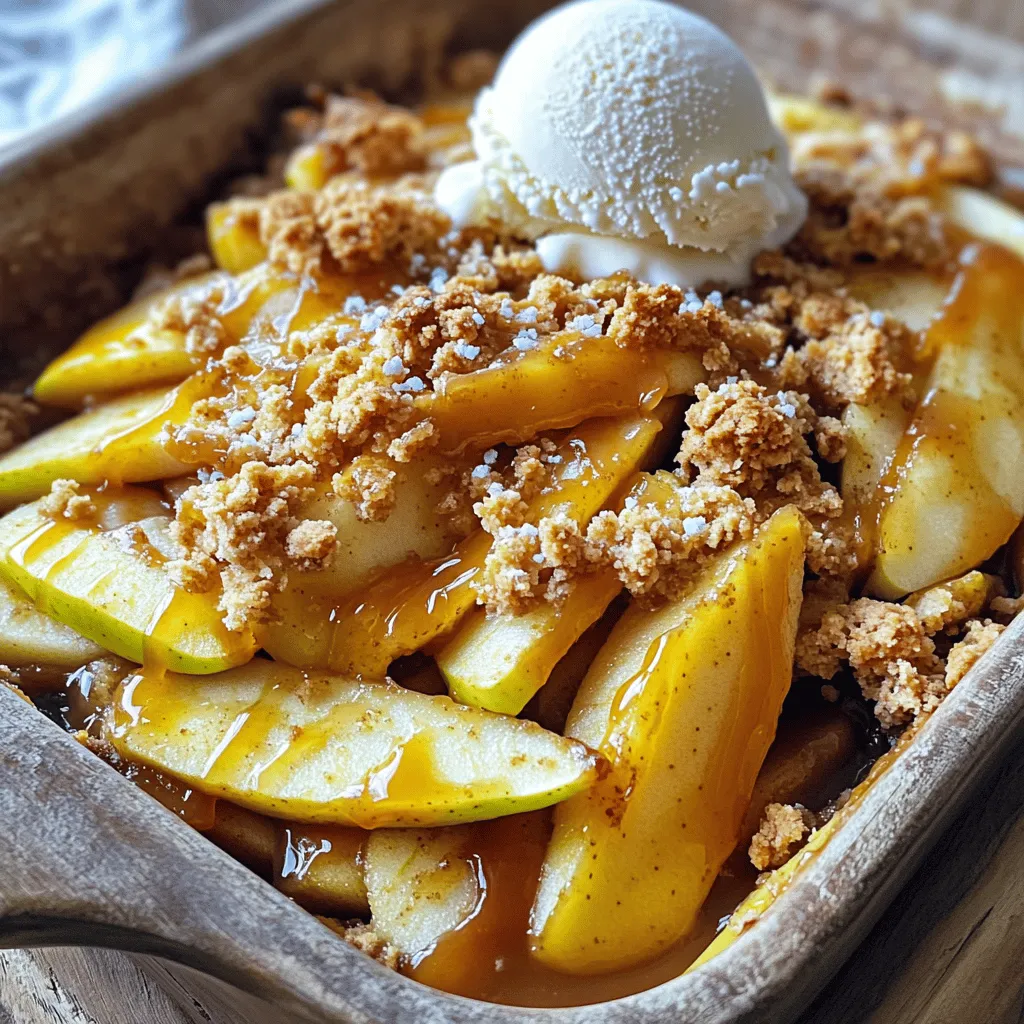 To make a fantastic salted caramel apple crumble, gather these key items: - 5 medium apples (like Granny Smith or Honeycrisp), peeled and sliced - 1 tablespoon lemon juice - 1 cup brown sugar, divided - 1 teaspoon ground cinnamon - ½ teaspoon nutmeg - ½ cup salted caramel sauce (store-bought or homemade) - 1 cup rolled oats - ¾ cup all-purpose flour - ½ cup cold unsalted butter, cubed - ¼ teaspoon salt Measuring ingredients accurately helps your dessert turn out just right. Use dry measuring cups for the flour and oats. A liquid measuring cup works well for the lemon juice and caramel sauce. When measuring brown sugar, pack it firmly into the cup for the best results. If you have a kitchen scale, use it for precise measurements, especially for the butter and flour. If you want to swap ingredients, here are some great ideas: - Use different apples like Fuji or Braeburn for a sweeter taste. - Swap lemon juice with apple cider vinegar for a tart kick. - Maple syrup can replace brown sugar for a unique flavor. - Try using coconut oil instead of butter for a dairy-free option. - Oats can be replaced with crushed nuts for a crunchier topping. You can find the full recipe [here](#). Making salted caramel apple crumble is fun and simple. You will need about 15 minutes to prep. The baking time is around 35 to 40 minutes. Gather your ingredients and tools first. You will need a large bowl, a baking dish, and a fork. 1. Preheat Oven: Start by turning your oven to 350°F (175°C). This warms up the oven for even baking. 2. Prepare Apples: In a large bowl, add your sliced apples. Pour in the lemon juice and mix well. Then, add ½ cup of brown sugar, cinnamon, and nutmeg. Toss everything until the apples are coated. 3. Layer Apples: Take a greased 9x13-inch baking dish. Spread the apple mixture evenly in the dish. Drizzle the salted caramel sauce over the apples. Make sure to cover them well. 4. Make Crumble Mix: In another bowl, mix the oats, flour, and the remaining ½ cup of brown sugar. Add the salt. Then, add your cold cubed butter. Using a fork or your fingers, mix until it looks like coarse crumbs. 5. Add Topping: Sprinkle the crumble topping evenly over the apples. This creates a nice layer on top. 6. Bake: Place the dish in the oven. Bake for 35 to 40 minutes. Look for a golden brown topping and bubbly apples. 7. Cool and Serve: Once baked, take the crumble out of the oven. Let it cool for about 10 minutes. This helps set the flavors before serving. Your salted caramel apple crumble is ready when the topping is golden brown. The apples will be bubbly and soft. If you insert a fork into the apples, they should feel tender. Allowing it to cool slightly helps keep the topping crunchy. Enjoy this warm, especially with a scoop of ice cream! Explore the full recipe to see more tips. To make the best crumble topping, use cold butter. Cut it into small pieces. This helps form a crumbly texture that is light and crispy. Mix the flour, oats, and sugar first. Then, add the butter. Use your fingers for a better blend. You want it to look like coarse crumbs. This step is key for that perfect crunch. Serving your apple crumble warm is the best choice. It pairs well with vanilla ice cream. The cold ice cream melts into the warm crumble, creating a tasty treat. Drizzle extra salted caramel sauce on top for more flavor. For a fun twist, add a sprinkle of sea salt. This brings out the sweetness and makes each bite special. One common mistake is using too much butter in the topping. This can make it greasy rather than crisp. Another mistake is not letting the crumble cool before serving. It’s always better to wait a bit. Lastly, don’t skip the salt in your topping mixture. It helps balance the sweetness and enhances the overall flavor. Follow these tips for a successful dessert! {{image_2}} You can use many fruits for this crumble. Instead of apples, try pears or peaches. Both fruits add a sweet, juicy flavor. Berries like blueberries or raspberries work well too. They give a nice tartness that pairs well with caramel. Mix and match fruits to find your favorite combo. Add spices to boost the flavor. Consider using ginger or allspice for warmth. You can also try adding vanilla or almond extract for a different twist. A little bit of each can make a big difference. Experiment with these flavors to find what you love best. If you want a healthier version, reduce the sugar. You can use honey or maple syrup as a sweetener. For gluten-free options, swap all-purpose flour for almond or oat flour. These small changes keep the dessert tasty while making it better for you. Enjoy your salted caramel apple crumble guilt-free! For the complete recipe, check out the [Full Recipe]. After you enjoy your salted caramel apple crumble, let it cool completely. Store leftovers in an airtight container. This keeps the flavors fresh and prevents drying out. Place the container in the fridge. It will last up to three days. If you want to keep it longer, freezing is a great option. To freeze your salted caramel apple crumble, let it cool first. Cut it into squares for easy servings. Wrap each piece tightly in plastic wrap. Then, place them in a freezer bag or container. Label it with the date. You can freeze it for up to three months. When you’re ready to enjoy, thaw it in the fridge overnight. Reheat your crumble in the oven for the best taste. Preheat your oven to 350°F (175°C). Place the crumble in an oven-safe dish and cover it with foil. Heat for about 15-20 minutes. If you like it warm and crispy, remove the foil for the last five minutes. You can also microwave individual pieces. Just heat for 30 seconds to 1 minute. Enjoy it warm, maybe with more caramel sauce on top. You can tell when the crumble is done by looking for a golden brown topping. The apples should bubble under the crust, showing that they cooked well. If you see this, it’s time to take it out of the oven. Let it sit for about 10 minutes to cool. This helps the flavors mix and lets you serve it easily. Yes, you can make this dessert ahead of time. Prepare the apple filling and crumble topping first. Store them separately in the fridge. When you’re ready to bake, just layer them in the dish and bake. This makes it easy for parties or family dinners. You can serve many tasty items with Salted Caramel Apple Crumble. Here are some great options: - Vanilla ice cream - Whipped cream - A drizzle of extra salted caramel sauce - A sprinkle of chopped nuts for crunch These options add flavor and texture to your dessert. You can also enjoy it with a cup of hot tea or coffee. - Can I use frozen apples? Yes, you can use frozen apples. Just thaw them first and drain excess liquid. - Is there a way to make this dish gluten-free? You can use gluten-free flour and oats for the crumble. - What if I don’t have salted caramel sauce? You can make your own sauce. Just melt sugar and add cream and salt. For the full recipe, check out the details above! You now have all the tools to make a great Salted Caramel Apple Crumble. We covered the key ingredients and how to measure them. You learned each step for a perfect bake and helpful tips to make it even better. Don't forget the variations and storage tips to keep your crumble fresh. With these pointers, you can impress anyone with this dessert. Enjoy every bite of your delicious creation!