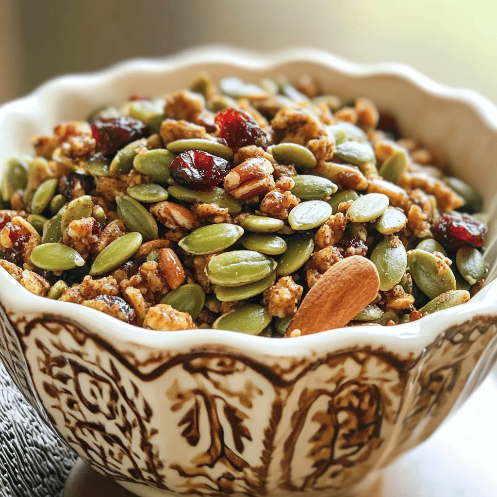 When making Spiced Pumpkin Seed Crunch, having the right ingredients is key. Here’s what you will need: - 2 cups raw pumpkin seeds (pepitas) - 1 tablespoon olive oil - 2 tablespoons maple syrup - 1 teaspoon cinnamon - 1/2 teaspoon smoked paprika - 1/4 teaspoon cayenne pepper (adjust for spice) - 1/4 teaspoon garlic powder - 1/4 teaspoon salt - 1/4 cup chopped nuts (such as almonds or pecans) - 1/4 cup dried cranberries or apricots, chopped (optional) These ingredients come together to create a crunchy, tasty snack. Pumpkin seeds are rich in nutrients, making this snack both delicious and healthy. The olive oil adds a nice richness, while the maple syrup gives it a sweet touch. Spices like cinnamon and smoked paprika bring warm flavors that excite your palate. You can add nuts and dried fruits to enhance texture and taste. For the full recipe, check out the details above! - Preheat your oven to 350°F (175°C) and line a baking sheet with parchment paper. This helps the seeds not stick. - In a large mixing bowl, combine 2 cups of raw pumpkin seeds, 1 tablespoon of olive oil, and 2 tablespoons of maple syrup. Stir this mix until the seeds get a nice coat. - Now, add 1 teaspoon of cinnamon, 1/2 teaspoon of smoked paprika, 1/4 teaspoon of cayenne pepper, 1/4 teaspoon of garlic powder, and 1/4 teaspoon of salt. Mix well to coat the seeds evenly with the spices. - Spread the spiced pumpkin seeds in a single layer on the prepared baking sheet. This ensures they toast well. - Toast them in your preheated oven for about 15-20 minutes. Stir halfway through to roast evenly. Keep an eye on them to prevent burning. They will be ready when they turn golden and smell great. - Once roasted, take them out of the oven and let them cool slightly. You can mix in 1/4 cup of chopped nuts and 1/4 cup of dried fruit if you want some extra flavor. - Allow the mix to cool completely on the baking sheet before moving it to an airtight container for storage. For the full recipe, check out the complete details above. To get the best crunch, watch your cooking time. Pumpkin seeds can burn quickly. Stir the seeds halfway through roasting. This ensures they cook evenly and get golden brown. You can change the spice levels to match your taste. If you love heat, add more cayenne. If you prefer milder flavors, reduce the spice. You can also mix in different nuts or seeds. Almonds, pecans, or sunflower seeds can add a fun twist. For a lovely display, serve your Spiced Pumpkin Seed Crunch in decorative bowls. This makes it a great snack or topping. You can garnish with extra pumpkin seeds on top for an eye-catching touch. Enjoy this tasty treat at parties or as a healthy snack! {{image_2}} You can make this snack even sweeter. Try adding chocolate or shredded coconut. These ingredients give a nice touch of sweetness. You can also experiment with honey or agave syrup. Both options add a rich flavor that pairs well with pumpkin seeds. If you prefer a savory taste, you have options too. Incorporate spices like curry or cumin. These spices bring warmth and depth to the crunch. You can also add cheese seasoning for a cheesy flavor. This adds a fun twist to the classic recipe. Seasonal flavors can change your Spiced Pumpkin Seed Crunch. Use nutmeg for a warm fall flavor. It’s perfect for autumn snacks. For the holidays, create a festive mix by adding dried fruits. Dried cranberries or apricots work great. These variations make your snack feel special for any time of year. To keep your Spiced Pumpkin Seed Crunch fresh, store it in an airtight container. This prevents moisture and keeps it crunchy. You should also keep it in a cool, dark place. A kitchen cupboard or pantry works great. Avoid areas with heat or direct sunlight. For the best taste and texture, enjoy your snack within 1-2 weeks. After that, the seeds may lose their crunch and flavor. If you notice any change in smell or taste, it’s best to toss them out. If you want to keep your Spiced Pumpkin Seed Crunch for longer, you can freeze it. Follow these steps: - First, let the crunch cool completely. - Once cooled, place it in a freezer-safe bag or container. - Remove as much air as you can before sealing. - Label the container with the date for easy tracking. When you're ready to enjoy it, just take out what you need. Let it thaw at room temperature for a few hours. This method helps keep the crunch and flavor intact. Spiced Pumpkin Seed Crunch is a tasty snack made from roasted pumpkin seeds. This mix of spices makes it crunchy and flavorful. Many people enjoy it for its great taste and healthy benefits. You can eat it on its own, sprinkle it on salads, or mix it into yogurt. It has become popular because it’s easy to make. You get a satisfying crunch and a hint of spice in every bite. Yes, you can adjust the spices! If you like more heat, add extra cayenne pepper. Prefer it milder? Just reduce the amount of cayenne. Cinnamon gives a warm flavor, so you can add more if you love that taste. Feel free to experiment with other spices too, like cumin or nutmeg. The beauty of this recipe is its flexibility. Make it your own! You can find pre-made Spiced Pumpkin Seed Crunch at many health food stores. Look for brands like “Made in Nature” or “Wildly Organic.” Online shops like Amazon also sell it. Be sure to check the ingredients to find the right mix for you. Some local markets may also carry it, especially during fall. Pumpkin seeds are packed with nutrients. They are a great source of protein and healthy fats. These seeds are rich in magnesium, which helps keep your bones strong. They also contain zinc, good for your immune system. Plus, pumpkin seeds are high in antioxidants, which protect your body from damage. Eating them can support heart health and improve your mood. Enjoying a snack like Spiced Pumpkin Seed Crunch gives you all these benefits in a tasty way! You now have a clear path to make Spiced Pumpkin Seed Crunch. Start with simple ingredients like pumpkin seeds, olive oil, and spices. Follow the easy steps to toast them perfectly. Remember, you can adjust flavors to match your taste. This snack is not just tasty; it's healthy too. Store it well for the best freshness, or freeze it for later. Enjoy your crunchy creation and share it with friends!