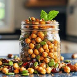 - 1 can (15 oz) chickpeas, drained and rinsed - 1 tablespoon olive oil - 1 teaspoon garlic powder - 1 teaspoon smoked paprika - 1/2 teaspoon cayenne pepper (adjust for spice level) - 1/2 teaspoon salt - 1/2 teaspoon black pepper - 1 cup mixed nuts (almonds, cashews, walnuts) - 1/2 cup dried cranberries or raisins - 1/4 cup pumpkin seeds (pepitas) You need these ingredients to make Crispy Roasted Chickpea Snack Mix. The chickpeas give the mix its base and protein. The olive oil helps the spices stick and creates crispiness. The spices add flavor. Garlic powder gives a savory twist. Smoked paprika adds depth. Cayenne pepper adds heat, but you can adjust this to your taste. Salt and black pepper round out the flavors. Mixed nuts and dried fruits add crunch and chewiness. Pumpkin seeds boost the nutrition even more. - 1 teaspoon maple syrup (optional, for sweetness) - Additional spices for flavor variations If you want a touch of sweetness, try adding maple syrup. It balances the spices and makes the mix even more fun to eat. You can also play with other spices. Try cumin for warmth or cinnamon for a sweet twist. These additions can change the whole taste of the mix. This snack is easy to prepare and perfect for sharing. You can find the full recipe in this article to guide you through the steps. 1. Preheat the oven and prepare chickpeas Start by preheating your oven to 400°F (200°C). This heat helps the chickpeas become crispy. Next, open a can of chickpeas. Drain them well in a colander and rinse them under cold water. This removes any excess sodium. Use a clean kitchen towel to pat the chickpeas dry. Removing moisture is key for crispiness. 2. Seasoning the chickpeas In a mixing bowl, add the dried chickpeas. Pour in 1 tablespoon of olive oil. Then add 1 teaspoon of garlic powder, 1 teaspoon of smoked paprika, 1/2 teaspoon of cayenne pepper, 1/2 teaspoon of salt, and 1/2 teaspoon of black pepper. Toss everything well so each chickpea gets coated. This mix gives a great flavor boost. 1. Roasting the chickpeas Spread the seasoned chickpeas in a single layer on a baking sheet lined with parchment paper. Place them in the oven and roast for 25-30 minutes. Don't forget to shake the pan halfway through. This helps them cook evenly. You want them to be golden brown and crispy. 2. Toasting the nuts While your chickpeas roast, grab a dry skillet. Over medium heat, add 1 cup of mixed nuts. Stir frequently for about 5-7 minutes. You want them to become fragrant but not burnt. Toasting enhances their flavor. 1. Mixing the roasted chickpeas with nuts and fruits Once the chickpeas are done, take them out and let them cool slightly. If you like a hint of sweetness, drizzle 1 teaspoon of maple syrup over them and toss to coat. In a large mixing bowl, combine the roasted chickpeas, toasted nuts, 1/2 cup of dried cranberries or raisins, and 1/4 cup of pumpkin seeds. Mix everything well until it is evenly combined. 2. Allowing the mixture to cool Let the snack mix cool completely before storing. This step keeps it crunchy. Once cool, transfer your snack mix to an airtight container. This will keep it fresh longer. Enjoy your healthy crunch from this crispy roasted chickpea snack mix! For a detailed view of steps, check the Full Recipe. To get that perfect crunch, drying the chickpeas is key. After rinsing them, pat them dry with a clean towel. This step helps remove excess moisture. If they stay wet, they won’t crisp up. Baking time is also important. Depending on your oven, you may need to adjust the time. Start checking at 25 minutes. Look for a golden-brown color. If they aren’t crispy yet, give them a few more minutes. Adding spices can really boost the flavor. Consider trying cumin or chili powder for a kick. You can also mix in some Italian herbs for a different taste. If you want sweetness, you can add honey or agave instead of maple syrup. This can make the snack mix more delightful. Experiment with these flavors to find what you love! For presentation, use colorful bowls or mason jars. This makes the mix look fun and inviting. You can even add a sprig of rosemary or mint on top for a fresh touch. Pair your snack mix with drinks like sparkling water or herbal tea. It also goes great with a light beer or a glass of white wine. Enjoy it during movie nights or as a healthy snack anytime! {{image_2}} You can make your crisp roasted chickpeas sweet or savory. For a sweet touch, add maple syrup or cinnamon. If you want a savory kick, try adding more spices like cumin or chili powder. You can also mix in different nuts and seeds. Almonds, cashews, and walnuts work great. You can even add sunflower or sesame seeds for extra crunch. If you need a vegan or gluten-free snack, this recipe fits the bill. Chickpeas are naturally vegan and gluten-free. For nut-free options, skip the mixed nuts or use seeds instead. You can replace nuts with more chickpeas or try using puffed grains. This keeps your snack tasty and safe for those with allergies. If you're short on time, you can find store-bought crispy roasted chickpea mixes. Many brands offer great options. Look for those with clean ingredients and no added sugars. Some recommended brands include Biena and The Good Bean. They provide the same crunch and flavor, making them a quick and tasty alternative to homemade. Store your crispy roasted chickpea snack mix in an airtight container. This keeps air out and helps the mix stay crunchy. You can use glass jars or plastic containers with tight-fitting lids. Make sure the mix is completely cool before sealing. This prevents moisture build-up, which can ruin the texture. If stored properly, your snack mix lasts about one week. After that, it may lose its crunch and flavor. Signs of spoilage include a soft texture or an off smell. If you notice these signs, it’s best to toss the mix and make a fresh batch. To re-crisp the mix, spread it on a baking sheet. Heat your oven to 350°F (175°C) and bake for about 5-10 minutes. Keep an eye on it to prevent burning. If the mix is stale, try adding a touch of olive oil. This can help bring some life back to your snack mix. How do I know when the chickpeas are done roasting? You will know the chickpeas are done when they are golden brown and crispy. They should be firm and crunchy, not soft. Shake the pan halfway through to help them roast evenly. Keep an eye on them in the last few minutes to avoid burning. Can I make this recipe in advance? Yes, you can make this snack mix in advance. Just store it in an airtight container after it cools down. It stays fresh for about a week. You can enjoy it anytime as a quick snack! What are the health benefits of chickpeas? Chickpeas are high in protein and fiber. They help keep you full and satisfied. They also contain vitamins and minerals like iron and folate. Eating chickpeas can support heart health and aid digestion. How many calories are in a serving of this snack mix? A serving of this snack mix has roughly 200 calories. This count may vary based on the nuts and fruits you use. It’s a healthy choice for a crunchy snack! Can I use other legumes instead of chickpeas? Yes, you can use other legumes like black beans or lentils. Just make sure to adjust the cooking time since they may take less time to roast. What can I replace nuts with in this recipe? If you need a nut-free option, try using seeds like sunflower or sesame seeds. These will still add crunch and flavor to your mix! You now know how to create a tasty roasted chickpea snack mix. We covered essential and optional ingredients, plus easy preparation steps. You learned tips for perfect crispiness and flavor boosts. Explore variations to suit your taste and dietary needs. Finally, I shared best practices for storage and reheating. Making this snack is simple, fun, and healthy. Enjoy your tasty creation at any time!