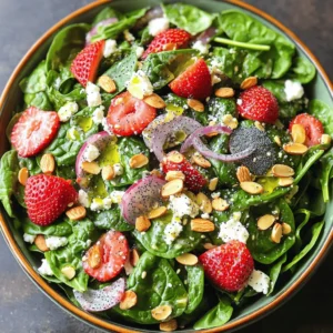 - 4 cups fresh baby spinach - 2 cups strawberries, hulled and sliced - 1/2 cup sliced almonds, toasted - 1/4 cup feta cheese, crumbled - 1/4 red onion, thinly sliced - 1/4 cup poppy seeds - 1/4 cup olive oil - 2 tablespoons apple cider vinegar - 1 tablespoon honey - Salt and pepper to taste To make this Spinach Strawberry Poppyseed Salad, you need fresh and vibrant ingredients. Start with 4 cups of fresh baby spinach. This greens base adds a crisp bite and a lovely green color. Next, slice 2 cups of strawberries. These sweet fruits bring a burst of flavor and a hint of color to the dish. For added texture, toast 1/2 cup of sliced almonds. Toasting enhances their nutty flavor. Crumble 1/4 cup of feta cheese for a creamy and tangy contrast. Then, thinly slice a 1/4 red onion. This will add a bit of sharpness to the mix. For the dressing, gather 1/4 cup of poppy seeds. These tiny seeds give a nice crunch. Combine them with 1/4 cup of olive oil for a rich base. Mix in 2 tablespoons of apple cider vinegar for acidity. Add 1 tablespoon of honey for sweetness, and don't forget salt and pepper to taste. All these components work together to create a fresh and tasty dish. You can find the full recipe [here](#). Start by gathering your ingredients. In a large bowl, combine: - 4 cups fresh baby spinach - 2 cups strawberries, hulled and sliced - 1/2 cup sliced almonds, toasted - 1/4 cup feta cheese, crumbled - 1/4 red onion, thinly sliced Mix these well. This blend gives the salad a bright look and a fresh taste. In a small mixing bowl, prepare the dressing. Whisk together: - 1/4 cup olive oil - 2 tablespoons apple cider vinegar - 1 tablespoon honey - 1/4 cup poppy seeds Make sure it blends smoothly. This dressing ties the salad together with a sweet and tangy flavor. Pour the dressing over your salad. Toss gently to coat all the ingredients. Add salt and pepper to taste. Adjust these as you like. Serve right away for the best flavor. If you want, let it chill for about 10 minutes. This lets the flavors meld nicely. Enjoy this fresh dish from the Full Recipe! For this salad, use fresh, organic produce for the best flavor. Fresh baby spinach adds a nice crunch. Strawberries should be bright red and ripe. When you choose quality ingredients, your salad will taste amazing. Organic products often have better taste and nutrition. You can experiment with different vinegars or sweeteners in the dressing. While apple cider vinegar works great, try balsamic or red wine vinegar for a different twist. Honey adds sweetness, but you can use maple syrup if you want a vegan option. Adjust the amounts of each ingredient to fit your taste. This salad is best served immediately. If you need to prepare it ahead of time, chill it in the refrigerator for about 10 minutes before serving. This allows the flavors to blend nicely. Serve it in a large bowl or on individual plates. Garnish with extra strawberries and a sprinkle of poppy seeds for a lovely look. You can find the full recipe at the end of this article. {{image_2}} You can boost your salad with protein. Consider adding grilled chicken or shrimp. Both options add great flavor and make the dish more filling. Grilled chicken offers a mild taste, while shrimp brings a sweet, ocean flavor. Just slice the protein and mix it in before serving. This makes the salad perfect for lunch or dinner. Fruits change with the seasons. You can swap strawberries for other fruits. In summer, peaches add a juicy sweetness. Blueberries are great in late spring or summer, too. Each fruit gives a unique twist to the salad. Try different combinations to discover your favorite. For those with nut allergies, you can make simple changes. Replace almonds with seeds like pumpkin or sunflower seeds. These seeds add crunch and a nutty flavor without allergens. You can also leave out cheese for a dairy-free version. These small tweaks let everyone enjoy this salad. If you want to try this salad, check out the Full Recipe for detailed instructions and tips. Store leftovers in an airtight container in the refrigerator. This keeps the salad fresh and crisp. Best consumed within 1-2 days for optimal freshness. After this, the spinach may wilt, and the strawberries could spoil. Note that this salad does not freeze well due to the fresh ingredients. Freezing changes the texture of spinach and strawberries, making them mushy. Enjoy it fresh for the best taste and quality! For the full recipe, check the recipe section above. Yes, but it's best to dress the salad just before serving to maintain freshness. This helps keep the spinach crisp and the strawberries juicy. If you want to prepare it earlier, you can mix all the dry ingredients and store them separately. Dress the salad right before serving for a vibrant and fresh taste. Try goat cheese or omit it entirely for a dairy-free version. Goat cheese adds a nice tang, while skipping cheese makes it lighter. If you want to keep it creamy without cheese, you could use avocado instead. This gives a rich texture and flavor. Use maple syrup instead of honey and omit the cheese. This way, you keep all the flavors while making it plant-based. You can also add other toppings like roasted chickpeas for extra protein. This salad remains delicious and satisfying without any animal products. This post shared a fresh salad recipe packed with flavor. You learned about key ingredients like spinach and strawberries. I gave you clear steps for assembly and dressing preparation. Remember to choose quality produce for the best results. Feel free to try variations with different proteins or seasonal fruits. This salad provides a simple, quick, and healthy meal. Enjoy making it your own and share it with friends!