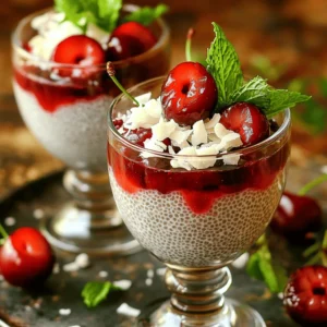 To make Cherry Coconut Chia Pudding, you need: - 1 cup coconut milk (canned or carton) - 1/4 cup chia seeds - 2 tablespoons maple syrup (or honey) - 1 teaspoon vanilla extract - 1 cup fresh or frozen cherries, pitted and halved - 1/4 cup shredded coconut, unsweetened - Fresh mint leaves for garnish (optional) These ingredients are simple yet flavorful. The coconut milk gives a creamy base, while chia seeds add a nice texture. You can sweeten it with maple syrup or honey. The cherries add a burst of flavor and a bright color. You can change some of these ingredients if you want. Try almond or oat milk instead of coconut milk for a different taste. You can use agave syrup or stevia in place of maple syrup. If you want, swap cherries for berries like blueberries or strawberries. These changes can create a new twist on this dish. You can use either fresh or frozen cherries. Fresh cherries are juicy and sweet. They work well in the pudding, but they might not always be in season. Frozen cherries are just as good. They are picked at the peak of ripeness and freeze well. They can also save you time, as you won’t need to pit them. Both options will give you a tasty pudding. It just depends on what you prefer and what you have on hand. To start making your Cherry Coconut Chia Pudding, gather your ingredients first. You need: - 1 cup coconut milk (canned or carton) - 1/4 cup chia seeds - 2 tablespoons maple syrup (or honey) - 1 teaspoon vanilla extract - 1 cup fresh or frozen cherries, pitted and halved - 1/4 cup shredded coconut, unsweetened - Fresh mint leaves for garnish (optional) First, take a mixing bowl. Pour in the coconut milk, then add the chia seeds, maple syrup, and vanilla extract. Use a whisk to mix them well. Make sure the chia seeds spread evenly in the liquid. Next, cover the bowl with plastic wrap or a lid. Place it in the fridge for at least four hours. I recommend chilling it overnight. This step is key because the chia seeds need time to absorb the liquid. They will turn into a gel-like texture, making your pudding thick and creamy. After the chilling period, check the pudding. Stir the mixture gently to break up any clumps of chia seeds. Then, fold in the pitted cherries and shredded coconut. Save a few cherries for topping later. Now, it’s time to serve. Use serving glasses or bowls to spoon in the chia pudding. Top with the reserved cherries and add extra shredded coconut on top. If you like, garnish with fresh mint leaves for a nice touch. This Cherry Coconut Chia Pudding is not only easy to make but also a delightful, energizing snack. For the full recipe, feel free to check the details above. Achieving the Perfect Consistency To get that creamy texture, use a good ratio of chia seeds to liquid. I recommend 1/4 cup of chia seeds for every cup of coconut milk. Stir the mix well before chilling. This helps the seeds distribute evenly. After chilling, stir again to break up clumps. If it’s too thick, add a splash of coconut milk. Sweetening Options: Maple Syrup vs. Honey You can sweeten your pudding with either maple syrup or honey. Maple syrup is great for a vegan option. It adds a rich flavor. Honey is sweeter and has a floral note. Start with two tablespoons, then taste and adjust. Remember, the cherries will also add sweetness! Presentation Ideas for Serving Make your pudding look as good as it tastes. Use clear glasses to show off the layers. Add fresh cherries on top for a pop of color. Sprinkle shredded coconut for texture. If you want a fresh touch, add mint leaves. It’s all about making your dish inviting and fun to eat. For the full recipe, check out the Cherry Coconut Chia Pudding recipe section. {{image_2}} You can change the flavor of your cherry coconut chia pudding easily. Here are some fun ideas: - Use Different Fruits in Chia Pudding Instead of cherries, try mango, berries, or banana. Each fruit brings its own taste and color. For example, blueberries add a sweet and tart punch. Strawberries give a bright look and a juicy bite. - Adding Nuts or Seeds for Texture Toss in some nuts like almonds or walnuts. They add a nice crunch. You can also use seeds like pumpkin or sunflower seeds. This gives your pudding extra nutrition and texture. - Chocolate or Cocoa Infusion Options If you love chocolate, mix in cocoa powder. This makes the pudding rich and decadent. You can add a little more maple syrup to balance the taste. Just stir in the cocoa after mixing the base. These variations keep your chia pudding exciting! You can make it new each time. For the full recipe, check out the Cherry Coconut Chia Pudding section. To keep your cherry coconut chia pudding fresh, use airtight containers. Glass jars or plastic containers work great. Make sure the lid seals tightly to prevent air from getting in. This keeps your pudding safe from spoilage. The shelf life of chia pudding is about five days in the fridge. You can enjoy it throughout the week as a healthy snack. If you want to save it longer, consider freezing it. Chia pudding can last up to three months in the freezer. Just remember to leave a little space at the top of your container. It expands when frozen. When reheating leftovers, simply take out the amount you want. You can use a microwave or a small pot. If it feels too thick, add a splash of coconut milk to loosen it up. Stir well and warm it gently. Enjoy it either cold or warm, based on your preference. For the complete recipe, check out the [Full Recipe]. Yes, chia pudding is very healthy. Chia seeds are packed with fiber, protein, and omega-3 fatty acids. These nutrients help keep you full and energized. Coconut milk adds healthy fats and a creamy texture. Overall, this cherry coconut chia pudding is a great choice for a snack or breakfast. Absolutely! This recipe is already vegan-friendly. Use maple syrup as your sweetener. It’s a great alternative to honey. Just follow the [Full Recipe] for easy steps to make it vegan. Chia pudding can last up to five days in the fridge. Store it in an airtight container to keep it fresh. If you notice any change in smell or texture, it's best to toss it. If you don’t have coconut milk, try almond milk or oat milk. Both options work well and still keep the pudding creamy. You can also use soy milk for a richer taste. Adjust sweetness to your liking when using different milk types. Cherry coconut chia pudding is easy and fun to make. We covered key ingredients, including fresh cherries and coconut milk. You learned the best ways to prepare and serve it. Tips helped you achieve the right texture and sweetness. We explored tasty variations and smart storage options. In the end, this pudding is a healthy treat you can enjoy. Try different fruits to find your favorite mix. Get creative and have fun making it!