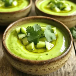 Let’s dive into the ingredients for this refreshing cucumber avocado gazpacho. Each item brings a burst of flavor and nutrition. Here’s what you need: - 2 large cucumbers, peeled and roughly chopped - 1 ripe avocado, pitted and diced - 1 green bell pepper, seeds removed and chopped - 1 small red onion, chopped - 2 cups vegetable broth - 2 tablespoons lime juice - 1 clove garlic, minced - 1 teaspoon cumin - Salt and pepper to taste - Fresh cilantro or mint for garnish These ingredients work together to create a vibrant and tasty summer soup. The cucumbers give a crisp texture, while the avocado adds creaminess. The green bell pepper and red onion bring a fresh crunch and a hint of sweetness. You can adjust the lime juice to your taste for that perfect zesty kick. When you gather these ingredients, think about their colors and textures. They not only make your dish look great but also provide a variety of nutrients. For the full details on how to make this delicious soup, check out the Full Recipe. - Step 1: Combine vegetables in a blender. Start with 2 large cucumbers, 1 ripe avocado, 1 green bell pepper, 1 small red onion, and 1 clove of minced garlic. Toss them all into the blender. The mix brings a fresh taste. - Step 2: Add broth and lime juice. Pour in 2 cups of vegetable broth and 2 tablespoons of lime juice. The broth adds depth. The lime juice gives a bright kick. - Step 3: Blend until smooth and creamy. Blend on high speed. Watch as the mix turns silky and smooth. This step is key for a delightful texture. - Step 4: Season the mixture. Add 1 teaspoon of cumin, salt, and pepper to taste. Blend for a few seconds. Adjust the seasonings to your liking. - Step 5: Chill before serving. Transfer the gazpacho to a bowl or container. Refrigerate for at least 30 minutes. This cooling time allows the flavors to mingle. - Step 6: Final touches before serving. Give it a good stir before serving. You can taste it one last time. Serve in bowls, garnished with fresh cilantro or mint. Drizzle some olive oil on top for a special touch. This chilled cucumber avocado gazpacho is perfect for hot summer days. You can find the full recipe above. Enjoy each refreshing bite! Adjusting thickness To get the right thickness for your gazpacho, start with the base recipe. If it's too thick, add more vegetable broth. Blend again until smooth. If it’s too thin, blend in more cucumber or avocado. You want it creamy but not runny. How to prevent browning of avocado Avocado can brown quickly. To keep it fresh, add lime juice right after cutting. This helps slow down oxidation. If you make the gazpacho ahead of time, store it in an airtight container. This keeps air out and helps prevent browning. Adding spices for depth Spices can transform your gazpacho. Cumin adds warmth and earthiness. You can also add a pinch of paprika or cayenne for a kick. Start with small amounts, then taste and adjust. This way, you build flavor without overwhelming the dish. Importance of seasoning Seasoning is key! Salt and pepper enhance all the flavors. Always taste your soup before serving. Adjust salt or lime juice as needed. A well-seasoned gazpacho makes a big difference. Garnishing ideas A beautiful garnish makes your soup pop. Use fresh cilantro or mint leaves on top. You can also add diced cucumber or avocado for texture. A drizzle of olive oil adds shine and flavor too. Serving suggestions Serve the gazpacho in chilled bowls. For a fun twist, try small shot glasses for appetizers. Pair it with crusty bread or a light salad. Enjoying it cold makes it perfect for hot days. For the full recipe, check the previous section. {{image_2}} You can mix up the base ingredients in your gazpacho. Try using zucchini or tomatoes instead of cucumbers. Both add a fresh taste. If you want more protein, consider adding chickpeas or black beans. They boost the dish and make it more filling. Want a kick? Add jalapeños to your blend for a spicy version. This will give your gazpacho a nice heat. For a fresh twist, use herbs like basil or dill. These herbs add a bright flavor that pairs well with the creamy avocado. Pair your gazpacho with grilled fish or shrimp for a light meal. It also works great as a starter. For a fun twist, serve it in shot glasses at parties. This makes for a cute and easy way to enjoy the soup. You can find the full recipe above! Cucumber avocado gazpacho stays fresh in the fridge for up to three days. Store it in an airtight container to keep out air and moisture. If you want to keep it longer, consider freezing it. However, freezing can change its texture. When you thaw it, it may not be as creamy as fresh. This gazpacho is best enjoyed cold. If you have leftovers, just give it a good stir before serving. If it seems too thick, add a little vegetable broth to thin it out. Pair it with crusty bread or a fresh salad for a light meal. For a twist, serve it in small cups as an appetizer at your next gathering. Can I make this recipe ahead of time? Yes, you can make this gazpacho a day in advance. Just chill it in the fridge. The flavors blend well overnight, making it even tastier. What's the best way to serve gazpacho? I recommend serving gazpacho in chilled bowls. Add a garnish of fresh herbs on top. A drizzle of olive oil adds a nice touch too. Is this soup suitable for meal prep? Absolutely! This soup stores well. You can keep it in the fridge for up to three days. Just give it a stir before serving. How do I vary the spice levels? To adjust spice levels, try adding a pinch of cayenne or chili powder. You can also mix in diced jalapeños for heat. Start with a little, then add more to taste. Calories per serving Each serving has about 150 calories. This makes it a light and healthy meal option. Health benefits of main ingredients - Cucumbers: Hydrate and low in calories. - Avocados: Packed with healthy fats and vitamins. - Bell peppers: High in vitamin C and antioxidants. - Onions: Promote heart health and add flavor. Can I use a food processor instead of a blender? Yes, a food processor works well too. Just make sure to blend until smooth. You may need to scrape down the sides a few times. What’s the difference between gazpacho and other cold soups? Gazpacho is a type of cold soup, usually made with vegetables. It’s raw and has a fresh taste. Other cold soups may use cooked ingredients or differ in texture. In this blog post, I covered how to make a delicious cucumber avocado gazpacho. You learned the key ingredients and simple steps for preparation. I shared tips to enhance flavors and perfect the texture. There are also fun variations to explore. In summary, this refreshing soup is easy to make and great for warm days. Enjoy trying this recipe and make it your own with different spices and veggies. It’s a tasty way to stay healthy.