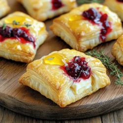 - 1 package of puff pastry (2 sheets), thawed - 8 ounces of Brie cheese, cut into small cubes - 1 cup cranberry sauce (store-bought or homemade) - 1 egg, beaten (for egg wash) - Fresh thyme leaves, for garnish - 1 tablespoon honey (optional) - Salt and pepper to taste The ingredients for Cranberry Brie Bites are simple and easy to find. Puff pastry gives a light, flaky base. Brie cheese adds a creamy texture and rich flavor. The cranberry sauce brings a sweet and tangy taste. You can use store-bought sauce or make your own for a personal touch. I love adding fresh thyme as a garnish. It looks great and adds a nice herbal note. The honey is optional but can enhance the sweetness. A pinch of salt and pepper rounds out the flavors perfectly. - Baking sheet - Parchment paper - Rolling pin - Sharp knife Having the right tools makes cooking easier. A baking sheet lined with parchment paper helps with clean-up. A rolling pin is essential for rolling out the pastry. A sharp knife makes cutting the pastry into squares quick and precise. This recipe is fun and allows for creativity. You can easily adjust flavors or presentation. Enjoy making these bites for your next gathering! For the full recipe, check the detailed instructions above. - Preheat your oven to 375°F (190°C). - Line a baking sheet with parchment paper. - Roll out the thawed puff pastry sheets on a floured surface. - Cut the pastry into 2-inch squares. - Place a cube of Brie cheese in the center of each square. - Top the cheese with about 1 teaspoon of cranberry sauce. - If you want, drizzle a little honey on top for sweetness. - Fold the corners of the pastry over the filling to seal it. - Brush the tops of the pastry pockets with the beaten egg. - Season with a pinch of salt and pepper. - Bake for 15-20 minutes until they are golden brown. The full recipe is simple and fun! This dish will wow your guests. Enjoy making these tasty bites! Achieving the perfect puff pastry takes some care. Use chilled puff pastry for best results. Cold dough puffs better in the oven. When placing the pastry squares on the baking sheet, ensure even space between them. This helps each bite cook evenly and get nice and crispy. For flavor enhancements, consider drizzling honey over the cranberry sauce. This adds extra sweetness that balances the tangy cranberry. You can also add spices like nutmeg or cinnamon for a warm twist. These spices pair well with the creamy Brie and fruity sauce. Presentation matters when serving Cranberry Brie Bites. Serve them on a wooden platter for a rustic look. Garnish with fresh thyme leaves or extra cranberry sauce. This adds color and makes the bites more appealing. For the full recipe, refer to the detailed instructions provided earlier. {{image_2}} You can switch Brie cheese for other tasty options. Camembert has a similar taste. Goat cheese brings a tangy twist. Both options work well. You can also change the fruit preserves. Fig or strawberry preserves add a fun flavor. If you need a gluten-free option, use gluten-free pastry. Many brands offer great alternatives. For vegan choices, plant-based cheeses are a smart swap. Look for options that melt well, just like Brie. Want to elevate your bites? Add nuts for a nice crunch. Walnuts or pecans can add depth. You can also serve them with a dipping sauce. A balsamic reduction or honey mustard pairs great with these bites. These small changes can make your appetizer even more special. For the full recipe, check out the details above. After enjoying your Cranberry Brie Bites, store any leftovers in an airtight container. Make sure to seal it well to keep them fresh. They taste best when eaten within 2-3 days. You can freeze these bites before baking them. This way, you have an easy appetizer ready for future gatherings. When you're ready to bake, just thaw them in the refrigerator overnight before cooking. To bring back the crispy texture, reheat the bites in the oven. Set it at 350°F (175°C) and warm them for about 10 minutes. Avoid microwaving; it can make them soggy and lose that delightful crunch. For the full recipe, check out the detailed instructions above. Yes, you can prepare Cranberry Brie Bites ahead of time. Here’s how: - Prepare the filling: Cut the Brie and mix the cranberry sauce. - Assemble the bites: Follow the steps to fill and fold the pastry. - Chill: Place the assembled bites on a baking sheet and chill them in the fridge. - Bake later: When you're ready, brush with egg and bake them straight from the fridge. This method keeps your bites fresh and saves time on party day! Cranberry Brie Bites pair well with many drinks and sides. Here are some ideas: - Beverages: Serve with sparkling wine or cider for a festive touch. - Sides: Include a simple green salad or roasted vegetables for balance. - Dips: Provide a sweet or savory dip, like honey or balsamic glaze, for extra flavor. These pairings enhance the bites and create a delightful spread. You can change the flavors in your Cranberry Brie Bites easily. Consider these options: - Cheese swaps: Try Camembert or goat cheese for a different taste. - Toppings: Use fig jam or apple butter instead of cranberry sauce. - Herbs and spices: Add fresh rosemary or a pinch of cinnamon for warmth. Experimenting with flavors makes each batch unique and fun! Cranberry Brie Bites are easy to make and taste great. We covered each step, from choosing the right ingredients to baking the perfect bite. You can even customize flavors to suit your taste. Remember, presentation adds a nice touch, too. Store leftovers properly or freeze them for later. Enjoy sharing this delicious treat at your next gathering. You'll impress everyone with your cooking skills! Try these bites and make them your own.