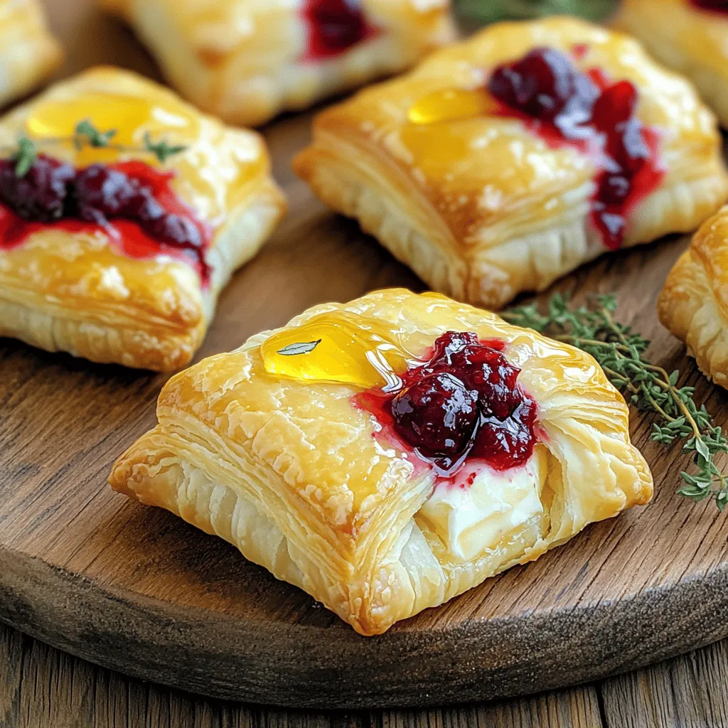- 1 package of puff pastry (2 sheets), thawed - 8 ounces of Brie cheese, cut into small cubes - 1 cup cranberry sauce (store-bought or homemade) - 1 egg, beaten (for egg wash) - Fresh thyme leaves, for garnish - 1 tablespoon honey (optional) - Salt and pepper to taste The ingredients for Cranberry Brie Bites are simple and easy to find. Puff pastry gives a light, flaky base. Brie cheese adds a creamy texture and rich flavor. The cranberry sauce brings a sweet and tangy taste. You can use store-bought sauce or make your own for a personal touch. I love adding fresh thyme as a garnish. It looks great and adds a nice herbal note. The honey is optional but can enhance the sweetness. A pinch of salt and pepper rounds out the flavors perfectly. - Baking sheet - Parchment paper - Rolling pin - Sharp knife Having the right tools makes cooking easier. A baking sheet lined with parchment paper helps with clean-up. A rolling pin is essential for rolling out the pastry. A sharp knife makes cutting the pastry into squares quick and precise. This recipe is fun and allows for creativity. You can easily adjust flavors or presentation. Enjoy making these bites for your next gathering! For the full recipe, check the detailed instructions above. - Preheat your oven to 375°F (190°C). - Line a baking sheet with parchment paper. - Roll out the thawed puff pastry sheets on a floured surface. - Cut the pastry into 2-inch squares. - Place a cube of Brie cheese in the center of each square. - Top the cheese with about 1 teaspoon of cranberry sauce. - If you want, drizzle a little honey on top for sweetness. - Fold the corners of the pastry over the filling to seal it. - Brush the tops of the pastry pockets with the beaten egg. - Season with a pinch of salt and pepper. - Bake for 15-20 minutes until they are golden brown. The full recipe is simple and fun! This dish will wow your guests. Enjoy making these tasty bites! Achieving the perfect puff pastry takes some care. Use chilled puff pastry for best results. Cold dough puffs better in the oven. When placing the pastry squares on the baking sheet, ensure even space between them. This helps each bite cook evenly and get nice and crispy. For flavor enhancements, consider drizzling honey over the cranberry sauce. This adds extra sweetness that balances the tangy cranberry. You can also add spices like nutmeg or cinnamon for a warm twist. These spices pair well with the creamy Brie and fruity sauce. Presentation matters when serving Cranberry Brie Bites. Serve them on a wooden platter for a rustic look. Garnish with fresh thyme leaves or extra cranberry sauce. This adds color and makes the bites more appealing. For the full recipe, refer to the detailed instructions provided earlier. {{image_2}} You can switch Brie cheese for other tasty options. Camembert has a similar taste. Goat cheese brings a tangy twist. Both options work well. You can also change the fruit preserves. Fig or strawberry preserves add a fun flavor. If you need a gluten-free option, use gluten-free pastry. Many brands offer great alternatives. For vegan choices, plant-based cheeses are a smart swap. Look for options that melt well, just like Brie. Want to elevate your bites? Add nuts for a nice crunch. Walnuts or pecans can add depth. You can also serve them with a dipping sauce. A balsamic reduction or honey mustard pairs great with these bites. These small changes can make your appetizer even more special. For the full recipe, check out the details above. After enjoying your Cranberry Brie Bites, store any leftovers in an airtight container. Make sure to seal it well to keep them fresh. They taste best when eaten within 2-3 days. You can freeze these bites before baking them. This way, you have an easy appetizer ready for future gatherings. When you're ready to bake, just thaw them in the refrigerator overnight before cooking. To bring back the crispy texture, reheat the bites in the oven. Set it at 350°F (175°C) and warm them for about 10 minutes. Avoid microwaving; it can make them soggy and lose that delightful crunch. For the full recipe, check out the detailed instructions above. Yes, you can prepare Cranberry Brie Bites ahead of time. Here’s how: - Prepare the filling: Cut the Brie and mix the cranberry sauce. - Assemble the bites: Follow the steps to fill and fold the pastry. - Chill: Place the assembled bites on a baking sheet and chill them in the fridge. - Bake later: When you're ready, brush with egg and bake them straight from the fridge. This method keeps your bites fresh and saves time on party day! Cranberry Brie Bites pair well with many drinks and sides. Here are some ideas: - Beverages: Serve with sparkling wine or cider for a festive touch. - Sides: Include a simple green salad or roasted vegetables for balance. - Dips: Provide a sweet or savory dip, like honey or balsamic glaze, for extra flavor. These pairings enhance the bites and create a delightful spread. You can change the flavors in your Cranberry Brie Bites easily. Consider these options: - Cheese swaps: Try Camembert or goat cheese for a different taste. - Toppings: Use fig jam or apple butter instead of cranberry sauce. - Herbs and spices: Add fresh rosemary or a pinch of cinnamon for warmth. Experimenting with flavors makes each batch unique and fun! Cranberry Brie Bites are easy to make and taste great. We covered each step, from choosing the right ingredients to baking the perfect bite. You can even customize flavors to suit your taste. Remember, presentation adds a nice touch, too. Store leftovers properly or freeze them for later. Enjoy sharing this delicious treat at your next gathering. You'll impress everyone with your cooking skills! Try these bites and make them your own.