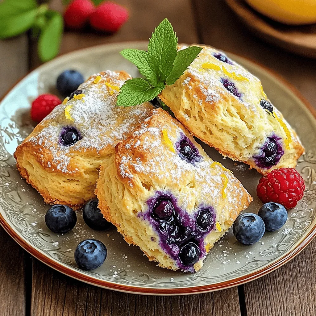To make these tasty Lemon Blueberry Scones, you need: - 2 cups all-purpose flour - 1/2 cup granulated sugar - 1 tablespoon baking powder - 1/2 teaspoon salt - 1/4 cup cold unsalted butter, cubed - 1 cup fresh blueberries (or frozen, if out of season) - 1 tablespoon lemon zest - 1/2 cup heavy cream - 1 large egg - 1 teaspoon vanilla extract - Extra granulated sugar for sprinkling (optional) These ingredients combine to create a delightful flavor that brightens your day. For those who use metric measurements: - 2 cups all-purpose flour = 240 grams - 1/2 cup granulated sugar = 100 grams - 1 tablespoon baking powder = 15 grams - 1/2 teaspoon salt = 2.5 grams - 1/4 cup cold unsalted butter = 60 grams - 1 cup fresh blueberries = 150 grams - 1 tablespoon lemon zest = about 6 grams - 1/2 cup heavy cream = 120 milliliters - 1 large egg = 50 grams - 1 teaspoon vanilla extract = 5 milliliters This makes it easy for everyone to join in on the fun! You can modify this recipe to fit your needs: - For gluten-free scones, use a gluten-free flour blend. - For dairy-free options, substitute coconut oil for butter and almond milk for cream. - If you need a vegan recipe, swap the egg for a flax egg (1 tablespoon flaxseed meal mixed with 2.5 tablespoons water). These substitutions help everyone enjoy the joy of baking! Start by gathering all your ingredients. You will need flour, sugar, baking powder, salt, butter, blueberries, lemon zest, cream, an egg, and vanilla. Next, preheat your oven to 400°F (200°C). Line a baking sheet with parchment paper for easy cleanup. In a large bowl, whisk together the flour, sugar, baking powder, and salt. This mix gives your scones a great rise. Now, cut in the cold butter. You can use a pastry cutter or your fingers. The mix should look like coarse crumbs when done. Gently fold in the blueberries and lemon zest. Make sure they are evenly spread. In another bowl, whisk the heavy cream, egg, and vanilla. This step adds moisture and flavor. Pour this mix into the dry ingredients. Stir until just combined. Be careful not to overmix; the dough should feel slightly sticky. Turn the sticky dough out onto a floured surface. Pat it into a circle about 1 inch thick. You can cut this into 8 wedges, like a pizza. If you want round scones, use a round cutter instead. Place the scones on the prepared baking sheet, leaving space in between. If you like a sweet crunch, sprinkle extra sugar on top. Now, it's time to bake. Put the baking sheet in the oven and set a timer for 15-20 minutes. Keep an eye on them. They are done when the edges turn golden brown. A toothpick should come out clean from the center. To get a golden-brown crust, make sure your butter is cold. Cold butter creates steam and helps the scones rise. When placing them in the oven, avoid opening the door too soon. This can let out heat and affect their rise. If you want an extra crispy top, brush the scones with cream before baking. This adds color and flavor. For serving, enjoy them warm with clotted cream or a lemon glaze. The taste of lemon and blueberry together is simply delightful! Want to know the full recipe? Check out the [Full Recipe]. One common mistake is overmixing the dough. This can create tough scones instead of tender ones. Mix just until combined. Another mistake is using warm butter. Cold butter creates flaky layers. Make sure to cube it and chill it before using. Lastly, avoid skipping the chilling time. Letting the dough rest helps the scones rise better. Blueberries can sink if not treated right. To keep them afloat, toss them in a bit of flour before adding them to the dough. This helps coat them and keeps them from sinking while baking. Also, fold them in gently. This avoids breaking the berries and keeps their juice from bleeding into the dough. To get the best lemon flavor, use fresh lemon zest. It has a strong, bright taste that dried zest can't match. When zesting, avoid the white pith, as it can be bitter. You can also add a little lemon juice to the wet mix for an extra zing. For a fun twist, drizzle a lemon glaze over the scones after baking. This adds sweetness and enhances the lemon taste. For the full recipe, be sure to check the detailed instructions. {{image_2}} You can switch up the fruit in your scones. Instead of blueberries, try raspberries, strawberries, or blackberries. Each fruit brings its own taste. Raspberries add tartness, while strawberries offer sweetness. Use fresh or frozen fruit based on the season. Just remember to adjust the sugar if you use sweeter fruits. Experimenting with spices or herbs can create exciting flavors in your scones. Try adding a pinch of cinnamon or nutmeg for warmth. Fresh herbs like rosemary or thyme can give a savory twist. Start with small amounts. You can always add more, but it’s hard to take flavor out once it’s mixed in. A glaze can take your scones to the next level. Mix powdered sugar with lemon juice for a simple, sweet glaze. Drizzle it over warm scones for a lovely finish. You can also sprinkle some coarse sugar on top before baking for a crunchy texture. Try serving them with clotted cream or whipped cream for a special touch. For more ideas, check the Full Recipe for tips on delicious toppings! To keep your lemon blueberry scones fresh, place them in an airtight container. Make sure the container is sealed tightly. Store them at room temperature for up to two days. If you want to keep them longer, consider refrigerating them. They can last up to a week in the fridge. Just remember, the longer they sit, the softer they may become. Freezing scones is easy and a great way to enjoy them later. First, let your scones cool completely. Then, wrap each scone in plastic wrap. After that, place the wrapped scones in a freezer bag. They can last up to three months in the freezer. When you're ready to enjoy a scone, just take it out and thaw it overnight in the fridge. Reheating scones can bring back their fresh-baked taste. You can use an oven or a toaster oven for the best results. Preheat the oven to 350°F (175°C). Place the scones on a baking sheet and heat them for about 5-10 minutes. If you want to use a microwave, heat them for 15-20 seconds. Just remember that the oven method keeps them crispier. Enjoy your warm scones with a cup of tea or coffee for a lovely treat! You can tell if your scones are done when they turn golden brown. The edges will be crisp, and the center should feel firm. To be sure, insert a toothpick into the center. If it comes out clean, your scones are ready. Keep an eye on them as they bake. They usually take about 15 to 20 minutes. Yes, you can prepare Lemon Blueberry Scones ahead of time. You can mix the dry ingredients and store them in a bowl. Just add the wet ingredients when you’re ready to bake. If you want to make them even earlier, shape the scones and freeze them. When you are ready, bake them straight from the freezer. Just add a few extra minutes to the baking time. Serve your scones warm for the best taste. I love adding clotted cream or a drizzle of lemon glaze. You can also pair them with jam. For a lovely touch, serve them on a pretty plate with fresh blueberries and mint. This makes for a beautiful presentation. For more ideas, check out the Full Recipe for additional serving suggestions. Lemon blueberry scones are a delightful treat made with simple ingredients. We covered everything from measuring and substitutions to step-by-step baking. I shared tips to avoid common mistakes and keep your scones light and fluffy. You can also explore variations to make these scones your own. Storing and reheating your leftovers will keep them fresh. Enjoy your baking journey and create scones that everyone loves!