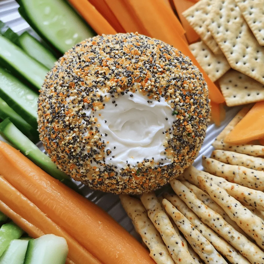 - 16 oz cream cheese, softened - 1 cup shredded cheddar cheese - 1/2 cup finely chopped green onions - 1/2 cup finely chopped fresh dill - 2 tablespoons sour cream - 1 tablespoon garlic powder - 1 tablespoon onion powder - 2 teaspoons salt - 1/4 cup everything bagel seasoning - Fresh vegetables and crackers for serving Using fresh ingredients makes a big difference in taste. Fresh cream cheese and vegetables give the dip a rich and creamy flavor. Fresh herbs like dill add a bright, vibrant note. If you have dietary needs, feel free to swap out some items. For a vegan option, use vegan cream cheese and a plant-based cheese. You can also replace sour cream with a dairy-free yogurt. Enjoy experimenting with the flavors! For the best experience, choose quality cheeses and fresh veggies. This will help create a dip that everyone loves. Remember to check your ingredients before starting to ensure a perfect Everything Bagel Cheese Ball. For the full recipe, refer to the earlier section. To start, grab a large mixing bowl. In it, add the softened cream cheese, shredded cheddar cheese, and sour cream. Mix these three until they blend well together. I find a sturdy spatula works best for this. Once mixed, add the chopped green onions, fresh dill, garlic powder, onion powder, and salt. Keep mixing until you see no lumps. For a smooth finish, make sure your cream cheese is very soft. If it feels too thick, you can let it sit at room temp for a bit longer. Now, it’s time to shape the mixture. Use your hands to scoop the cheese blend from the bowl. Form it into a round ball, making sure it’s tight and compact. If the mixture sticks to your hands, moisten them with a little water. This helps the cheese ball stay smooth. Don’t worry if it’s not perfect; a little rustic look adds charm! Next, roll your cheese ball in the everything bagel seasoning. Make sure it’s fully coated for maximum flavor. This step is key! After coating, wrap the cheese ball in plastic wrap. Chill it in the fridge for at least one hour. This helps the flavors meld and firms it up. When you’re ready to serve, place it on a platter. Surround it with fresh veggies and crackers for dipping. Enjoy your homemade treat! For the complete recipe, check the Full Recipe section. To get the best texture for your cheese ball, start with softened cream cheese. If your cream cheese feels too stiff, let it sit out for a bit. You want it easy to mix. When you combine it with the cheddar cheese and sour cream, use a sturdy spoon or a mixer. This will help blend all the ingredients evenly. Avoid leaving lumps; they can ruin the smooth texture. When it comes to serving, pair the cheese ball with crispy crackers and fresh veggies. Some of my favorites are whole grain crackers, toasted baguette slices, and crunchy cucumber sticks. For a colorful platter, add bell pepper strips and carrot sticks. Arrange everything around the cheese ball for a show-stopping display. A wooden board makes for a great backdrop! Watch out for a few common pitfalls during prep. First, don’t skip the refrigeration step. Chilling helps the cheese ball hold its shape. Second, avoid overmixing. If you mix too much, your cheese ball may become too soft. Lastly, be careful not to skimp on the everything bagel seasoning. A good coating gives it that signature flavor. Stick to these tips for a perfect cheese ball every time! {{image_2}} You can easily switch things up with your Everything Bagel Cheese Ball. Adding herbs or spices can change the flavor. Try mixing in fresh basil or parsley for a fresh touch. You could also add a pinch of smoked paprika for a hint of heat. If you enjoy a savory kick, add some red pepper flakes. You can also add proteins for extra richness. Crumbled bacon bits bring a lovely smoky flavor. If you want a seafood twist, consider adding finely chopped smoked salmon. These additions make the cheese ball even more delicious. Adapting this recipe for different diets is simple. If you need a gluten-free option, choose gluten-free crackers for serving. You can also make the cheese ball low-carb by using a low-carb cream cheese alternative. For those wanting a vegan version, use vegan cream cheese and dairy-free cheese. You can find these options in many grocery stores. Just make sure to check the labels. This way, everyone can enjoy the cheesy goodness of your Everything Bagel Cheese Ball! For the Full Recipe, check out the detailed instructions above. To keep your Everything Bagel Cheese Ball fresh, wrap it in plastic wrap. This helps prevent it from drying out. Place the wrapped cheese ball in an airtight container. It’s best to refrigerate it until you are ready to serve. For maximum freshness, eat it within a week. If you want to save it for later, you can freeze the cheese ball. Wrap it tightly in plastic wrap and then in aluminum foil. This double protection helps avoid freezer burn. When you’re ready to enjoy it again, put it in the fridge to thaw overnight. Do not refreeze once it has thawed. The cheese ball stays fresh in the fridge for about 5 to 7 days. If you freeze it, it can last up to 3 months. Watch for signs of spoilage. If you see mold or an off smell, it's best to throw it away. If the texture becomes too soft or runny, it may not taste good. Always trust your senses when it comes to food safety. Everything bagel seasoning is a tasty blend of flavors. It usually has sesame seeds, poppy seeds, garlic, onion, and salt. You can find it in many grocery stores or make it at home. Just mix equal parts of each ingredient. It adds a crunchy and savory touch to many dishes. Yes, you can make the cheese ball in advance. Prepare it the day before and chill it overnight. This helps the flavors meld together. Just roll it in the seasoning before serving. It stays fresh in the fridge for up to three days. You can serve your cheese ball with a variety of dippers. Fresh veggies like carrots, cucumbers, and bell peppers work well. Crackers also make a great choice. For a fun twist, try pretzel crisps or pita chips. They all add great crunch and flavor. For the complete list of ingredients and instructions, check out the [Full Recipe]. This post covered how to make an Everything Bagel Cheese Ball. We explored each ingredient and why freshness matters. You learned how to prepare, shape, and chill your cheese ball. I shared tips to avoid common mistakes and create different flavors. Lastly, I covered storage methods and answered key FAQs. Making this cheese ball can be fun and delicious. With simple steps, you can impress your guests. Enjoy trying out variations and serving ideas. Remember to have fun with your food!
