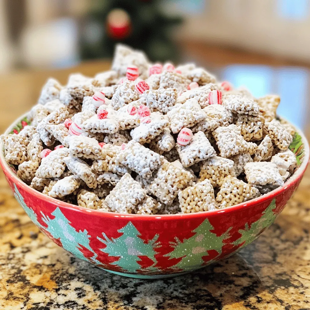 To make Peppermint Bark Puppy Chow, gather these simple ingredients: - 5 cups rice chex cereal - 1 cup semi-sweet chocolate chips - 1/2 cup white chocolate chips - 1/2 teaspoon peppermint extract - 1 cup powdered sugar - 1/2 cup crushed peppermint candies (or candy canes) - 1/4 cup butter These ingredients create a fun and tasty treat. The rice chex cereal gives a nice crunch. The semi-sweet and white chocolate chips melt to coat the cereal perfectly. Peppermint extract adds a fresh, minty flavor that makes this treat special. When it comes to the crushed peppermint candies, they add a lovely crunch and bright color. The powdered sugar coats everything to give a sweet finish. Butter helps the chocolate melt smoothly. You can find these ingredients at most grocery stores. Make sure to check for any allergies before you start. This recipe is easy and quick, perfect for holiday gatherings or cozy nights at home. For the full recipe, follow the steps to create this delightful snack. Melt Chocolate and Butter First, grab a microwave-safe bowl. Add 1 cup of semi-sweet chocolate chips and 1/4 cup of butter. Heat this in the microwave for 30 seconds. Stir well and keep heating in 30-second bursts. Continue until it is smooth and melted. This is the base for our tasty treat. Incorporate Peppermint Extract Once your chocolate is melted, add 1/2 teaspoon of peppermint extract. Mix it in well. This will give your puppy chow that refreshing holiday flavor. Coat Rice Chex Cereal Now, take a large bowl and pour in 5 cups of rice chex cereal. Slowly drizzle your melted chocolate over the cereal. Use a spatula to gently fold the cereal. Make sure each piece gets coated well. Cool Coated Cereal Let the coated cereal cool for about 10 minutes. You can speed this up by placing it in the fridge for a few minutes. Cooling is key to keep it crunchy. Melt and Drizzle White Chocolate While the cereal cools, melt 1/2 cup of white chocolate chips in a separate bowl. Use the same microwave method. Once melted, set it aside for the next step. Sugar Coating and Mixing Take a large zip-top bag and add 1 cup of powdered sugar and 1/2 cup of crushed peppermint candies. Once your cereal is cool, add it to the bag. Shake gently until all pieces are coated in the sweet mix. Now, your peppermint bark puppy chow is ready to enjoy! You can find the full recipe to see the details. Ensuring Even Coating To coat your rice chex cereal evenly, pour the melted chocolate slowly. As you drizzle, use a spatula to fold the cereal gently. This helps to cover each piece without breaking them. After mixing, let it cool for about 10 minutes. This cooling time helps the chocolate set a bit, making it easier to add the white chocolate later. Melting Chocolate Safely When melting chocolate, always use a microwave-safe bowl. Start with 30-second bursts in the microwave, stirring in between. This method prevents burning. If you notice any lumps, keep stirring until smooth. If the chocolate cools too much, give it a quick 10-second burst in the microwave. Serving Suggestions For serving, choose a festive bowl. Add a sprinkle of crushed peppermint on top for color and flair. You can also serve it in small cups for individual treats. This makes it easy for guests to grab and enjoy. Gift Packaging Ideas If you want to share this treat, consider gift packaging. Use clear treat bags to show off the colorful puppy chow. Tie them with bright ribbons to add a fun touch. You can also use holiday-themed boxes for a special presentation. These make great gifts for friends and family during the season. {{image_2}} You can change the flavor of your peppermint bark puppy chow by adding other extracts. For a warm twist, try vanilla or almond extract. Just a few drops can make a big difference. You can also switch up the chocolate. Using dark chocolate gives a rich taste. Milk chocolate can make it sweeter and creamier. Each option adds a unique flair to your treat. Consider introducing nuts or dried fruits for an extra crunch. Chopped almonds or walnuts add texture. Dried cranberries or cherries bring a nice tartness. These mix-ins make your puppy chow more fun. You can also use different cereals. Corn chex or even pretzels can provide a new taste. Each swap opens up a new world of flavor. For the full recipe, check out the details above! To keep your peppermint bark puppy chow fresh, store it in an airtight container. This method keeps it crisp and delicious. You can use a glass jar or a plastic container with a tight lid. Avoid storing it in a warm place. Heat can make the chocolate melt and ruin the treat. For the best taste, consume your puppy chow within two weeks. If you want to save some for later, you can freeze it. Place the puppy chow in a freezer-safe bag. Squeeze out the air and seal it tightly. It can stay good in the freezer for up to three months. When you pull your puppy chow from storage, it may lose some crunch. To refresh it, simply spread it out on a baking sheet. Preheat your oven to 250°F (120°C). Warm the puppy chow for about 10 minutes. This will help it regain some of its original texture. Once warmed, let it cool before serving. It will taste fresh and delightful again. For the full recipe, check out the steps above! Can I use different types of cereal? Yes, you can use other cereals. Chex is great, but you can try Crispix, Corn Pops, or even Cheerios. Just make sure they have a similar shape and texture to hold the chocolate well. How do I make it less sweet? To reduce sweetness, use dark chocolate instead of semi-sweet. You can also cut back on the powdered sugar or omit the crushed peppermint. This way, you keep a nice balance without overdoing the sugar. What is the best way to melt chocolate? The best way is to use a microwave. Place your chocolate chips in a microwave-safe bowl. Heat in 30-second bursts, stirring in between until smooth. This method prevents burning and keeps the chocolate creamy. Substitutes for ingredients If you lack peppermint extract, you can use other extracts like vanilla or almond for a different flavor. You can also swap out white chocolate for more semi-sweet chocolate if you prefer. Allergies and dietary adjustments For nut allergies, ensure your chocolate is nut-free. You can also use gluten-free cereals to make this treat safe for everyone. Always check labels for allergens to be sure. This blog post covered how to make a tasty puppy chow treat. We explored the simple ingredients and easy steps. I shared helpful tips for coating, presentation, and storage. You can even try fun flavor variations by swapping ingredients. In the end, making puppy chow is easy and fun. Enjoy your creation and share it with others!
