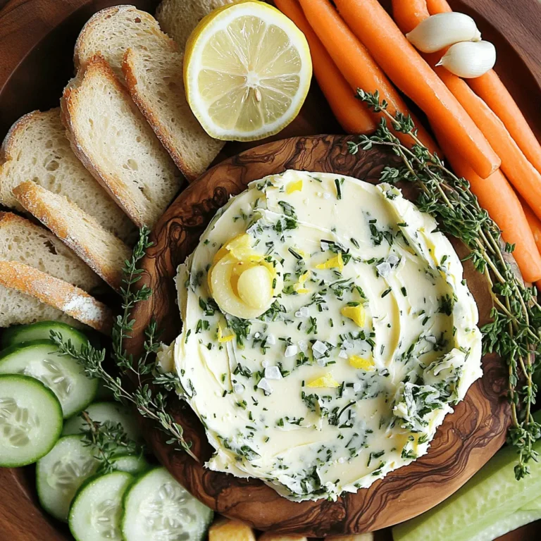 - 1 cup unsalted butter, softened - 4 cloves garlic, minced - 2 tablespoons fresh parsley, finely chopped - 1 tablespoon fresh chives, finely chopped - 1 tablespoon fresh thyme leaves - 1 teaspoon lemon zest - 1 teaspoon sea salt - 1/2 teaspoon black pepper When making garlic herb butter, the key is to use fresh ingredients. Start with unsalted butter. This lets you control the saltiness. Next, garlic adds a rich flavor. You can use more or less based on your taste. Fresh herbs like parsley, chives, and thyme give the butter a vibrant taste. They also add color. Lemon zest brightens the mix, making it lively and fresh. Sea salt and black pepper round out the flavor. - Assorted bread options (baguette, sourdough, etc.) - Fresh vegetable sticks (carrots, cucumbers, bell peppers) For serving, choose a variety of breads. Crusty baguette or soft sourdough works well. You can also add fresh vegetable sticks. Carrots, cucumbers, and bell peppers add crunch and freshness. They are perfect for dipping into the garlic herb butter. This makes for a fun and interactive meal that everyone can enjoy. You can find the Full Recipe for more details on making this tasty dish! Start by gathering your ingredients. In a medium bowl, combine 1 cup of softened unsalted butter, 4 cloves of minced garlic, 2 tablespoons of finely chopped fresh parsley, 1 tablespoon of finely chopped chives, 1 tablespoon of fresh thyme leaves, 1 teaspoon of lemon zest, 1 teaspoon of sea salt, and 1/2 teaspoon of black pepper. Using a fork or spatula, mix all the ingredients together until they blend well. You want to see the garlic and herbs spread evenly throughout the butter. This step is key to making your garlic herb butter tasty. Once your butter mixture is ready, it’s time to shape it. Transfer the mixture onto a wooden serving board or a clean platter. You can shape it into a rustic block or simply spread it out nicely. To add a fun touch, use the back of a spoon to create swirls and peaks in the butter. This gives it a lovely texture that looks inviting. Remember, you eat with your eyes first! For a little extra flair, you can drizzle some olive oil over the top of the butter. This adds flavor and makes it shine. You might also sprinkle some extra herbs for garnish. These small details can make a big difference. Serve your garlic herb butter alongside slices of assorted bread and fresh vegetable sticks. Trust me, the combination will make everyone smile. To make the best garlic herb butter, start with room temperature butter. This helps the butter blend smoothly with the herbs. You can use a mix of fresh and dried herbs. Fresh herbs give a bright taste, while dried herbs add depth. When serving, arrange herbs and whole garlic cloves around the butter. This makes your dish look colorful and inviting. Use attractive serving dishes too. A beautiful platter can make your butter board shine. Serve the garlic herb butter at room temperature. This makes it easy to spread on bread. Pair it with wine for a classy touch. A nice white wine or light red goes well with the flavors. {{image_2}} You can make your garlic herb butter even more exciting. Try adding different herbs like basil or dill. These herbs give new flavors and scents. You can also mix in spices such as smoked paprika or cayenne pepper. This adds warmth and a kick to your butter. Experimenting with these options keeps your butter fresh and fun. Garlic herb butter is not just for bread. You can use it as a spread for grilled meats or vegetables. This adds a burst of flavor to your dishes. You can also mix it into pasta for a rich and creamy sauce. The butter melts into the pasta, creating a tasty experience. If you prefer a plant-based option, swap unsalted butter for vegan butter alternatives. They work well and taste great, too! You can also adjust the salt content if you want lower sodium options. This makes your garlic herb butter fit your dietary needs while still being delicious. For the full recipe, check out the Garlic Herb Butter Board! You can store leftover garlic herb butter easily. Place it in an airtight container. Keep it in the fridge for up to two weeks. This helps maintain its fresh taste. If you want to store it longer, freeze it. Use small portions, like in ice cube trays. This makes it simple to use later. What should you do with extra chopped herbs or garlic? You can add them to sauces for extra flavor. They work well in dressings too. Mix them into pasta sauces or drizzle them over salads. This way, nothing goes to waste, and you add more taste to your meals. To make Garlic Herb Butter, start with soft butter. You need one cup of unsalted butter. Then, add four cloves of minced garlic. Next, mix in two tablespoons of finely chopped parsley. Add one tablespoon each of chopped chives and thyme. Don't forget one teaspoon of lemon zest, one teaspoon of sea salt, and half a teaspoon of black pepper. Use a fork to blend everything well. You want the garlic and herbs spread evenly. Garlic Herb Butter pairs great with many foods. Serve it with assorted breads like baguette or sourdough. You can also use fresh vegetable sticks such as carrots, cucumbers, and bell peppers. These make a nice, crunchy contrast to the rich butter. Absolutely! You can change the herbs or add spices. If you like a kick, try smoked paprika or cayenne pepper. For a different taste, mix in basil or dill. Feel free to adjust the salt to your liking too. Garlic Herb Butter can last up to two weeks in the fridge. Store it in an airtight container. You can also freeze it for longer use. Just cut it into portions before freezing. This way, you can enjoy it anytime! For the full recipe, check out the complete list of ingredients and instructions. Garlic Herb Butter adds flavor to many dishes with simple ingredients. You learned to mix butter, garlic, and fresh herbs for a tasty spread. You can serve it with bread and veggies for a snack. Remember, you can try different herbs and adjust the recipe to your taste. Storing leftovers is easy and keeps it fresh for weeks. Enjoy creating your own unique versions of this delicious butter to impress your family and friends!