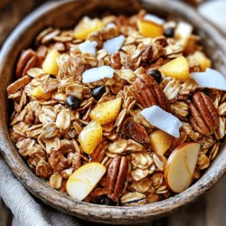 - 2 cups rolled oats - 1 cup pecans, chopped - 1 cup almonds, sliced - 1 cup dried apples, diced - 1/2 cup unsweetened coconut flakes - 1/2 cup maple syrup - 1 teaspoon vanilla extract - 1 tablespoon apple pie spice - 1/4 teaspoon sea salt - 1 cup mini chocolate chips To make this Apple Pie Spice Snack Mix, gather your ingredients first. The main ingredients form the base of the mix, giving it hearty texture and crunch. Rolled oats are a great source of fiber, while the chopped pecans and sliced almonds add healthy fats. Dried apples bring natural sweetness and a hint of tartness. The flavoring ingredients are what make this snack mix shine. Maple syrup sweetens the mix and binds everything together. The vanilla extract adds depth, while apple pie spice brings that warm, cozy flavor. Sea salt enhances all the tastes, making them pop. If you love a little extra sweetness, consider adding mini chocolate chips. They melt slightly during baking, creating delightful pockets of chocolate. This combination offers a fun twist on the classic flavors of apple pie. For the full recipe, follow the instructions to create this tasty fall treat! 1. Preheat your oven to 350°F (175°C). This temperature helps the mix cook evenly. 2. Line a large baking sheet with parchment paper. This makes cleanup easy and helps prevent sticking. 3. In a large mixing bowl, combine the rolled oats, chopped pecans, sliced almonds, dried apples, and coconut flakes. Stir them well to mix the flavors. 1. In a separate bowl, whisk together the maple syrup, vanilla extract, apple pie spice, and sea salt. This blend adds great taste. 2. Pour the maple syrup mixture over the dry ingredients. Mix thoroughly until everything is evenly coated. This step ensures each bite is packed with flavor. 1. Spread the mixture evenly on the prepared baking sheet. Avoid large clumps so it bakes evenly. 2. Bake in the preheated oven for about 20-25 minutes. Stir halfway through baking. This helps it brown nicely and become crunchy. Following these steps will give you a delightful snack mix to enjoy. For the full recipe, check the earlier section. To make your Apple Pie Spice Snack Mix just right, adjust the sweetness with maple syrup. If you like it sweeter, add more syrup. If you prefer less sweetness, use less. This will help balance the flavors well. The best texture comes from mixing the ingredients thoroughly. Make sure every piece gets coated with the syrup mix. This ensures a crunchy and tasty snack. Consider pairing this snack mix with yogurt or ice cream. The mix adds a nice crunch and sweetness. For gifting, package the snack mix in clear bags tied with a ribbon. It looks festive and makes a great treat for friends. You can also store it in jars. This keeps it fresh and easy to grab. You only need a few kitchen tools for this recipe. A large mixing bowl works well for combining ingredients. A whisk is great for mixing the wet ingredients. Use a large baking sheet lined with parchment paper. This makes cleanup easy and prevents sticking. The parchment paper helps the snack mix bake evenly, giving it a nice crunch. {{image_2}} If you want a nut-free snack mix, you can easily swap nuts for seeds. Use pumpkin or sunflower seeds instead of pecans and almonds. They add a nice crunch and are packed with nutrients. You can also try chickpeas for a protein boost. Toasted chickpeas give a great texture to the mix. To change the flavor, add different spices. Try ginger or cardamom for a warm twist. You can even mix in seasonal ingredients like dried cranberries or pumpkin seeds in fall. These add color and flavor. You can also use different extracts like almond or lemon for a unique taste. To make this snack mix healthier, reduce the sugar. You can use less maple syrup without losing flavor. Try adding more dried fruit or apples for natural sweetness. Instead of using butter or oils, use applesauce to help bind the mix together. This keeps it moist while cutting down on fat. For the full recipe, check out the details above. To keep your Apple Pie Spice Snack Mix fresh, use airtight containers. Glass jars or plastic bins work well. Store it in a cool, dry place. This way, the mix stays crunchy and tasty. It lasts for about two weeks at room temperature. If you want it to last longer, consider freezing it. Freezing is a great option for this snack mix. First, let it cool completely after baking. Then, place it in a freezer-safe bag or container. Make sure to remove as much air as possible. You can freeze the mix for up to three months. When you're ready to eat it, just take it out and let it thaw. Leave it at room temperature for an hour or two. Check for signs of spoilage before eating. If the mix smells off or has a stale taste, it’s time to toss it. Look for any changes in color or texture. To maintain the flavor, keep it sealed tight and away from heat. Always check the freshness before enjoying your snack mix! Apple pie spice is a mix of warm flavors. It usually has three key ingredients: cinnamon, nutmeg, and allspice. Cinnamon gives it sweetness and warmth. Nutmeg adds a hint of spice and complexity. Allspice rounds out the blend with depth. You can buy it pre-made or mix your own at home. This spice mix is perfect in desserts or snacks, like our Apple Pie Spice Snack Mix. Yes, you can easily make this snack mix vegan. Use maple syrup as your sweetener. It is already vegan and adds great flavor. Replace chocolate chips with vegan chocolate if you like. For a nut-free option, swap nuts for seeds like pumpkin or sunflower seeds. These changes keep the mix tasty and plant-based. Homemade snack mix can last up to two weeks. Store it in an airtight container to keep it fresh. Keep it in a cool, dry place, away from sunlight. If you want to keep it longer, you can freeze it. Just make sure to thaw it in the fridge before eating. Enjoy your snack mix while it’s still fresh and crunchy! This article covered all you need for a delicious homemade snack mix. We explored key ingredients and how to mix them well. You learned tips for perfect texture and flavor, plus creative variations. Storing your snack mix properly keeps it fresh longer. In closing, making this tasty treat is easy and fun. Experiment with flavors to suit your taste. Enjoy your snack mix as a treat or gift!