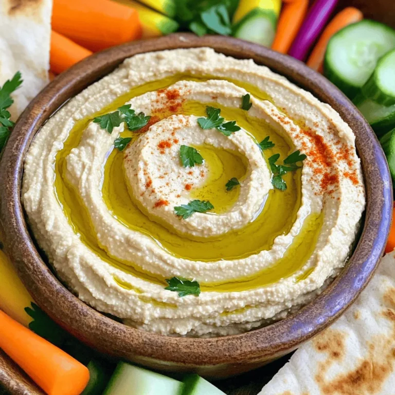 To make a delicious roasted garlic hummus, gather these key ingredients: - 1 cup dried chickpeas or 2 cans (15 oz) of chickpeas, drained and rinsed - 1 whole bulb of garlic - 1/4 cup tahini - 3 tablespoons lemon juice - 1/4 cup extra virgin olive oil, plus more for serving - 1 teaspoon ground cumin - 1/2 teaspoon smoked paprika - Salt to taste - Water (as needed for consistency) - Fresh parsley, for garnish These ingredients work together to create a rich and creamy dip. You can enhance your hummus with some fun garnishes. Try these options: - Extra virgin olive oil drizzle - Smoked paprika sprinkle - Pine nuts or walnuts - Fresh herbs like cilantro or mint These add a pop of color and flavor to your dish. Roasted garlic hummus is not only tasty but also healthy. Here’s a quick overview of its nutrition per serving (about 2 tablespoons): - Calories: 70 - Protein: 2 grams - Carbohydrates: 5 grams - Fat: 5 grams - Fiber: 1 gram This dip is packed with nutrients from chickpeas and healthy fats from olive oil. Enjoy your hummus with pride, knowing it's good for you! For the full recipe, check out the details above. Start by preheating your oven to 400°F (200°C). Take a whole bulb of garlic. Slice off the top to expose the cloves. Drizzle a bit of olive oil over it. Wrap the bulb in aluminum foil. Place it in the oven and roast for about 30 to 35 minutes. The garlic should become soft and caramelized. After roasting, let it cool a bit before you handle it. This step adds a rich flavor to your hummus. You can choose between dried or canned chickpeas. If you go with dried chickpeas, soak them overnight in plenty of water. The next day, drain them. Place the soaked chickpeas in a pot. Cover them with fresh water. Bring it to a boil, then simmer for about 1 to 1.5 hours until they are soft. If time is tight, use canned chickpeas. Just drain and rinse them before adding to your recipe. Both options work great in making hummus. Now it’s time to blend! In a food processor, add the roasted garlic cloves. Squeeze out the soft garlic from their skins. Then, add tahini, lemon juice, and ground cumin. Blend these together until smooth. Next, add the chickpeas to the food processor. Blend again, adding olive oil and water to reach a creamy texture. Taste your hummus and add salt and smoked paprika as you like. Blend once more for a smooth finish. For the full recipe, check the details above! To make your hummus creamy, blend it well. Start with a food processor. Add roasted garlic, tahini, and lemon juice. Blend until smooth. Then, add chickpeas. If it's too thick, add water, one tablespoon at a time. Blend again until it reaches your desired creaminess. Using canned chickpeas can also help with texture, as they are softer. You can boost the flavor of your hummus in many ways. Add a pinch of ground cumin for warmth. Smoked paprika gives a nice smoky touch. Don’t forget fresh herbs like parsley or cilantro for freshness. You can also add a dash of lemon zest to brighten the taste. Experiment with flavors like roasted red peppers or sun-dried tomatoes for a twist. Avoid over-blending; it can make your hummus too runny. Check your seasoning early. Salt can be added later, but taste as you go. If you use dried chickpeas, ensure they are cooked enough. Undercooked chickpeas can result in a grainy texture. Lastly, remember to store your hummus in an airtight container, so it stays fresh longer. For the full recipe, check out the instructions above. {{image_2}} You can spice up roasted garlic hummus easily. Add jalapeños or red pepper flakes. This gives heat and depth. Start with a pinch and taste as you go. If you love heat, add more! This variation pairs well with fresh veggies and chips. Adding herbs makes hummus vibrant and fresh. Try adding fresh basil, cilantro, or dill. Blend them in with the other ingredients. This adds flavor and color to your dish. Each herb brings a unique taste. Experiment with your favorites for a personal touch. Seasonal ingredients can take your hummus to the next level. In summer, add fresh tomatoes or roasted peppers. In fall, try pumpkin or butternut squash. These add sweetness and nutrition. Each season brings new tastes to explore. Get creative and let your palate guide you. Enjoy the adventure! To store your roasted garlic hummus, place it in an airtight container. Make sure to cover the surface with a little olive oil. This keeps the hummus fresh and prevents it from drying out. Store the container in your fridge. Homemade hummus lasts about five to seven days in the fridge. If you want to keep it longer, you can freeze it. Use a freezer-safe container and leave some space at the top. Hummus expands when frozen. It can last up to three months in the freezer. When you’re ready to eat your hummus, thaw it in the fridge overnight. If it seems thick, add a little water or olive oil to restore its creamy texture. Blend it again to mix well. This will refresh your hummus and keep it tasty. For more details on making this dip, check the Full Recipe. Making roasted garlic hummus vegan is easy! The main ingredients are already plant-based. Use dried chickpeas or canned ones. Ensure your tahini is pure and free from additives. For creaminess, you add olive oil and lemon juice. All these ingredients are vegan. Just follow the [Full Recipe] to enjoy a tasty dip. Hummus is not just tasty; it is healthy too! It is rich in protein and fiber. Chickpeas help with digestion and keep you full. Olive oil is heart-healthy and adds good fats. Garlic boosts your immune system and adds flavor. Overall, hummus is a great snack or meal addition. You can find roasted garlic hummus at many grocery stores. Look in the deli or refrigerated section. Some health stores also carry it. If you want a fresh option, try local markets. Many places sell homemade versions too. Roasted garlic hummus is a simple and tasty dish. You learned about key ingredients, cooking steps, and how to store it. I shared tips to make your hummus creamy and flavors pop. You can try fun variations, like spicy or herb-infused hummus. Remember, homemade is best! With this guide, you can create a delicious dip that impresses anyone. Enjoy making your hummus and sharing it with friends and family!