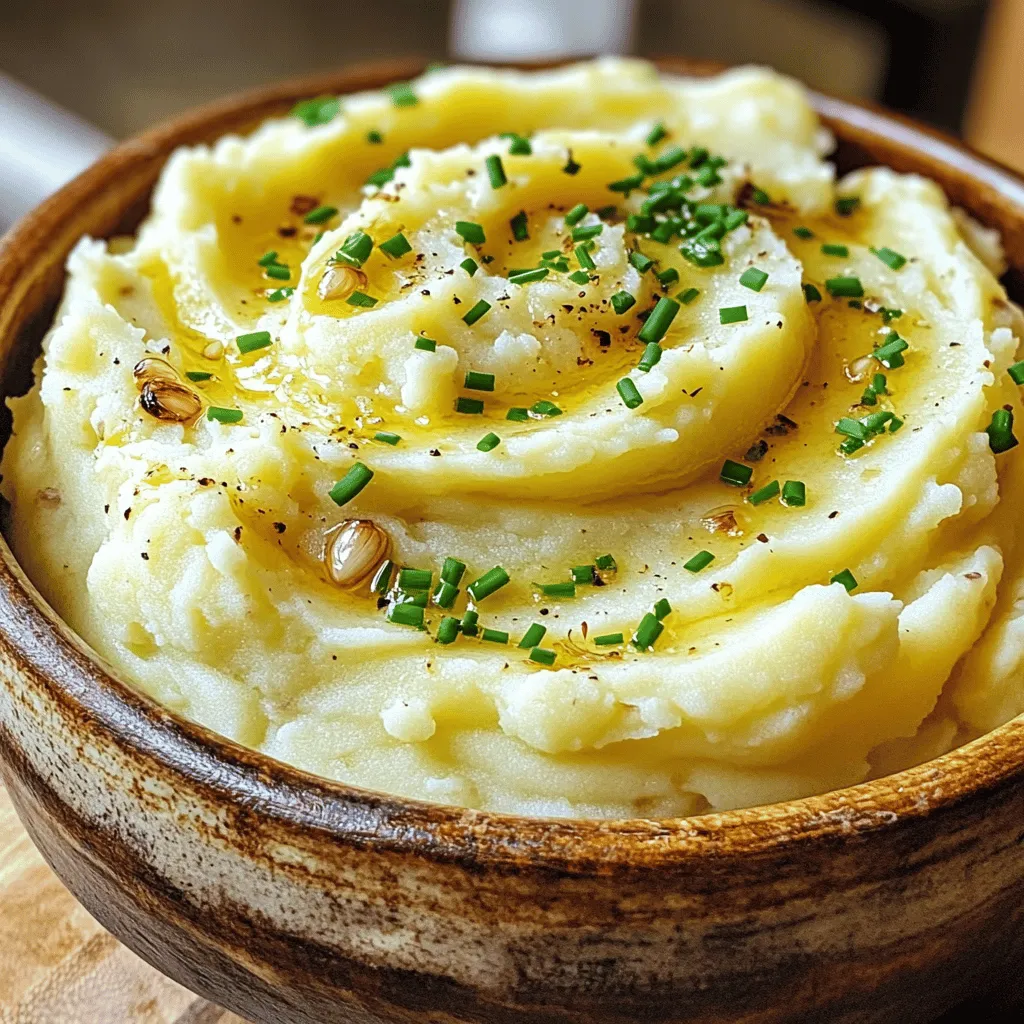 - 2 pounds Yukon Gold potatoes - 1 head of garlic - 1/2 cup heavy cream - 1/2 cup unsalted butter - Salt and pepper to taste - Fresh chives for garnish - Optional: 1/4 cup cream cheese What can I use instead of Yukon Gold potatoes? You can use Russet potatoes or red potatoes. Russets give a fluffier texture, while reds add a bit of creaminess. What are some dairy-free options? Try using almond milk or coconut milk. For a buttery flavor, use vegan butter. Can I change the herbs? Yes! Use rosemary or thyme for a different taste. You can also add some parsley for freshness. Roasted garlic mashed potatoes are not just a side dish; they are a warm hug on a plate. The rich flavors and creamy texture will make you go back for seconds. For the full recipe, check out the details above. To make roasted garlic, you first need to cut the top off a head of garlic. This exposes the cloves. Drizzle a little olive oil on top and wrap it in foil. Place it in a preheated oven at 400°F (200°C). Roast for about 30-35 minutes. You know it's ready when the garlic is soft and smells amazing. While the garlic roasts, fill a large pot with salted water and bring it to a boil. Add 2 pounds of peeled and cubed Yukon Gold potatoes. Cook them for about 15-20 minutes. Check for doneness by poking a potato with a fork. It should be fork-tender and easy to mash. Once the garlic is cool, squeeze the soft cloves into the pot with the potatoes. In a separate small saucepan, heat 1/2 cup of heavy cream and 1/2 cup of unsalted butter until warm. Pour this mixture over the potatoes and garlic. Add salt and pepper to taste. Use a potato masher to combine everything. Mash until smooth and creamy. If you want it creamier, add more cream or even 1/4 cup of cream cheese. Taste and adjust seasoning if needed. Transfer to a bowl and garnish with chopped fresh chives. Enjoy your Roasted Garlic Mashed Potatoes! For the full recipe, refer to the detailed instructions above. To get the best creamy mashed potatoes, start with warm ingredients. Cold cream or butter will cool down your potatoes. This can make them less creamy. So, heat your cream and butter before adding them. It helps create that smooth texture you want. Using the right tools also makes a huge difference. A potato masher or a ricer gives you the best results. Avoid using a food processor. It can make your potatoes gummy. I like to mash by hand for great control. You can boost the flavor of your mashed potatoes with herbs and spices. Fresh chives and garlic add a nice touch. You can also try rosemary or thyme for something different. Just remember to chop them finely to mix well. Adding cheese is another tasty option. Cream cheese makes your mashed potatoes extra creamy. Parmesan or cheddar can add a savory flavor too. Just mix it in when you combine the other ingredients. Roasted garlic mashed potatoes pair well with many dishes. They go great with roasted meats like chicken or beef. You can also serve them with grilled vegetables for a lighter meal. For presentation, use a large serving bowl. Scoop the potatoes in and make a nice swirl on top. Then, sprinkle some fresh chives for color. You can even drizzle a bit of olive oil for shine. For the full recipe, check the detailed instructions above. {{image_2}} You can use many types of potatoes for your mashed dish. Yukon Gold potatoes are great for their creamy texture. Russet potatoes offer a fluffy finish. For a mix, try combining the two. This blend gives you the best of both worlds. Each type adds its unique flavor and texture to your dish. Get creative with flavors by adding roasted vegetables. Think of carrots, bell peppers, or even mushrooms. These can add a nice touch and extra taste. You can also infuse your mashed potatoes with truffle oil. Just a little goes a long way. It gives your dish a rich, earthy flavor that many love. If you're looking for vegan options, substitute butter with olive oil or vegan butter. Use almond or coconut milk instead of cream. This keeps your dish rich but plant-based. For low-carb alternatives, consider using cauliflower. It mashes well and has a similar texture. You can find more details in the Full Recipe for Roasted Garlic Mashed Potatoes. After making roasted garlic mashed potatoes, let them cool. Place leftovers in an airtight container. This keeps them fresh and safe to eat. Store them in the fridge for up to four days. When you're ready to enjoy them again, reheat in a pot on low heat. Stir often to avoid scorching. You can also use a microwave. Heat in short bursts, stirring in between, until warm. To freeze roasted garlic mashed potatoes, start by cooling them completely. Use a spoon to pack them into a freezer-safe container. Leave some space at the top for expansion. Seal them tightly and label with the date. They can last for about two months in the freezer. When you're ready to eat them, thaw overnight in the fridge. To reheat, place them in a pot with a splash of milk. Heat on low, stirring gently until creamy. You might need to add more milk to get the right texture. In the fridge, roasted garlic mashed potatoes can last about four days. If you freeze them, they stay good for about two months. Always check for any off smells or changes in texture before eating. If they seem off, it's best to toss them. Keeping track of how long they’ve been stored helps you enjoy them at their best. The best potato for mashed potatoes is the Yukon Gold. This potato has a creamy texture and a buttery flavor. They mash well and become smooth and fluffy. I recommend using Yukon Gold for the best results. You can use pre-made garlic, but fresh is best. Roasting fresh garlic brings out its sweet, nutty flavor. Pre-made garlic lacks that depth. If you must use it, adjust the amount to your taste. To make your mashed potatoes fluffier, use warm ingredients. Heat your cream and butter before mixing. Also, mash the potatoes gently. Over-mashing can lead to gummy potatoes. A potato ricer can help achieve a light texture. Yes, you can make mashed potatoes ahead of time. Prepare them and keep them warm in a slow cooker. Stir them occasionally and add a bit more cream if needed. They can also be stored in the fridge and reheated later. If your mashed potatoes are gummy, don't worry. Add a bit of warm cream or milk while mixing. Stir gently to loosen them up. If they are too sticky, you can fold in some extra butter to help improve the texture. For a full recipe, check out the [Full Recipe]. In this post, we covered how to make delicious roasted garlic mashed potatoes. You learned about key ingredients, preparation steps, and tips for creamy results. We also explored variations and storage options. Remember, you can customize this dish easily by trying different potatoes and flavors. Keep experimenting to find what you love best. These mashed potatoes can elevate any meal and impress your guests. Enjoy every bite!
