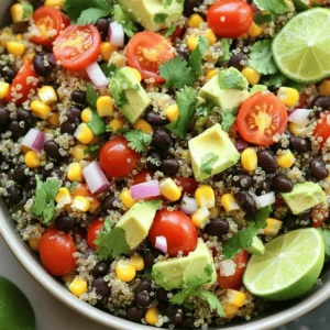 - 1 cup quinoa, rinsed - 2 cups vegetable broth or water - 1 can black beans - 1 cup corn kernels (fresh or frozen) - 1 red bell pepper, diced - 1 cup cherry tomatoes, halved - 1 avocado, diced - 1/4 cup red onion, finely chopped - 1/4 cup fresh cilantro, chopped - Juice of 2 limes - 3 tablespoons olive oil - 1 teaspoon cumin - 1 teaspoon chili powder - Salt and pepper to taste This Tex-Mex quinoa salad is full of flavors and textures. You start with quinoa, a great base that is high in protein. Rinsing the quinoa helps remove its bitter coating. Next, you cook it in vegetable broth for added taste. It makes the quinoa fluffy and delicious. You then add black beans for fiber and protein. They give a nice creaminess to the salad. Fresh vegetables bring crunch and color. I love using corn for sweetness and juicy cherry tomatoes for brightness. Diced red bell pepper adds a nice crunch. Avocado provides healthy fats and a smooth texture. Chopped red onion adds a little bite while fresh cilantro brings freshness. The dressing is simple but packed with flavor. Lime juice adds tang, while olive oil gives richness. Cumin and chili powder add warmth and depth. You can adjust the salt and pepper to your liking. Want the complete recipe? Check out the Full Recipe. It guides you through every step to make this vibrant and nutritious dish. - Bring vegetable broth to a boil. - Stir in the rinsed quinoa. Reduce heat to low. Cover and simmer for 15 minutes. - After cooking, fluff quinoa with a fork and let it cool. - In a large bowl, combine black beans, corn, and diced red bell pepper. - Add halved cherry tomatoes, diced avocado, finely chopped red onion, and cilantro. - In a small bowl, whisk lime juice, olive oil, cumin, chili powder, salt, and pepper. - Taste the dressing and adjust seasoning as needed. - Add the cooled quinoa to the large bowl with the vegetable mixture. - Drizzle the dressing over everything and gently toss to combine. - Chill the salad in the fridge for at least 30 minutes to let flavors meld. This process makes a fresh and tasty Tex-Mex quinoa salad that is both filling and nutritious. For the full recipe, check the earlier sections. To get the best texture in your quinoa, rinse it well before cooking. Rinsing removes the bitter coating called saponin. This step makes your quinoa taste great. After cooking, let the quinoa cool completely. This helps it stay fluffy and prevents clumping. Want more flavor? Try adding jalapeños for extra heat. They give the salad a nice kick. You can also use lime zest for a vibrant taste. The zest adds a fresh and zesty aroma that brightens the dish. Serving matters too! Use a colorful bowl or individual glasses to show off your salad. It makes the dish more inviting. Garnish with lime wedges and cilantro for a lovely touch. This not only looks good but also adds fresh flavor. For the full recipe, check out the detailed steps above. {{image_2}} When it comes to the Tex-Mex Quinoa Salad, there are many fun ways to customize it. You can add your favorite proteins, swap veggies, or try different dressings. Let’s dive into some tasty variations. You can boost the protein in your salad. Here are some ideas: - Incorporate grilled chicken or shrimp for a heartier dish. - Add feta cheese for a Mediterranean twist that adds tangy flavor. These additions not only make the dish filling but also enhance its taste. Feel free to get creative with your veggies. You can: - Use black-eyed peas or kidney beans instead of black beans. - Swap out corn with diced zucchini for a fresh crunch. These swaps keep the salad vibrant and full of life while offering a new flavor profile. The dressing can change the whole vibe of your salad. Consider these options: - Try avocado dressing for a creamy version that pairs well with the other flavors. - Substitute red wine vinegar for lime juice for a different zing. These dressing options allow you to play with tastes, making each serving unique. For the full recipe, check out the complete details to create this delicious dish! To keep your Tex-Mex quinoa salad fresh, store it in an airtight container. It will stay good for up to 3 days in the fridge. This makes it easy to enjoy leftovers without losing flavor. When you pull it out, give it a quick stir to refresh the taste. If you want to save some for later, freeze it in portions. This way, you can grab a quick meal anytime. Just remember to thaw it in the refrigerator before serving. This keeps the texture nice and tasty. This salad is great on its own, but you can get creative! Pair it with grilled meats or fish for a hearty meal. You can also use it as a filling for wraps or tacos. It adds a tasty twist that everyone will love. For the full recipe, check out the detailed instructions above. Yes, it is best served chilled after refrigerating. I often prepare this salad a day before serving. The flavors blend well overnight. Just let it chill in the fridge for about 30 minutes before you eat. This makes it refreshing and tasty. Yes, all ingredients are gluten-free. Quinoa is naturally gluten-free. The black beans and veggies also fit a gluten-free diet. This makes the salad great for anyone avoiding gluten. It is already vegan; all plant-based ingredients are used. You don't need to change anything. Enjoy the mix of flavors from the fresh veggies and spices. This salad is both healthy and filling. You can use couscous, bulgur, or farro as alternatives. Each gives a different texture. Couscous cooks quickly, while bulgur has a nutty flavor. Farro adds a chewy bite, making it a fun swap. Feel free to experiment with any of these options in the full recipe. This Tex-Mex Quinoa Salad is simple and packed with flavor. You start with quinoa, black beans, and fresh veggies. Mix in a tasty dressing, and you’re set. You can customize it with proteins or adjust the spices. Store leftovers for quick meals. This salad is healthy, filling, and perfect for any table. Enjoy making and sharing it!