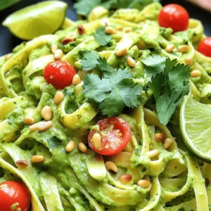 - 12 oz pasta of choice - 2 large ripe avocados - 1 cup fresh cilantro leaves - 2 cloves garlic, minced - 1 tablespoon lime juice - 1/4 cup olive oil - 1/2 teaspoon salt - 1/4 teaspoon black pepper - 1/2 cup cherry tomatoes, halved - 1/4 cup toasted pine nuts - Lime wedges for serving - If you cannot find ripe avocados, you can use peas instead. - For a vegan option, use coconut oil instead of olive oil. - You can swap regular pasta with gluten-free pasta made from brown rice or chickpeas. Using ripe avocados makes a big difference. They add creaminess and flavor. Fresh lime juice brightens the dish and adds a zesty touch. It’s best to use fresh herbs like cilantro for the best taste. Dried herbs will not give you the same vibrant flavor. Start by boiling salted water. The salt adds flavor to the pasta. Use about 1 tablespoon of salt for every 4 quarts of water. Bring the water to a rolling boil before adding the pasta. Cooking time varies by pasta type. For fettuccine, it takes about 10 to 12 minutes. For spaghetti, check after 8 to 10 minutes. Always refer to the package for guidance. To achieve perfect al dente pasta, taste it a minute before the timer goes off. It should be firm but not hard. Overcooked pasta can ruin the dish. For a smooth sauce, use a food processor. Cut the avocados in half, remove the pit, and scoop the flesh in. Add cilantro, garlic, lime juice, olive oil, salt, and pepper. Blend until it reaches a creamy texture. If it’s too thick, add the reserved pasta water. Start with one tablespoon at a time. This will help you control the sauce's consistency. To enhance flavors, consider adding a pinch of cayenne or extra lime juice. These simple tricks can elevate your dish. Once the pasta is cooked, drain it and add it to a large bowl. Pour the creamy avocado sauce over the pasta. Toss gently to coat every strand. Be careful when adding cherry tomatoes. Fold them into the pasta without smashing them. This keeps their shape and adds freshness. Aim for about 1 to 1.5 cups of pasta per serving. This amount is filling without being excessive. For the full recipe, check the instructions above. To ensure your sauce is just right, you can adjust its thickness. If the sauce is too thick, add reserved pasta water a bit at a time. This helps reach the creamy texture you want. Using different oils can also enhance flavor. While olive oil works great, try avocado oil for a richer taste. If you're not vegan, adding cheese can make the dish even creamier. A bit of grated Parmesan or feta will do wonders. To make your dish pop, consider adding spices. A pinch of red pepper flakes can give it a nice kick. You can also add protein for a heartier meal. Grilled chicken or shrimp pairs well with the pasta. Seasonal ingredients can elevate your dish. In summer, fresh corn and zucchini add sweetness and crunch. In fall, roasted butternut squash can lend a warm flavor. When serving, choose deep bowls for a rustic look. This helps keep the pasta warm and adds charm. For garnishing, sprinkle fresh cilantro leaves on top. You can also add a lime wedge for a vibrant touch. Using colorful dishes makes the meal more appealing. Bright plates contrast well with the green pasta, making it pop. Don't forget to drizzle a bit of olive oil on top for that nice finishing touch. For the full recipe, check out the details provided above. {{image_2}} - Gluten-free variations: Use gluten-free pasta to keep the dish light and safe for gluten-sensitive eaters. Many brands offer pasta made from rice or corn that cooks well. - Vegan modifications: This recipe is mostly vegan, but ensure your pasta is egg-free. You can also add nutritional yeast for a cheesy flavor without dairy. - Low-carb alternatives: For a low-carb twist, try zucchini noodles or spaghetti squash. These options keep the dish fresh and healthy while cutting carbs. - Adding spice with jalapeños: If you love heat, toss in finely chopped jalapeños. This adds a nice kick and bright flavor that pairs well with avocado. - Incorporating seasonal vegetables: Think about adding sautéed bell peppers or fresh peas. These colorful veggies not only taste great, but they also add nutrients and crunch. - Infusing other herbs like basil: Basil can bring a new layer of flavor. Combine it with cilantro for a unique twist that elevates the dish. - Complementary side dishes: Serve with a light green salad. A simple mix of greens and a lemon vinaigrette works well to balance the creamy pasta. - Ideal wine or beverage pairings: A crisp white wine, like Sauvignon Blanc, pairs nicely. If you prefer non-alcoholic, try sparkling water with lime for a refreshing drink. - Perfect salads to serve alongside: A fresh cucumber and tomato salad is great. Its lightness contrasts well with the creamy pasta, making your meal more delightful. For the full recipe, visit the provided link. To keep your creamy avocado cilantro lime pasta fresh, use airtight containers. Glass containers work great. They help avoid any weird smells and keep flavors intact. Store the leftovers in the fridge. They will stay good for about 2 days. After that, the avocado may turn brown and affect taste. When reheating, be careful not to let the sauce separate. To avoid this, add a splash of water or olive oil. Heat it slowly on low heat. Stir gently until warmed through. This keeps the creamy texture smooth and tasty. You can freeze avocado pasta, but it may change a bit. The texture of the avocado can get grainy. If you want to freeze it, do so without the tomatoes and nuts. Store in a freezer-safe container. When ready to eat, thaw in the fridge overnight. Reheat slowly as mentioned above. This way, you can enjoy your delicious meal later! To make this dish, you start by cooking the pasta. Bring water to a boil, add salt, and cook the pasta until it's al dente. Reserve some pasta water before draining. Next, blend ripe avocados, fresh cilantro, garlic, lime juice, olive oil, salt, and black pepper in a food processor. Blend until smooth. If it's thick, add some reserved pasta water. Finally, mix the pasta with the sauce and fold in halved cherry tomatoes. Serve it in bowls topped with toasted pine nuts and lime wedges. You can find the full recipe above. Yes, you can use dried herbs. Dried herbs work well when fresh ones are not available. Use about one-third of the amount since dried herbs are more potent. Mix them in with the avocado sauce to let them rehydrate and release their flavors. Keep in mind that fresh herbs add a bright taste, so try to use them whenever you can. This pasta dish lasts about 3 to 4 days in the fridge. Store it in an airtight container. If you see any signs of spoilage, like mold or strange smells, it’s best to throw it away. The creamy avocado sauce may darken over time but is still safe to eat. Yes, this recipe is very kid-friendly! Kids often enjoy the creamy texture and mild flavor. To make it more appealing, you can cut the cherry tomatoes into smaller pieces. You can also let kids help mix the pasta and sauce. They will love being part of the cooking fun! You can prep this dish ahead of time. Cook the pasta and make the sauce, then store them separately. When you are ready to eat, combine them and add the cherry tomatoes. This way, the pasta stays fresh and the sauce won’t brown. This blog post covers all you need to know about making creamy avocado cilantro lime pasta. From gathering fresh ingredients to the perfect cooking techniques, you have the tools to create a delicious dish. Remember, using ripe avocados and fresh herbs elevates flavor. Experiment with variations and storage tips to fit your needs. You can adjust recipes to suit different diets or add unique twists. Enjoy every bite and impress your family and friends with this tasty meal!