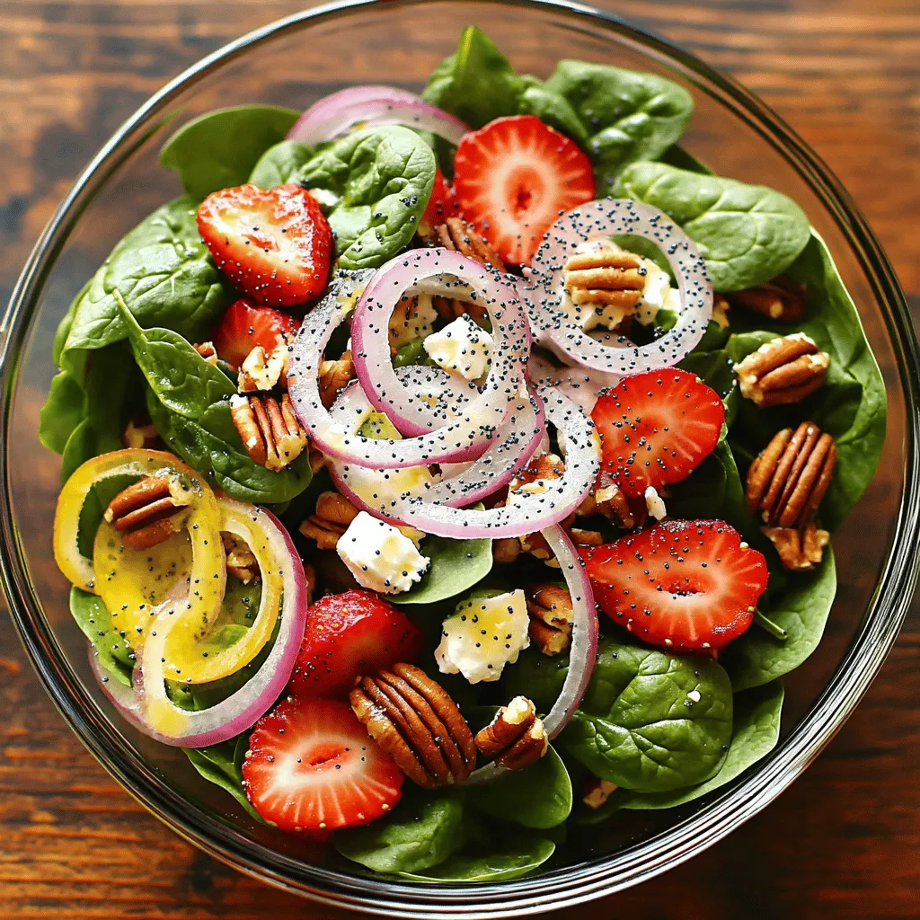 - Baby spinach - Fresh strawberries - Red onion The main part of this salad is the fresh produce. Baby spinach adds a nice crunch and a bright green color. I love using fresh strawberries because they bring sweetness and a pop of red. Slicing the strawberries lets their juice mix in with the salad. Red onion adds a bit of sharpness that balances the sweet strawberries. Together, these ingredients create a fresh and tasty mix. - Pecans - Feta cheese Next, we have the nuts and cheese. Chopped pecans give a nice crunch and a nutty flavor. They pair well with the sweetness of strawberries. Feta cheese adds creaminess and a salty kick. Crumbling the feta on top makes it easy to enjoy in every bite. These ingredients bring a variety of textures and flavors to the salad. - Olive oil - Apple cider vinegar - Honey, salt, and pepper Finally, we need the dressing components. Olive oil is the base of the dressing. It adds richness and helps mix everything together. Apple cider vinegar gives a tangy taste that brightens the salad. Adding honey brings a touch of sweetness, which balances the vinegar. Don’t forget to add salt and pepper to taste. This dressing ties all the flavors together perfectly. For the full recipe, check out the complete instructions. First, grab a small bowl. In it, whisk together the olive oil, apple cider vinegar, honey, salt, and pepper. Make sure these blend well to form a smooth dressing. Taste it and adjust the seasoning if you need more salt or sweetness. This dressing adds a sweet and tangy kick to your salad. Now, take a large salad bowl. Combine the washed baby spinach and sliced strawberries in it. Next, sprinkle in the chopped pecans, crumbled feta cheese, and thinly sliced red onion. Each ingredient brings its own flavor and texture. You will see bright colors and feel excited to eat this fresh mix. Drizzle your prepared dressing over the salad mixture. Use just enough to coat everything lightly. Gently toss the salad. This helps mix all the ingredients and dressing together. Finally, sprinkle poppy seeds on top. They add a delightful crunch and look beautiful. Serve the salad right away for the freshest taste. For detailed instructions, refer to the [Full Recipe]. When making Strawberry Spinach Poppy Seed Salad, I focus on fresh ingredients. Selecting ripe strawberries is key. Look for berries that are bright red with no green spots. They should smell sweet and feel firm but not hard. The taste of ripe strawberries adds a burst of flavor to the salad. Using fresh spinach is just as important. Choose baby spinach that is vibrant green and crisp. Avoid spinach that is wilted or yellowing. Fresh spinach serves as the perfect base. It pairs well with the sweetness of strawberries and the crunch of pecans. Presentation is important in this salad. I like to serve it in a large glass bowl. This way, the bright colors shine through. You can garnish with extra strawberry slices and a sprinkle of poppy seeds. This adds an elegant touch. Pairing the salad with protein can make it a meal. Grilled chicken or shrimp works well. Both add a nice contrast to the salad’s flavors. If you want something lighter, try adding sliced hard-boiled eggs. They provide protein without overpowering the dish. Prepping ingredients in advance makes serving easy. I often wash and slice the strawberries a few hours ahead. You can also chop the pecans and red onion early. Keep these in separate containers in the fridge. For storing salad components, I recommend using airtight containers. This keeps the spinach fresh and crisp. Don’t mix the salad until you’re ready to serve. This way, the salad stays crunchy and delicious. {{image_2}} You can make this salad even better with a few extra ingredients. - Adding grilled chicken: This option gives you added protein. Simply grill some chicken breast, slice it, and place it on top of the salad. It adds a nice touch and makes the dish more filling. - Incorporating other nuts or seeds: If you want a different crunch, try using walnuts or almonds. You can also swap in sunflower seeds for a nut-free option. Each choice gives the salad a unique flavor and texture. The dressing is key to this salad's success. You can switch it up for different tastes. - Balsamic vinaigrette: This dressing adds a sweet, tangy flavor that pairs well with strawberries. Just replace the olive oil and apple cider vinegar with balsamic vinegar, olive oil, and a dash of honey. - Yogurt-based dressings: For a creamy option, try a yogurt-based dressing. Mix plain yogurt with lemon juice, salt, and pepper. This gives the salad a rich taste, plus it's a bit lighter. You can easily adapt this salad to fit different diets. - Vegan alternatives: To make it vegan, skip the feta cheese and honey. Instead, try using a vegan cheese or avocado for creaminess. - Gluten-free options: This salad is already gluten-free! Just ensure that any dressings or added ingredients are also gluten-free. This way, everyone can enjoy it. For more ideas, check out the Full Recipe to explore all the options! To keep your salad fresh, store leftovers right away. Place the salad in an airtight container. This helps keep moisture out. Use a glass or plastic container with a tight lid. If you have dressing left, store it separately. This stops the salad from getting soggy. For long-term storage, you can freeze some parts. Freeze the pecans and feta cheese. Avoid freezing the spinach and strawberries, as they can get mushy. To maintain freshness, seal items in freezer bags. Remove as much air as you can. This helps prevent freezer burn. Knowing how long ingredients last is key. Fresh spinach stays good for about 5 to 7 days in the fridge. Strawberries last around 3 to 5 days. Check for signs of spoilage, like mold or squishy spots. If you see these signs, it’s time to toss them. Always trust your eyes and nose! For the full recipe, you can refer to the mentioned section. To wash spinach, start by filling a large bowl with cold water. Submerge the spinach leaves in the water. Swirl the leaves gently to loosen any dirt. Let the spinach sit for a few minutes. This helps dirt sink to the bottom. Afterward, lift the spinach out of the water. Do not pour the water out, as it will carry dirt. Rinse the spinach under cool running water. Pat the leaves dry with a clean towel. This method keeps the leaves fresh and clean. Yes, you can use other fruits in this salad. Some great options include blueberries, raspberries, or sliced peaches. You can also try apples or oranges for a different taste. Each fruit adds its unique flavor and texture. Feel free to mix and match based on what you enjoy. Just make sure the fruits are ripe and fresh for the best results. This salad lasts about 2 days in the fridge. However, the spinach may wilt over time. To keep it fresh longer, store the dressing separately. Add it just before serving. This way, the salad stays crisp and tasty. If you notice any signs of spoilage, like slimy spinach, it’s best to discard it. Yes, this salad is great for meal prep! You can prep the ingredients ahead of time. Wash and dry the spinach and fruits. Chop the nuts and cheese, and store them in separate containers. Keep the dressing in a small jar. When you are ready to eat, combine everything. This method keeps your salad fresh and delicious. You can enjoy a healthy meal without much fuss. This salad blends fresh produce, nuts, and cheese for a tasty meal. You learned how to prepare the dressing, assemble the salad, and add variations. Always choose ripe fruits and fresh greens for the best taste. Consider pairing your salad with grilled chicken for added protein. Remember, you can store it well to keep it fresh. With these tips, you can create a satisfying dish that fits your needs. Enjoy experimenting and sharing your delicious salad adventures!