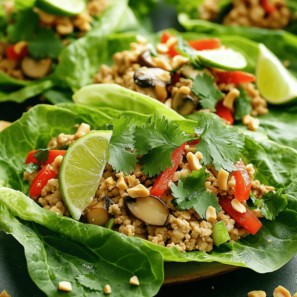 To make tasty Healthy Chicken Lettuce Wraps, gather these items: - 1 lb ground chicken - 1 tablespoon olive oil - 2 cloves garlic, minced - 1 tablespoon fresh ginger, minced - 1 red bell pepper, finely chopped - 1 cup mushrooms, finely chopped - 2 green onions, finely sliced - 2 tablespoons low-sodium soy sauce - 1 teaspoon sesame oil - 1 tablespoon rice vinegar - 1 tablespoon honey or maple syrup - 1 head of butter or romaine lettuce, leaves separated - Salt and pepper to taste - Optional toppings: chopped cilantro, crushed peanuts, lime wedges Each ingredient adds flavor and nutrition. Ground chicken is lean and cooks fast. Olive oil keeps things moist and tasty. Garlic and ginger bring warmth and depth to each bite. The vegetables give crunch and color. Bell peppers add sweetness. Mushrooms bring an earthy flavor. Green onions lend a fresh zing. The sauce mix of soy sauce, sesame oil, rice vinegar, and honey makes everything pop. It balances sweet and salty for a perfect bite. Lettuce wraps act as your healthy vessel. They are low in carbs and full of crunch. You can choose butter lettuce for softness or romaine for sturdiness. Optional toppings like cilantro and crushed peanuts provide fun textures. Lime juice adds a bright finish. For the full recipe, check out the instructions above and get cooking! Cooking the chicken mixture First, heat 1 tablespoon of olive oil in a large skillet over medium heat. Add 2 cloves of minced garlic and 1 tablespoon of minced ginger. Cook these for about 1 minute until they smell great. Next, add 1 pound of ground chicken. Break it apart with a spatula. Cook this for about 5 to 7 minutes until it turns brown and is fully cooked. Adding vegetables and sauce to the skillet Now, stir in 1 finely chopped red bell pepper and 1 cup of finely chopped mushrooms. Cook these for 3 to 4 minutes until the veggies soften. In a small bowl, mix 2 tablespoons of low-sodium soy sauce, 1 teaspoon of sesame oil, 1 tablespoon of rice vinegar, and 1 tablespoon of honey (or maple syrup). Pour this sauce into the skillet. Stir well to coat the chicken and vegetables evenly. Add 2 sliced green onions and season with salt and pepper to taste. Cook for another 2 minutes. Assembling the wraps Remove the skillet from heat and let the filling cool slightly. To serve, take a lettuce leaf and spoon a generous amount of the chicken filling into the center. For extra flavor, you can add optional toppings like chopped cilantro, crushed peanuts, or a squeeze of lime juice. Arrange the filled lettuce wraps on a large platter, garnished with lime wedges and extra green onions for a colorful touch. For the complete recipe, check out the Full Recipe section. How do you achieve great flavor? Start with fresh ingredients. Use ground chicken, fresh garlic, and ginger. The right sauce can lift the taste. Mix soy sauce, sesame oil, rice vinegar, and honey for a delightful kick. This blend adds depth to your dish. How can you cook tender chicken? Use medium heat to avoid overcooking. Break up the chicken in the pan. Stir regularly to cook it evenly. Cook until it is fully browned, about 5-7 minutes. This step makes sure it stays juicy and tender. What are some presentation ideas for serving? Arrange your wraps on a large platter. Add lime wedges and extra green onions on the side. You can also sprinkle chopped cilantro or crushed peanuts on top. This makes your dish look colorful and inviting. For the full recipe and more tips, check out the [Full Recipe]. {{image_2}} You can change the Healthy Chicken Lettuce Wraps to fit your taste. For ground chicken, try ground turkey or crumbled tofu. Both provide great taste and texture. You can switch sauces for unique flavors. Use hoisin sauce for a sweet kick. Try sriracha for some heat. Peanut sauce adds a creamy twist. If you want a vegetarian or vegan option, use mushrooms and tofu. This mix gives a hearty feel without meat. Add more veggies like carrots or zucchini for crunch. Feel free to adjust the recipe to match your cravings. Enjoy your cooking adventure! For the complete recipe, check out the Full Recipe section. To store your leftover filling, place it in an airtight container. This keeps it fresh and tasty. Make sure it cools down first. It will last in the fridge for up to three days. For the lettuce, wrap the leaves in a damp paper towel. Then, place them in a plastic bag. This helps keep them crisp and fresh for around two days. When you are ready to eat leftovers, reheat the chicken filling. You can use a skillet over medium heat. Stir until it's hot all the way through. You can also use the microwave; just heat for one to two minutes. For a quick meal, just spoon the reheated filling into fresh lettuce leaves. Add your favorite toppings for extra flavor. Enjoy your Healthy Chicken Lettuce Wraps again! Check out the Full Recipe for more details. Can I use different types of lettuce? Yes, you can use any lettuce you like. Butter lettuce is soft and easy to wrap. Romaine is crisp and sturdy. Other options like green leaf or iceberg work too. Just make sure the leaves are large enough to hold the filling. How do I make the wraps spicy? To add spice, try these tips. Mix in chopped jalapeños or red pepper flakes. You can also use sriracha or chili sauce in the filling. Adjust the amount based on your heat preference. Always taste as you go for the best result. What are the nutritional benefits of this dish? Healthy chicken lettuce wraps are low in carbs and high in protein. Ground chicken provides lean protein. Vegetables add fiber, vitamins, and minerals. Using healthy fats like olive oil helps your body absorb nutrients. This dish is a great option for a balanced meal. How long do leftover wraps last? Leftover chicken filling can last about 3-4 days in the fridge. Store it in an airtight container. The lettuce leaves should be eaten fresh for the best taste. Keep them separate from the filling to avoid sogginess. Healthy Chicken Lettuce Wraps are easy to make and delicious. You learned about key ingredients, step-by-step cooking, and helpful tips. We also explored some tasty variations and how to store leftovers. These wraps are not just fun but also healthy. You can customize them to fit your taste and diet. Now, you are ready to make your own wraps and enjoy a fresh meal at home!