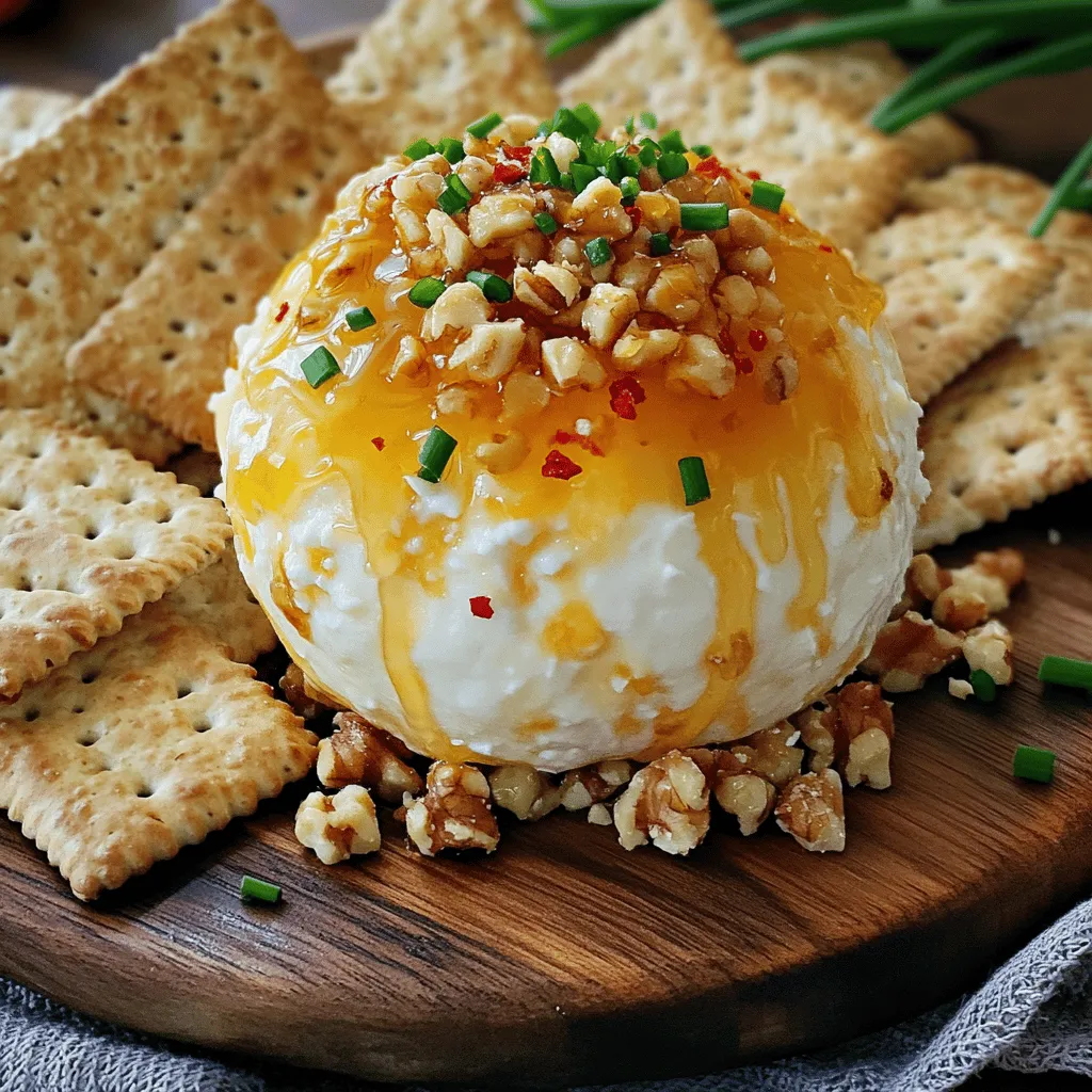 To make the perfect Hot Honey Cheese Ball, gather these main ingredients: - 8 oz cream cheese, softened - 1 cup shredded sharp cheddar cheese - 1/2 cup crumbled feta cheese - 1/4 cup honey - 1-2 teaspoons red pepper flakes (to taste) - 1/4 cup chopped fresh chives - 1/2 cup chopped nuts (walnuts or pecans work well) These ingredients create a mix of creamy, sweet, and spicy flavors. You will need some simple tools to help you make this cheese ball: - Mixing bowl - Spoon or spatula - Plastic wrap - Serving platter These tools make the process smooth and easy. You can take your cheese ball to the next level with these optional add-ins: - Crushed garlic for a savory kick - Dried herbs like oregano or basil for extra flavor - Chopped olives for a briny touch Feel free to experiment with these add-ins. They can change the taste and make it unique! For the full recipe, check out the Hot Honey Cheese Ball . To start, gather your ingredients. You need cream cheese, sharp cheddar, feta, honey, red pepper flakes, chives, and nuts. In a mixing bowl, add the softened cream cheese, shredded cheddar cheese, and crumbled feta cheese. Mix these until they blend together smoothly. Next, pour in the honey. Then, sprinkle in the red pepper flakes. Stir until everything is well mixed. You can adjust the spice by adding more red pepper flakes if you like heat. Once your cheese mixture is ready, it’s time to shape it. Use your hands to form the mixture into a ball. Wrap the cheese ball tightly in plastic wrap. This helps it hold its shape. Place it in the fridge for at least one hour. Chilling makes it firm and easier to coat. After chilling, take the cheese ball out of the fridge. Unwrap it carefully. Now, roll the cheese ball in the chopped nuts. Make sure it gets a good coat on all sides. This adds great texture and crunch. Place the cheese ball on a serving platter. Drizzle some extra honey on top for sweetness. Add chopped chives for color and flavor. Serve it with crackers or slices of bread. Enjoy this savory and flavorful delight at your next gathering! For the complete recipe, check the Full Recipe. To get that creamy, dreamy texture, start with softened cream cheese. Mix it well with cheddar and feta. This blend gives a rich taste and smooth feel. If you want a bit of crunch, add some nuts. Remember, chill the cheese ball for at least one hour. This step helps it hold its shape. Hot honey cheese ball is a hit at parties. Serve it with a variety of crackers or slices of bread. You can also add fresh veggies for color. Arrange the cheese ball on a nice platter, and drizzle some honey on top. Garnish it with chives for a fresh touch. Choose drinks that balance the sweet and spicy notes. A chilled white wine, like Sauvignon Blanc, pairs well. Beer lovers might enjoy a light lager. For non-alcoholic options, try sparkling water with a twist of lemon. These drinks enhance the flavors of the cheese ball. {{image_2}} You can easily change the taste by using different cheeses. Try using goat cheese for a tangy twist. You can also use mozzarella for a creamier texture. Mixing in some blue cheese adds a bold kick. Each cheese brings its own flavor, making your cheese ball unique. You can control the heat level of your cheese ball. If you love spice, add more red pepper flakes. For a milder dish, use just a pinch. If you want a sweeter flavor, drizzle more honey on top. Finding the right balance makes each bite special. If you have nut allergies, don’t worry! You can skip the nuts altogether. Instead, roll the cheese ball in crushed pretzels for crunch. You can also use seeds like pumpkin or sunflower seeds. These options keep your dish tasty without nuts. For the full recipe, check out the Hot Honey Cheese Ball. To keep your hot honey cheese ball fresh, wrap it tightly. Use plastic wrap or foil. This helps keep moisture in and air out. Store it in the fridge for up to five days. If you have leftovers, I suggest marking the date on the wrap. This way, you know when to enjoy it. You can freeze the cheese ball if you want it to last longer. First, wrap it in plastic wrap. Then, place it in a freezer-safe bag. Make sure to remove as much air as possible. Freeze it for up to three months. When you're ready to use it, move it to the fridge. Let it thaw overnight before serving. You don’t need to heat the cheese ball. It’s best served cold or at room temperature. If you want it softer, leave it out for about 30 minutes. This way, it will be easy to spread on crackers or bread. You can also drizzle more hot honey on top for extra flavor. Enjoy every bite of this savory treat! Yes, you can make the Hot Honey Cheese Ball a day ahead. Just follow the recipe and chill it well. Wrap it tightly in plastic wrap. This keeps the cheese ball fresh. Making it early allows the flavors to blend nicely. You can serve many things with a cheese ball. Here are some great options: - Crackers - Slices of bread - Veggies like carrots and celery - Apple or pear slices These pair well and add variety to your spread. You can even mix and match for fun flavors. A cheese ball lasts about 5 to 7 days in the fridge. Make sure to store it in an airtight container. If you notice any changes in smell or texture, it’s best to throw it away. Keeping it wrapped tight helps maintain its taste and freshness. For more details on making this delicious treat, check the Full Recipe. You now know how to create a hot honey cheese ball. We covered all the tasty ingredients and tools you need. You learned steps for mixing, shaping, and serving. We also shared helpful tips for texture and fun serving ideas. Don’t forget the tasty variations and how to store leftovers! Making this cheese ball can impress your guests. Enjoy the sweet and spicy flavors at your next gathering. Have fun with it, and get creative!