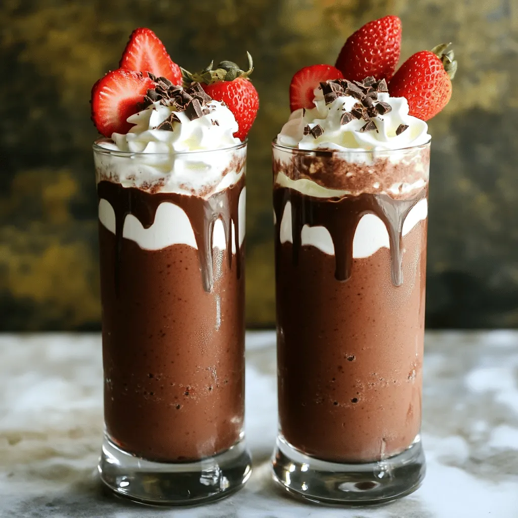 - 1 cup fresh strawberries, hulled - 1 banana, frozen - 1 cup almond milk (or any milk of preference) - 2 tablespoons cocoa powder - 1 tablespoon honey or maple syrup - 1 tablespoon chia seeds (optional) - 1/4 teaspoon vanilla extract - Whipped cream (optional) - Extra strawberries and cocoa nibs for garnish The Chocolate Covered Strawberry Smoothie starts with fresh strawberries. These berries are sweet and juicy. They add a bright flavor to your drink. You can use frozen strawberries, too, but fresh ones are best. A frozen banana gives the smoothie a creamy texture. It also adds natural sweetness without extra sugar. Choose any milk you like. Almond milk is a great option for a nutty taste. Cocoa powder brings that rich chocolate flavor. Adding honey or maple syrup lets you control the sweetness. If you want a thicker smoothie, chia seeds are a fantastic addition. They also boost the fiber and protein content. A hint of vanilla extract rounds out the flavors. If you want a special treat, add whipped cream on top. Garnish with extra strawberries and cocoa nibs for a fun look. This smoothie is not just tasty; it’s also packed with good nutrients. This smoothie provides about 250 calories per serving. It has 5 grams of fat, 45 grams of carbohydrates, and 4 grams of protein. Health benefits of key ingredients: - Strawberries are full of vitamins, fiber, and antioxidants. They can help your heart and skin. - Cocoa is rich in flavonoids. This can boost your mood and lower blood pressure. - Chia seeds are high in omega-3s and fiber. They help with digestion and keep you full longer. Enjoy this smoothie as a delicious treat that also supports your health! For the full recipe, check out the details above. To start, prepare the strawberries and banana. For strawberries, remove the green tops and rinse them well. Make sure they are dry before using. For the banana, peel it and slice it into chunks. If you want a chilled smoothie, freeze the banana ahead of time. Next, set up your blender. A high-speed blender works best for a smooth blend. If you use a regular blender, make sure to blend in small batches. This helps ensure everything mixes well. Put the hulled strawberries, banana chunks, and almond milk in the blender first. Blend until the mixture is smooth. This usually takes about 30 seconds. After that, add cocoa powder, honey or maple syrup, chia seeds, and vanilla extract. Blend again until everything is mixed evenly. Taste your smoothie. If it needs more sweetness, add a bit more honey or syrup. Blend again if you make adjustments. If your smoothie is too thick, pour in a little more almond milk. Blend again until it reaches the perfect consistency. Once blended, pour the smoothie into tall glasses. For a fun touch, you can drizzle melted chocolate inside the glasses before pouring the smoothie. This makes it look fancy! For garnishing, consider adding whipped cream on top. You can also add extra strawberries and a sprinkle of cocoa nibs for a beautiful finish. This makes your Chocolate Covered Strawberry Smoothie not just tasty, but also a feast for the eyes! To boost the chocolate flavor, add a bit more cocoa powder. You can also try using dark chocolate instead of cocoa. For a stronger strawberry taste, throw in extra fresh strawberries. If you want more nutrients, add a scoop of protein powder or Greek yogurt. This will make your smoothie creamier and pack a protein punch. Serve your smoothie in a clear glass to show off its rich color. Top it with whipped cream for a fun touch. You can also add a drizzle of melted chocolate on top or around the inside of the glass. Garnish with fresh strawberries or cocoa nibs for a nice finish. These little details make your drink feel special! If your smoothie is too thick, add more almond milk or water. Blend until it reaches the right consistency. For a thicker smoothie, add chia seeds or more frozen banana. This gives it a creamy texture and keeps it filling. Enjoy your smooth, delicious treat! {{image_2}} You can change the almond milk for other dairy-free options. Try coconut milk for a tropical twist. Oat milk works well, too, giving a creamy texture. For sweeteners, consider using agave syrup instead of honey. Stevia is a great low-calorie choice as well. Get creative with fruits! Add a banana for extra creaminess. Raspberries bring a tart flavor that pairs nicely. For chocolate lovers, choose dark chocolate cocoa powder instead of milk chocolate. It adds a rich, deep taste. Boost your smoothie with superfoods. Spinach adds nutrients without changing the taste much. Protein powder gives a nice kick, perfect after workouts. If you want added flavor, try a scoop of nut butter or a sprinkle of cinnamon. These make your smoothie more filling and tasty! Store leftover smoothies in a sealed jar or container. This keeps them fresh. Smoothies usually last in the fridge for one day. After that, they may lose taste. You can keep the ingredients fresh, too. Fresh strawberries last about three days in the fridge. Bananas can stay fresh for about a week. Almond milk lasts about 7-10 days once opened. Cocoa powder can stay good for months if sealed tight. You can freeze leftover smoothies for later. Pour the smoothie into ice cube trays or freezer bags. This helps save space. To enjoy later, just thaw the smoothie in the fridge overnight. If you want it faster, place the bag in warm water for about 10 minutes. Blend again after thawing. This keeps the flavor and texture just right. You can make your smoothie thicker by adding: - 1 tablespoon of chia seeds - 1/2 cup of Greek yogurt - More frozen banana - A handful of oats Chia seeds absorb liquid, adding thickness. Greek yogurt adds creaminess. Frozen banana not only thickens but adds sweetness, too. Oats give a hearty texture and boost fiber. Yes, you can use frozen strawberries. They add a nice chill and thickness. Frozen strawberries often have a sweeter taste, as they are picked at peak ripeness. This can enhance the smoothie’s flavor, giving it a delicious twist. You can sweeten your smoothie with: - Honey - Maple syrup - Agave syrup - Stevia Honey adds a floral note, while maple syrup offers a rich depth. Agave is lighter and blends well. Stevia is a no-calorie option, great for lighter sweetness. Each sweetener affects the flavor, so choose what suits your taste. The smoothie can last up to 24 hours in the fridge. It’s best to store it in an airtight container. After a few hours, it may separate. Just give it a good shake to mix it up again. Yes, this smoothie can work as a meal replacement. It has healthy fats, natural sugars, and protein. The banana and chia seeds provide energy and keep you full. However, ensure you add enough nutrients to meet your needs. This blog post guides you through making a delicious Chocolate Covered Strawberry Smoothie. We explored key ingredients, their health benefits, and how to prepare and serve your smoothie with style. You can experiment with flavors, adjust textures, and even try variations for added nutrition. Overall, this simple recipe offers a tasty treat while packing in important nutrients. Enjoy making this smoothie and feel good about what you drink!