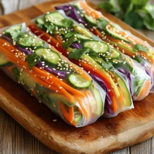 This recipe for easy veggie spring rolls is fun and bright. You can make them in about 30 minutes. They are perfect for a snack or a light meal. You can dip them in hoisin sauce for extra flavor. Here are the key ingredients you need: - 8 rice paper wrappers - 1 cup shredded carrots - 1 cup cucumber, julienned - 1 cup red bell pepper, julienned - 1 cup purple cabbage, shredded - 1 avocado, sliced - 1/2 cup fresh mint leaves - 1/2 cup fresh cilantro leaves - 1/4 cup green onions, sliced - 1/4 cup hoisin sauce (for dipping) - 1 teaspoon sesame seeds (for garnish) These ingredients create a crunchy and colorful mix. The fresh herbs add a burst of flavor. You can add more fun to your spring rolls. Try these options: - Cooked shrimp or chicken for protein - Sliced radishes for crunch - Avocado for creaminess - A dash of lime juice for zest These add-ins make your rolls even more tasty. You can mix and match based on what you like. Enjoy getting creative! To make spring rolls, you need a clean space. Clear a flat surface, like a counter or table. Gather your ingredients and tools. You will need a large shallow dish, a cutting board, a knife, and a clean towel. This setup makes the process easy and fun. Start with the rice paper wrappers. Fill a large shallow dish with warm water. Take one wrapper and dip it in the water for 10-15 seconds. It should become soft and pliable. Lay the wrapper flat on your clean surface. This step is key to making the rolls easy to handle. Now it’s time to fill your spring rolls. Place a handful of shredded carrots, cucumber, red bell pepper, and purple cabbage in the middle of the wrapper. Add a few slices of avocado for creaminess. Top with fresh mint and cilantro leaves. Finally, sprinkle some green onions on top. This mix creates a colorful and tasty filling. Rolling the spring rolls takes practice, but it’s simple. Start by folding the sides of the wrapper over the fillings. Then, roll from the bottom up. Tuck the ingredients in as you go. This helps keep the filling secure. Make sure the roll is tight but not too tight. Repeat this with the remaining wrappers. Once your rolls are ready, arrange them on a platter. Drizzle hoisin sauce on top for flavor. You can also sprinkle sesame seeds for a nice touch. Serve with extra hoisin sauce on the side for dipping. These rolls look great and taste even better. For more details, check the Full Recipe. When making veggie spring rolls, a few mistakes can ruin your fun. First, do not soak the rice paper too long. If you do, it will tear easily. Just dip it for about 10-15 seconds. Second, do not overfill the wrappers. Too much filling makes rolling hard. Keep it simple, and use a small handful of veggies. Lastly, avoid rolling them too tight. If you do, they may burst. Rolling spring rolls takes a bit of practice, but I have some tips. Start by placing your filling in the center of the softened rice paper. Fold the sides in first, then roll from the bottom up. Tuck the filling in as you go. This keeps everything inside. Make sure to keep the roll tight but not too tight. It should feel snug but not stressed. Handling rice paper can feel tricky, but it is easy with the right steps. Always keep a bowl of warm water handy. Dip each wrapper carefully in the water. Once it feels soft, take it out and lay it flat. If the wrapper sticks, use a clean surface. You can also place a damp cloth over them to keep them moist. This prevents them from drying out while you work. For the full recipe, check out the Crunchy Rainbow Veggie Spring Rolls section. Enjoy your cooking! {{image_2}} You can boost your spring rolls by adding protein. Tofu is a great choice. Use firm tofu, and press it to remove water. Cut it into strips and pan-fry until golden. For shrimp lovers, cook peeled shrimp in boiling water. They only need a few minutes until pink. If you prefer chicken, grill or poach it. Slice it thinly, so it fits well in the rolls. Each protein gives your rolls more flavor and keeps you full. Feel free to mix up the veggies in your rolls. Instead of carrots, try shredded zucchini for a fresh twist. You can use bell peppers of any color. They add sweetness and crunch. Snow peas are also a fun choice. They add a nice snap. Radishes can give a peppery kick. Just slice them thinly. Experimenting with vegetables keeps your spring rolls exciting and colorful! While hoisin sauce is a classic, many other dips work too. Try peanut sauce for a creamy, nutty flavor. Just mix peanut butter with soy sauce and a bit of lime juice. For a kick, make a spicy sauce with chili paste and soy sauce. If you like something tangy, mix rice vinegar with a little sugar. These sauces can change the taste of your spring rolls and make them even more enjoyable. To store leftover spring rolls, place them in an airtight container. If you have extra rice paper wrappers, keep them separate. This helps prevent the rolls from getting soggy. You can store them in the fridge for up to three days. When prepping spring rolls, you can assemble them ahead of time. Just wrap them in a damp paper towel to keep them moist. For reheating, avoid using the microwave, as it makes them chewy. Instead, heat them on a skillet for a few minutes until warm. The best way to keep spring rolls fresh is to store them dry. Always keep sauces separate until you are ready to eat. If you want to keep the veggies crisp, use a clean towel to cover them. This helps in keeping the moisture away. Yes, you can make these spring rolls ahead of time. Just prepare them and store them in the fridge. Wrap each roll in a damp paper towel. This keeps them moist and fresh. You can enjoy them later with your favorite dipping sauce. If you don’t have rice paper wrappers, try using lettuce leaves. Romaine or butter lettuce works great. You can also use whole wheat tortillas or nori sheets. Each option gives a different texture and taste, so feel free to experiment! To make these spring rolls gluten-free, use rice paper wrappers. They are naturally gluten-free. Make sure your hoisin sauce is gluten-free as well. Check the label to avoid any hidden gluten ingredients. This way, everyone can enjoy these tasty rolls. For serving, cut the spring rolls in half on a diagonal. This makes them easy to grab and eat. You can also cut them into smaller pieces for sharing. Just make sure you use a sharp knife to get clean cuts. This adds to their visual appeal! Spring rolls are fun to make and great to eat. You learned about the key ingredients, from rice paper to tasty add-ins. The steps for rolling were clear, making preparation easy. I shared tips to avoid common mistakes and ensure your rolls look perfect. You can try different proteins and veggies for new flavors. Don't forget about storage and meal prep to keep your rolls fresh. With this knowledge, you can create delicious spring rolls anytime. Enjoy this tasty treat that's sure to impress!