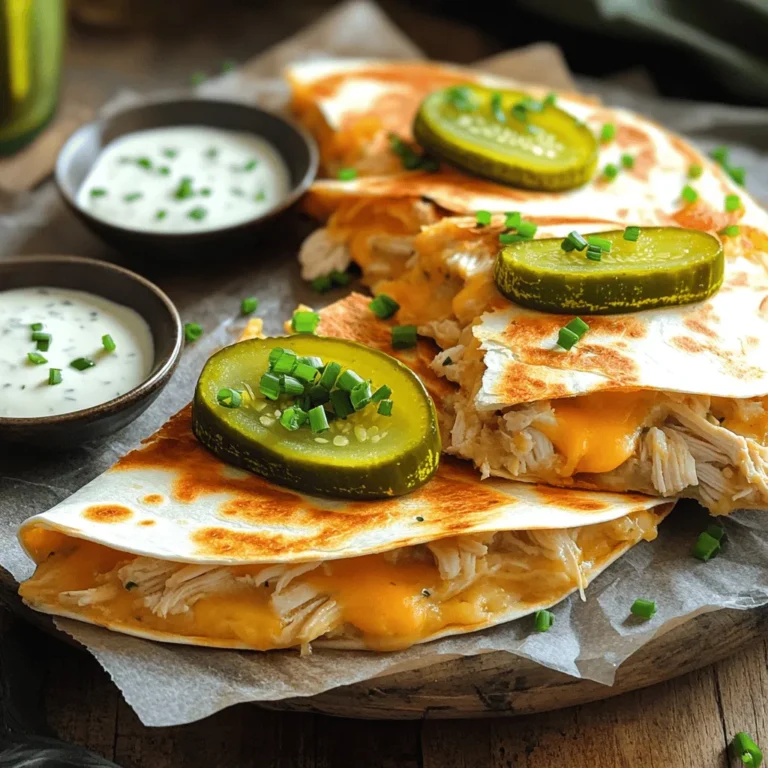 - 2 cups cooked chicken, shredded - 1 cup dill pickle slices, chopped - 1 cup shredded cheddar cheese - 1 cup ranch dressing - 6 flour tortillas - 2 tablespoons olive oil - 1 teaspoon garlic powder - 1 teaspoon onion powder - Salt and pepper to taste - Fresh chives, chopped (for garnish) The key to making Pickle Ranch Chicken Quesadillas is using fresh and tasty ingredients. Start with cooked chicken, which you can prepare in advance. Shredding the chicken makes it easy to mix with other ingredients. Next, chop some dill pickle slices. This gives the quesadillas a nice tangy kick. Shredded cheddar cheese is a must. It melts beautifully and adds creaminess. For the dressing, use ranch dressing. It ties all the flavors together. Flour tortillas are your base. They hold everything inside. Don't forget the olive oil for cooking. It gives the tortillas a crisp texture. Garlic powder and onion powder add depth to the flavor. Finally, season with salt and pepper to taste. For garnish, sprinkle fresh chives on top. They add a pop of color and flavor. For the full recipe, check out the details above. Enjoy making this fun dish! To start, grab a large mixing bowl. Add the shredded chicken, chopped dill pickles, garlic powder, onion powder, and ranch dressing. Mix well with a spatula. It is key to coat everything evenly. This makes each bite tasty and full of flavor. If you skip this step, some bites may taste bland. Next, heat a skillet over medium heat. Pour in one tablespoon of olive oil. Wait until the oil is hot. Now, place one flour tortilla in the skillet. Sprinkle about 1/4 cup of shredded cheddar cheese evenly over the tortilla. Then, spoon a portion of the chicken mixture onto one half of the tortilla. Fold the tortilla over to cover the filling and press down gently. Cook for 3-4 minutes until the bottom is golden and crispy. Flip the quesadilla carefully and cook the other side for another 3-4 minutes. The cheese should be melted and gooey. Repeat this with the rest of the tortillas and filling. Once all your quesadillas are cooked, use a sharp knife to cut each one into wedges. Place them on a large platter. For a fun twist, serve with extra ranch dressing on the side for dipping. Add some chopped chives on top for a fresh look. These small details make your dish pop. Enjoy your Pickle Ranch Chicken Quesadillas! For the complete recipe, check out the Full Recipe section. To make your quesadillas golden and crisp, heat your skillet to medium. Use olive oil to coat the pan. This helps the quesadillas cook evenly. When you add the tortilla, let it sit without moving for a few minutes. This way, it gets that nice crunch. When flipping, use a large spatula. Carefully slide it under the quesadilla. Lift it and turn it over in one smooth motion. If it feels heavy, it may need more time. Wait until it’s golden before you flip. If you want to switch up the chicken, try using shredded turkey or cooked beef. For cheese, you can use Monterey Jack or pepper jack for extra flavor. If you are looking for non-dairy options, swap ranch dressing for a vegan alternative. There are many good brands that taste great. You can also use a homemade mix with yogurt or tahini. {{image_2}} You can easily enhance your quesadillas with added flavors. Adding spices can give them a nice kick. Try using cayenne pepper or smoked paprika. Just a pinch can really change the taste. You can also add cumin for a warm, earthy note. Incorporating different cheeses can also elevate your dish. While cheddar is great, you can mix in Monterey Jack or pepper jack. These cheeses melt well and add creaminess. You can even use a blend of cheeses for more depth. If you want a vegetarian version, you can use plant-based proteins. Try using shredded jackfruit or tofu. These options soak up flavors well and provide a nice texture. For a veggie filling, consider using bell peppers, mushrooms, or spinach. These vegetables add color and crunch. You can also mix in black beans for protein and fiber. This way, you keep your quesadillas tasty and filling. For the full recipe, check out the [Full Recipe]. To keep your leftover quesadillas fresh, store them in the fridge. Place them in an airtight container. This helps prevent them from drying out. They will stay good for up to 3 days. If you want to store them longer, freezing is a great option. Wrap each quesadilla in plastic wrap, then place them in a freezer bag. They can last for up to 2 months in the freezer. Just remember to label the bags with the date. When you reheat quesadillas, you want them crispy. The best way to do this is by using a skillet. Heat the skillet over medium heat. Place the quesadilla in the skillet for about 2-3 minutes on each side. This keeps the outside crispy and warm. If you're short on time, you can use the microwave. However, this can make them a bit soggy. To reduce this, place a paper towel under the quesadilla. Heat it in 30-second intervals until hot. The skillet method is always my top choice for the best texture. The best way to shred cooked chicken is to use two forks. Hold one fork in each hand. Use one fork to stabilize the chicken and the other fork to pull the meat apart. This method gives you control and helps you shred the chicken into even pieces. You can also use a stand mixer with a paddle attachment for quick shredding. Just mix on low speed for a minute or two. Yes, you can use corn tortillas. They add a nice flavor and crunch. Just make sure they are warmed up first. Warming helps them stay flexible and prevents cracking. You may need to adjust cooking time since corn tortillas cook faster than flour ones. To make this recipe gluten-free, use gluten-free flour tortillas. Most stores carry them now. Also, check the ranch dressing to ensure it is gluten-free. Many brands offer gluten-free options that taste great. Always read labels to be sure. The quesadillas will last about 3 to 4 days in the fridge. Place them in an airtight container to keep them fresh. When ready to eat, just reheat them in a skillet or microwave. Yes, you can prepare the filling ahead of time. Mix the chicken, pickles, ranch, and spices. Store it in the fridge for up to 24 hours. This saves time when you are ready to cook your quesadillas. These quesadillas pair well with a side of salsa or guacamole. You can also serve them with extra ranch dressing for dipping. A fresh salad or crunchy veggies make a great side dish too. Absolutely! You can easily double or triple the recipe. Just make sure to have enough tortillas and filling. Cook the quesadillas in batches. Keep them warm in the oven while you finish cooking. This way, everyone gets to enjoy them fresh and hot. This post covered tasty Pickle Ranch Chicken Quesadillas. We explored the key ingredients, step-by-step cooking, and helpful tips. You learned how to achieve crispy quesadillas and explored fun variations. Remember, using your favorite ingredients makes them yours. Try different cheeses or add spices for more flavor. Storing and reheating tips help keep leftovers delicious. Enjoy these quesadillas as a snack or for a meal. Simple techniques and creativity make cooking fun and rewarding.