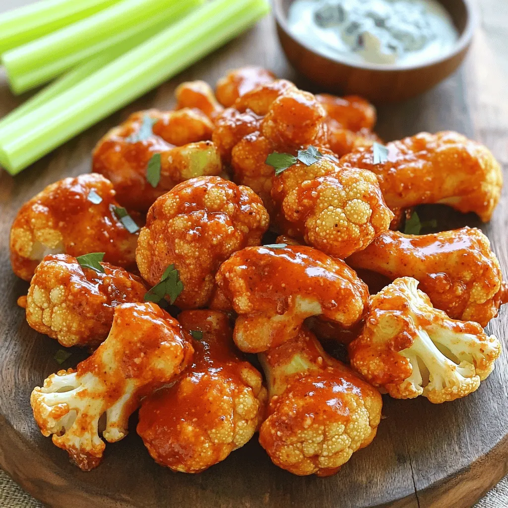 - 1 large head of cauliflower, cut into florets - 1 cup all-purpose flour (or gluten-free flour) - 1 cup water - 1 teaspoon garlic powder - 1 teaspoon onion powder - 1 teaspoon smoked paprika - 1 teaspoon salt - 1 cup buffalo sauce (store-bought or homemade) - 2 tablespoons olive oil - Optional: Celery sticks and blue cheese dressing for serving Gather these ingredients before starting. The cauliflower is key for texture. The flour and water form a light batter that sticks well. Garlic and onion powder add nice flavor. Smoked paprika gives a warm touch. The buffalo sauce adds the heat and tang. Olive oil helps with browning. Optional celery sticks and blue cheese dressing make great sides. Using fresh ingredients enhances the taste. Choose firm cauliflower heads for the best texture. If you're gluten-free, swap the flour easily. This simple list makes it easy to enjoy oven baked buffalo cauliflower wings. For the full recipe, check the details above. - Preheat the oven to 450°F (232°C). This helps the wings cook evenly and get crispy. - Whisk together the batter ingredients. In a large bowl, mix flour, water, garlic powder, onion powder, smoked paprika, and salt. You want it smooth, like pancake batter. - Dip cauliflower florets into the batter. Make sure each piece is well-coated. This will help the sauce stick later. - Arrange on a baking sheet and bake for 25 minutes. Spread the cauliflower in a single layer. This ensures they get crispy. - Toss in buffalo sauce mixture and return to the oven. After 25 minutes, take them out and coat them with buffalo sauce. Put them back in the oven for another 10-15 minutes. They should be golden and slightly caramelized at this point. - Cool slightly before serving. Let them sit for a few minutes to avoid burns. - Pair with celery sticks and blue cheese dressing. This adds a crunchy contrast and creamy flavor to the spicy wings. Enjoy your crispy delight! For the full recipe, check out the details provided. To get a crispy texture, it's all about the batter. Use a thick batter. This helps the cauliflower stay crispy. I recommend using all-purpose flour or gluten-free flour. Mixing flour with water creates a nice coat for the florets. Whisk until smooth. Dip each floret fully, so it gets a good coating. Place them on the baking sheet so they don’t touch. Overcooking can dry out your wings. Keep an eye on them. Bake for about 25 minutes first. Check if they are golden brown before adding sauce. Undercooking can leave them soggy. Make sure they are tender but not mushy. To avoid soggy wings, toss them in the buffalo sauce after the first bake. This keeps them crispy and flavorful. Want to enhance flavor? Add spices like cayenne pepper or cumin to the batter. For a twist, try adding nutritional yeast for a cheesy taste. If you make homemade buffalo sauce, mix in honey or maple syrup for sweetness. You can customize it to your taste. Check out the Full Recipe for more ideas! {{image_2}} You can change the heat of your buffalo cauliflower wings to suit your taste. I love using different types of buffalo sauce. Here’s how to adjust the heat: - Mild: Look for a mild buffalo sauce. You can also mix in some honey for sweetness. - Medium: This is the classic choice. It balances heat and flavor well. - Spicy: Go for a hot sauce with a kick. You can add cayenne pepper to the batter for extra heat. If you want to try something different, you can swap buffalo sauce for other flavors. Barbecue sauce gives a sweet touch. Garlic parmesan sauce adds a savory twist. Be creative! Making this dish vegan and gluten-free is easy. Here are some options: - Gluten-free flour: Use almond flour or chickpea flour for the batter. Both give a nice texture. - Vegan sauces: Try using a vegan buffalo sauce. You can also make a creamy tahini dressing for dipping. These changes keep the dish tasty while meeting dietary needs. Serving your buffalo cauliflower wings can be fun and creative. Here are some ideas: - Plating: Use a big platter and arrange the wings in a circle. Add fresh veggies around them for color. - Dipping sauces: Serve with ranch or blue cheese dressing. You can also try a spicy sriracha mayo for a twist. These serving styles make your dish look great and taste even better. Check out the Full Recipe for more ideas! After enjoying your buffalo cauliflower wings, storing them right keeps them tasty. First, let the wings cool down to room temperature. Then, place them in a clean, airtight container. This helps keep them fresh. You can also use a zip-top bag if you remove as much air as possible. Store the wings in the fridge for up to 3 days. If you want to keep them longer, consider freezing them. Just make sure to wrap them tightly in plastic wrap before placing them in a freezer bag. When it's time to enjoy your leftovers, reheating them properly is key. The best way to keep them crispy is in the oven. Preheat your oven to 350°F (175°C). Place the wings on a baking sheet and heat for about 10 to 15 minutes. This helps restore their crunch. If you're in a hurry, you can use the microwave, but be careful. Microwaving can make them soggy. If you choose this method, heat them for about 1 to 2 minutes and check often. Enjoy your crispy delight with the best reheating tips! For the full recipe, check out the detailed guide above. Yes, you can make these wings ahead! Start by baking them as per the recipe. Once they cool, store them in an airtight container in the fridge. They stay fresh for about 3-4 days. If you want to reheat them, do it in the oven. This keeps them crispy. Just place them on a baking sheet at 350°F (175°C) for about 10-15 minutes. Buffalo cauliflower wings pair well with many sides. Here are some tasty options: - Celery sticks - Carrot sticks - Hummus or ranch dressing - A fresh garden salad - Sweet potato fries These sides add crunch and freshness to your meal. If you want more heat, add extra hot sauce to the buffalo sauce. You can also try these tips: - Mix in cayenne pepper for a punch. - Use a spicy buffalo sauce brand. - Add red pepper flakes to the batter. These options will amp up the spice level and enhance the flavor! For the full recipe, check it out here [Full Recipe]. In this guide, we explored how to make tasty buffalo cauliflower wings. You learned about the key ingredients, detailed preparation steps, and baking processes. We also shared tips for perfecting texture and avoiding common mistakes. Variations let you customize heat levels and dietary needs. Finally, we covered storage and reheating methods to keep your wings fresh. Enjoy trying this recipe and make it your own! With these tips, you can impress anyone at your next gathering. Happy cooking!