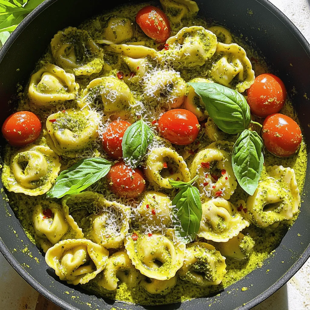 Creating a delicious creamy pesto tortellini starts with gathering the right ingredients. You want fresh flavors and quality items. Here’s what you need: - 12 oz cheese tortellini (fresh or frozen) - 1 cup heavy cream - 1/2 cup basil pesto (store-bought or homemade) - 1/2 cup grated Parmesan cheese - 2 cloves garlic, minced - 1 cup cherry tomatoes, halved - 1 tablespoon olive oil - Salt and black pepper to taste - Fresh basil leaves for garnish - Red pepper flakes (optional for spice) Each ingredient plays a role in this dish. The tortellini brings a lovely texture. Heavy cream adds richness. Basil pesto gives strong flavor. Parmesan cheese enhances the creamy sauce. Garlic adds depth, while cherry tomatoes offer a pop of color and freshness. Olive oil helps sauté the garlic, making it fragrant. Finally, salt and pepper balance the flavors. You can use red pepper flakes if you want a kick. These ingredients come together beautifully in the full recipe. Enjoy cooking this simple yet flavorful dish! Start by boiling water in a large pot. Add salt to the boiling water. Cook 12 ounces of cheese tortellini according to the package instructions. Fresh tortellini takes about 3-5 minutes, while frozen may take longer. Once cooked, drain the tortellini and set it aside. This step ensures the pasta is tender and ready to soak up the creamy sauce. In a large skillet, heat 1 tablespoon of olive oil over medium heat. Add 2 cloves of minced garlic and sauté for about 1 minute. Watch the garlic closely; it should smell great but not burn. Once fragrant, lower the heat. Pour in 1 cup of heavy cream and stir until it starts to simmer. Gradually mix in 1/2 cup of basil pesto and 1/2 cup of grated Parmesan cheese. Stir well until the sauce is smooth and creamy. This method creates a rich, flavorful base. Now it's time to combine everything. Add the cooked tortellini and 1 cup of halved cherry tomatoes to the skillet. Gently toss to coat the pasta evenly with the sauce. Season with salt and black pepper to taste. If you want a little heat, add red pepper flakes. This step is key; it brings the dish together. Cook for an additional 2-3 minutes, letting everything heat through. Remove from heat and let it sit for a moment. This will help the sauce thicken. Serve hot, garnished with fresh basil leaves and more Parmesan if you like. Enjoy this creamy pesto tortellini meal that comes together in just 20 minutes! For more details, check the Full Recipe. To make your creamy pesto tortellini shine, timing is key. Cook the tortellini for the time on the package, then drain it right away. Overcooking can make them mushy. When you sauté the garlic, keep an eye on it. Just one minute is all you need to bring out its flavor. When you add the heavy cream, lower the heat to avoid boiling. Stir it until it simmers. This helps keep the sauce creamy. If the sauce seems too thick, add a splash of water or broth. If it’s too thin, let it cook a bit longer. If you don’t have heavy cream, use half-and-half or whole milk. This will still give you a nice, creamy texture. You can also try coconut cream for a dairy-free option. For cheese, Parmesan is a classic choice. But you can use Pecorino Romano or even goat cheese for a twist. Each cheese adds its own unique flavor, so feel free to mix and match. For the full recipe, check out the detailed steps listed above. {{image_2}} You can make this dish even better by adding greens. Spinach or kale works great. Toss in a handful of fresh spinach when you mix in the tortellini. The heat will wilt it slightly, adding color and nutrients. If you prefer kale, chop it finely and add it earlier, so it cooks down. Both greens bring a nice texture and flavor to your creamy pesto tortellini. Want to boost the protein? You can easily add chicken, shrimp, or tofu. For chicken, grill or sauté it and slice it before mixing. Shrimp cooks fast, so add it to the skillet when you add the cream. Tofu is a great option too. Just cube it and sauté it until golden. Each protein choice adds its own flavor and makes the meal heartier. To make your dish pop, try adding extra spices or herbs. A pinch of red pepper flakes gives a nice kick. You can also add fresh herbs like thyme or parsley for extra aroma. For a zesty touch, squeeze a little lemon juice before serving. These simple tweaks can elevate the taste and make your creamy pesto tortellini even more enjoyable. For more details and ideas, check out the Full Recipe. Store any creamy pesto tortellini in an airtight container. Keep it in the fridge. It can last for about 3 days. Make sure it cools down to room temperature before sealing. This helps keep the sauce creamy and fresh. To freeze creamy pesto tortellini, first let it cool completely. Then, place it in a freezer-safe container or bag. Remove as much air as possible before sealing. It can stay good for up to 3 months. When you want to eat it, thaw it in the fridge overnight. To reheat, you can use a skillet or microwave. If using a skillet, add a splash of cream to the tortellini. Heat it over low heat, stirring often. This helps keep the creaminess. In the microwave, cover the container and heat in short bursts. Stir well between each burst to warm evenly. Enjoy your creamy pesto tortellini! For the full recipe, check out the previous section. To make homemade basil pesto, you need fresh basil leaves, garlic, nuts, Parmesan cheese, and olive oil. Start with about 2 cups of fresh basil. Add it to a food processor with 2 cloves of garlic and 1/2 cup of nuts like pine nuts or walnuts. Pulse until finely chopped. Then, add 1/2 cup of grated Parmesan cheese. While the food processor runs, slowly pour in 1/2 cup of olive oil. Blend until you reach your desired consistency. Season with salt and pepper to taste. Yes, you can use many types of pasta! Penne, fusilli, or even spaghetti work well. Just cook the pasta according to the package instructions. Choose a shape that holds sauce well. This way, you will enjoy every bite of creamy goodness. For side dishes, consider a fresh salad or garlic bread. A simple mixed greens salad with a light vinaigrette complements the rich flavors. You can also serve crusty garlic bread for dipping in the sauce. This adds texture and balances the meal. Absolutely! Creamy pesto tortellini is great for meal prep. To prepare in advance, cook the tortellini and sauce separately. Store them in airtight containers in the fridge. When you're ready to eat, just mix and heat. This saves time on busy nights and keeps your meals tasty. This blog post covers a full recipe for creamy pesto tortellini. We listed all the key ingredients, like cheese tortellini and basil pesto. Then, we shared step-by-step instructions for cooking and making the sauce. You learned tips for perfecting the dish and variations to try, like adding chicken or spinach. Storing tips ensure you can enjoy leftovers, too. Enjoy this dish anytime. Its rich flavors and simple steps make it a winner. You'll impress friends and family with ease.