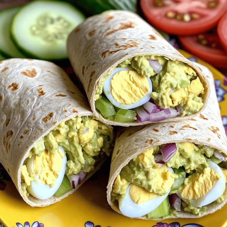 To make avocado egg salad wraps, you need simple, fresh ingredients. Here’s what you’ll need: - 4 large eggs, hard-boiled and chopped - 1 ripe avocado, peeled and mashed - 2 tablespoons Greek yogurt (or mayonnaise for creaminess) - 1 tablespoon Dijon mustard - 1 tablespoon fresh lemon juice - 1/4 cup red onion, finely chopped - 1/4 cup celery, finely chopped - Salt and pepper to taste - 4 large whole wheat or spinach tortillas - Fresh baby spinach or lettuce leaves for wrapping These main ingredients come together for a creamy and delicious filling. The eggs provide protein, while the avocado adds healthy fats. You can enhance your avocado egg salad with fun add-ins. Consider trying: - Chopped herbs like dill or cilantro - A dash of hot sauce for heat - Crumbled feta cheese for a tangy bite - Chopped pickles for crunch These add-ins can boost the taste and make your wraps even more exciting. Feel free to mix and match until you find your perfect flavor. Avocados and eggs offer many health benefits. Here’s how they help you: - Avocados are rich in heart-healthy fats and fiber. They help with digestion and keep you full. - Eggs are a great source of protein. They support muscle health and provide essential vitamins. - Together, they create a balanced meal that fuels your day. Eating avocado egg salad wraps can keep you energized and satisfied. Enjoy the flavors and health perks! To start, you need to hard-boil the eggs. Place four large eggs in a pot. Cover them with water. Bring the water to a boil over high heat. Once boiling, cover the pot and remove it from the heat. Let the eggs sit for 12 minutes. After that, transfer the eggs to ice water. This cools them quickly. Once cool, peel the eggs and chop them into small pieces. In a large mixing bowl, combine one ripe avocado, peeled and mashed. Add two tablespoons of Greek yogurt or mayonnaise for creaminess. Stir in one tablespoon of Dijon mustard and one tablespoon of fresh lemon juice. Then, add 1/4 cup of finely chopped red onion and 1/4 cup of finely chopped celery. Mix everything well until combined. Gently fold in the chopped hard-boiled eggs. Be careful not to mash them too much. Season with salt and pepper to taste. Now, lay four large whole wheat or spinach tortillas flat on a clean surface. Place a handful of fresh baby spinach or lettuce leaves on each tortilla. Spoon equal amounts of the avocado egg salad mixture onto each tortilla. Spread it evenly. Carefully roll the tortillas, folding in the sides as you go. This helps keep the filling inside. Cut each wrap in half at an angle for a nice presentation. Serve your wraps right away for the best taste. For a fun touch, garnish with tomato or cucumber slices! [Full Recipe] When picking a tortilla, think about texture and flavor. Whole wheat tortillas are healthy and filling. Spinach tortillas are colorful and add a nice taste. Choose one that fits your style. Make sure the tortilla is soft enough to roll. If it feels dry, warm it in a pan for a few seconds. This step makes it easier to fold. To get the best mash, use a ripe avocado. A ripe avocado feels soft when you squeeze it gently. Cut it in half, remove the pit, and scoop out the flesh with a spoon. Use a fork to mash it in a bowl. Aim for a smooth and creamy texture. Avoid over-mashing; small chunks add a nice bite. You can mix in a little lemon juice to keep it fresh and green. These wraps taste great with fresh sides. Try serving them with baby carrots or cucumber sticks. A small salad with mixed greens adds crunch. For an extra pop of flavor, pair them with a tangy dipping sauce. You can add a bowl of Greek yogurt or a sprinkle of paprika on the side. These wraps shine at lunch or a picnic. For the full recipe, check the recipe section above! {{image_2}} You can spice up your avocado egg salad easily. Add a pinch of cumin for warmth. Paprika gives a nice smoky flavor. Fresh herbs like dill or cilantro brighten the mix. You can also try a dash of chili powder for heat. These simple additions make the dish even tastier. If you want a twist, consider using tuna or chicken. Both options add protein and flavor. For tuna, choose canned or fresh. Mix it with the avocado just like you would with eggs. For chicken, shred it and fold it in. Either choice keeps the wrap healthy and filling. Switching up your tortilla can change the whole dish. Try using corn tortillas for a gluten-free option. You can also use flavored tortillas, like sun-dried tomato or spinach. These add color and taste. Lettuce wraps are another fun idea. They keep it light and fresh. Use whatever you enjoy most! For the full recipe, check out the section above. Store leftover wraps in an airtight container. Wrap each one in plastic wrap for extra freshness. Keep them in the fridge for up to three days. If you notice any sogginess, eat them soon. Make the avocado egg salad ahead of time. You can store it in the fridge for up to two days. Prepare your wraps with fresh tortillas when you’re ready to eat. This keeps the wraps crunchy and tasty. You can freeze these wraps, but it’s best to do it without the fresh veggies. Wrap each one tightly in plastic wrap, then place them in a freezer bag. They can stay in the freezer for up to a month. When you're ready, thaw them in the fridge overnight. Reheat in the microwave or enjoy cold! Yes, you can make avocado egg salad wraps ahead of time. It helps save time during busy days. Just make the filling and store it in the fridge. Wraps stay fresh for a day. If you wrap them tightly, they hold up better. When ready to eat, just spread the filling on a tortilla and roll it up. Many side dishes pair well with avocado egg salad wraps. Here are some tasty options: - Fresh fruit salad - Crunchy carrot sticks - Sweet potato fries - A light green salad - Homemade potato chips These sides add color and flavor to your meal. Leftovers can be stored in the fridge for up to three days. Keep them in an airtight container to stay fresh. After three days, the taste and texture may change. If you notice any off smells, it’s best to throw it away. Enjoy your tasty wraps within this time for the best flavor! For the full recipe, check out "Avocado Egg Salad Wraps." This blog post shows you how to make tasty Avocado Egg Salad Wraps. We looked at key ingredients, like eggs and avocados, and shared ways to add flavor. You learned step-by-step instructions for preparing the dish, plus tips for choosing tortillas and mashing avocados. We also explored fun variations, storage methods, and answered common questions. Now, you can enjoy healthy and tasty wraps anytime! Experiment with your favorite flavors, and make this dish your own. Happy cooking!