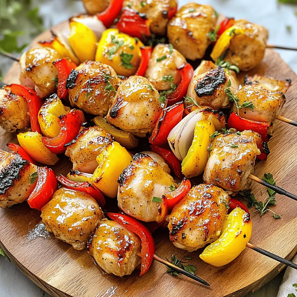 - 1 pound boneless, skinless chicken thighs - 1/4 cup honey - 1/4 cup Dijon mustard - 2 tablespoons soy sauce - 1 tablespoon olive oil - 2 cloves garlic, minced - 1 teaspoon smoked paprika - 1/2 teaspoon ground black pepper - 1 bell pepper (red or yellow) - 1 red onion - Wooden or metal skewers To make honey mustard chicken kabobs, you need simple ingredients. First, grab one pound of chicken thighs. They give a juicy flavor. Use a quarter cup of honey for sweetness. Add a quarter cup of Dijon mustard for a tangy kick. Next, gather the seasoning items. You will need two tablespoons of soy sauce, one tablespoon of olive oil, and two cloves of minced garlic. These flavors mix well. Don't forget the smoked paprika and black pepper for extra taste. For the veggies, choose one bell pepper and one red onion. Cut them into one-inch pieces. They add color and crunch. Finally, have wooden or metal skewers ready. If you use wooden skewers, soak them in water for thirty minutes. This helps prevent burning on the grill. You can find the full recipe [here](insert link). To start, you need to make the marinade. In a mixing bowl, whisk together: - 1/4 cup honey - 1/4 cup Dijon mustard - 2 tablespoons soy sauce - 1 tablespoon olive oil - 2 cloves garlic, minced - 1 teaspoon smoked paprika - 1/2 teaspoon ground black pepper Mix until smooth and well combined. This marinade adds a sweet and tangy flavor to the chicken. Marinating time is key. I recommend at least 30 minutes. If you can wait, two hours will give you even better flavor. The longer the chicken sits in the marinade, the tastier it gets. Before cooking, preheat your grill or grill pan. Get it nice and hot over medium-high heat. This step helps to give your kabobs a good sear and keeps the chicken juicy. When choosing a grilling method, I suggest using a gas or charcoal grill. Both methods work well. If you use a grill pan, make sure it is sturdy and non-stick for easy flipping. Now it’s time to thread the kabobs. Use either wooden or metal skewers. If you use wooden skewers, soak them in water for about 30 minutes. This prevents burning on the grill. Thread the marinated chicken, bell pepper, and onion onto the skewers. Alternate between chicken and vegetables for a colorful look. Cook the kabobs on the grill for about 10-12 minutes. Turn them occasionally to ensure even cooking. Check the chicken’s internal temperature. It should reach 165°F (75°C) to be safe to eat. Once cooked, take them off the grill and let them rest for a few minutes. This helps keep the juices inside. Enjoy your delicious honey mustard chicken kabobs! For the full recipe, click here. For the best kabobs, I always use chicken thighs instead of breasts. Chicken thighs have more fat, which keeps them juicy and tender. Breasts can dry out easily. When cooking, I focus on medium-high heat. This helps the chicken cook fast and stay moist. Always check that your chicken reaches 165°F (75°C) for safe eating. To boost the flavor, try adding a splash of lemon juice to your marinade. You can also use fresh herbs like parsley or thyme. Fresh herbs give a bright taste that dried herbs can’t match. If you use dried herbs, add them early in the marinade. This helps their flavors blend well. To prevent sticking on the grill, make sure to oil your grill grates. You can also brush a little oil on the skewers. When you thread the chicken and veggies, alternate them. This not only looks nice but also helps them cook evenly. Keep some space between each piece for better heat flow. For the complete recipe, check out the Full Recipe. {{image_2}} If you want to switch up your kabobs, try other meats. Chicken thighs work great, but you can use chicken breast for a leaner option. Pork tenderloin also adds a nice flavor. For beef lovers, sirloin steak makes a tasty choice. If you prefer a plant-based meal, tofu is a fantastic substitute. Firm tofu absorbs flavors well. You can also use tempeh or seitan for a heartier texture. Just be sure to marinate them like you would with chicken! Marinades are key to great taste. You can mix it up with different sauces. Try BBQ sauce for a smoky twist. Or use teriyaki for a sweet, Asian flair. You can add fresh herbs like rosemary or thyme for extra depth. Don’t forget about seasonal veggies! Add zucchini or mushrooms in summer. In fall, try butternut squash or Brussels sprouts. These veggies bring color and nutrition to your kabobs. Pair your kabobs with tasty sides. A fresh salad with mixed greens complements the flavors well. Grilled corn on the cob adds sweetness. Rice or quinoa can round out the meal, making it filling. For parties, serve the kabobs on a platter. Add toothpicks for easy eating. You could also arrange them on skewers with colorful plates. This makes your meal fun and festive. Check out the Full Recipe for more tips! To store leftover kabobs, let them cool first. Place them in an airtight container. This keeps the kabobs fresh in the fridge. They can stay good for up to three days. Make sure to separate the chicken from the veggies if you prefer. If you want to freeze kabobs, wrap them tightly in plastic wrap. Then, place them in a freezer bag. They can last for up to three months in the freezer. To reheat, thaw them overnight in the fridge. Then, warm them in the oven at 350°F until heated through. Food safety is very important. Always check the internal temperature of chicken. It should reach 165°F for safe eating. Store leftovers within two hours of cooking. This helps prevent bacteria growth. Keep your fridge below 40°F to ensure freshness. To check if your chicken is done, use a meat thermometer. The internal temperature should reach 165°F (75°C). This ensures safety and tenderness. You can also look for these signs while cooking: - The chicken should no longer be pink inside. - The juices should run clear when you cut into it. - The outside should have a nice golden color. Yes, you can grill indoors using a grill pan. Make sure to preheat your pan on medium-high heat. Here are some safety tips for using a grill pan: - Use oil to prevent sticking. - Keep the kitchen well-ventilated. - Watch for smoke; it can build up quickly. These kabobs pair well with many side dishes. Try serving them with: - A fresh garden salad. - Grilled corn on the cob. - Couscous or rice for a hearty meal. For drinks, you can enjoy: - A light white wine. - Iced tea with lemon. - Sparkling water for a refreshing touch. For the full recipe, check out the Honey Mustard Chicken Kabobs section. In this blog post, we covered how to make delicious honey mustard chicken kabobs. You learned about key ingredients, marinating tips, and grilling methods. We also explored flavor variations and serving suggestions. Remember, using chicken thighs makes for tender kabobs, and marinating adds great taste. With these tips, you can impress friends and family at your next gathering. Enjoy making kabobs that fit your taste and preferences!