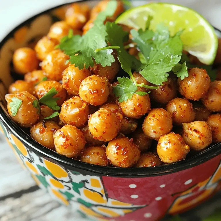 To make spicy roasted chickpeas, you need a few key items. Here’s what you’ll need: - 1 can (15 oz) chickpeas, drained and rinsed - 2 tablespoons olive oil Chickpeas are the star of this dish. They give you a great base for that crunchy texture you crave. The right spices bring life to your chickpeas. Use these spices for a bold taste: - 1 teaspoon smoked paprika - 1 teaspoon cumin - 1/2 teaspoon cayenne pepper (adjust for desired spice level) - 1/2 teaspoon garlic powder - 1/2 teaspoon onion powder - Salt to taste These spices add warmth and depth. Feel free to adjust cayenne for more or less heat. Garnishes make your dish pop! Consider these options to enhance your snack: - Fresh lime juice (for serving) - Fresh cilantro leaves (for garnish) Adding lime juice gives a fresh zing. Cilantro adds a nice touch of green. For the full recipe and detailed instructions, check out the [Full Recipe]. First, you need to preheat your oven to 400°F (200°C). This step is key for crispiness. Next, take a can of chickpeas, drain it, and rinse them well. Drain them again and spread the chickpeas on a clean kitchen towel. Pat them dry to remove any extra moisture. This helps them get crunchy later. In a mixing bowl, add 2 tablespoons of olive oil. Then, mix in 1 teaspoon of smoked paprika, 1 teaspoon of cumin, and 1/2 teaspoon of cayenne pepper. Adjust the cayenne for how spicy you want it. Then, add 1/2 teaspoon of garlic powder and 1/2 teaspoon of onion powder. Don’t forget to add salt to taste. Stir well to combine everything into a nice spice blend. Now, take your dried chickpeas and add them to the spice blend. Toss them around until they are well coated. Spread the chickpeas out on a baking sheet lined with parchment paper. Make sure they are in a single layer for even roasting. Roast them in the oven for 25 to 30 minutes. Halfway through, shake the pan to help them crisp. Once they are golden and crunchy, take them out. Let them cool for a bit. Drizzle with fresh lime juice and garnish with cilantro. Enjoy your crunchy snack! For the full recipe, check out the details above. To make crispy roasted chickpeas, start with dry chickpeas. After rinsing, use a towel to remove all moisture. This step is key for crunch. For extra crispiness, roast them at a high temperature. I recommend 400°F (200°C). Make sure to spread them out in a single layer on the baking sheet. This helps hot air circulate and keeps them from steaming. Shake the pan halfway during cooking to ensure even crisping. One common mistake is not drying the chickpeas well. Wet chickpeas won’t get crispy. Another mistake is overcrowding the baking sheet. If chickpeas touch, they can steam and become soft. Avoid using too much oil. Just enough oil coats them for flavor and crunch. Lastly, don’t skip the shaking step! It helps all sides crisp up nicely. Serve your spicy roasted chickpeas in a bright bowl for a fun look. They pair well with yogurt or hummus for dipping. Adding fresh lime juice enhances the flavor. You can also sprinkle cilantro on top for a fresh touch. Enjoy them as a snack or appetizer. For more details and variations, check the Full Recipe. {{image_2}} You can change the spices in this recipe for spicy roasted chickpeas. Try using chili powder for a different heat. If you like a smoky flavor, add smoked salt. For a sweet twist, mix in some cinnamon. You can even use ranch seasoning for a fun flavor. The options are endless! This recipe is already vegan and gluten-free. Chickpeas are a great source of protein. You can enjoy these roasted chickpeas without worrying about gluten or animal products. Use a different oil if you prefer. Avocado oil or coconut oil works well too. There are many ways to serve spicy roasted chickpeas. You can use them as a topping for salads. They add crunch and flavor! Try mixing them into a grain bowl for extra texture. You can even serve them as a snack with yogurt or hummus. For a party, present them in a colorful bowl. They make a great appetizer to share! For the full recipe, check out the details above. After you make your spicy roasted chickpeas, store them in an airtight container. Make sure they are completely cool before sealing. If you store them while warm, moisture can form inside the container. This moisture makes them soggy, and we want to keep them crunchy! To bring back the crunch, reheat the chickpeas in the oven. Preheat your oven to 375°F (190°C). Spread the chickpeas on a baking sheet. Heat them for about 10 minutes. Check them often to avoid burning. This method revives their crispiness, making them just as tasty as when you first made them. Spicy roasted chickpeas last about 3 to 5 days at room temperature. If you want them to last longer, you can store them in the fridge. They will still be good for up to a week. However, the longer they sit, the less crunchy they become. For the best taste, enjoy them fresh or within a few days. You should roast chickpeas for 25 to 30 minutes. This time ensures they become golden and crunchy. Remember to shake the pan halfway through. This helps them cook evenly and get crispier. Yes, you can use dry chickpeas. Just soak them overnight and cook them first. This way, they will be soft enough to season and roast. Canned chickpeas are quicker, but dry ones can give a fresher flavor. You can use canola oil or avocado oil instead of olive oil. Both oils work well and have a mild taste. These oils also help the spices stick to the chickpeas. Yes, spicy roasted chickpeas are a healthy snack. They are high in protein and fiber. This makes them filling and good for your diet. With simple ingredients, they are a tasty option for any time of day. For the full recipe, check out the Crispy Spicy Roasted Chickpeas section. Spicy roasted chickpeas are easy to make and tasty. We covered the key ingredients, steps, and tips for crispiness. Remember to try different spices and garnishes to make it yours. Storing them well helps keep their crunch and flavor. Enjoy with your favorite dips or snacks. Now, you have all the tools to make your own perfect batch. Dive in and savor every bite!