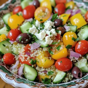 To make Quinoa Greek Salad, gather these fresh ingredients: - 1 cup quinoa, rinsed - 2 cups vegetable broth (or water) - 1 cup cherry tomatoes, halved - 1 cucumber, diced - 1/2 red onion, finely chopped - 1/2 bell pepper (any color), diced - 1 cup kalamata olives, pitted and sliced - 1/2 cup feta cheese, crumbled - 1/4 cup fresh parsley, chopped - 1/4 cup olive oil - 2 tablespoons lemon juice - 1 teaspoon dried oregano - Salt and pepper to taste Each ingredient in this salad adds unique health benefits: - Quinoa: This grain packs protein and fiber. It helps keep you full. - Cherry tomatoes: They are low in calories and high in vitamins A and C. - Cucumber: This crunchy veggie hydrates and is low in calories. - Red onion: It has antioxidants that can help with heart health. - Bell pepper: This veggie is rich in vitamins C and A, boosting your immune system. - Kalamata olives: They contain healthy fats that benefit your heart. - Feta cheese: This cheese adds calcium and protein. - Parsley: It offers vitamins K and C, improving overall health. When picking your ingredients, follow these simple tips: - Tomatoes: Look for bright, firm ones. They should have a sweet smell. - Cucumber: Choose cucumbers that feel firm and have smooth skin. - Onions: Pick ones that are dry and have no soft spots. - Bell peppers: Select ones with vibrant colors and no wrinkles. - Olives: Check for freshness by ensuring the jar is sealed and free from leaks. - Parsley: Look for bright green leaves with no yellowing. These tips ensure your salad is fresh and full of flavor. For the full recipe, check out the detailed instructions. To start, you need to cook the quinoa. First, rinse 1 cup of quinoa under cold water. This step removes any bitter taste. In a medium saucepan, mix the rinsed quinoa with 2 cups of vegetable broth or water. Bring this to a boil over high heat. Once boiling, lower the heat to low. Cover the pot and let it simmer for about 15 minutes. After that time, the quinoa should be fluffy and all the liquid will be gone. Remove it from heat and let it cool. While the quinoa cools, you can prepare the dressing. In a small bowl, whisk together 1/4 cup of olive oil and 2 tablespoons of lemon juice. Add 1 teaspoon of dried oregano, salt, and pepper to taste. Mix it well until the ingredients blend together. This dressing will add a bright taste to your salad. Now, it’s time to bring everything together! In a large mixing bowl, add 1 cup of halved cherry tomatoes, 1 diced cucumber, 1/2 finely chopped red onion, and 1/2 diced bell pepper. Then toss in 1 cup of pitted and sliced kalamata olives. Once the quinoa has cooled, fluff it with a fork. Add the quinoa to the bowl with the vegetables. Next, gently fold in 1/2 cup of crumbled feta cheese and 1/4 cup of chopped fresh parsley. Finally, pour the dressing over the salad mixture. Toss gently until all the ingredients are well coated. If you want more flavor, adjust the seasoning with extra salt and pepper. Cover the salad and let it chill in the refrigerator for at least 30 minutes. This waiting time helps the flavors blend nicely. Enjoy your fresh and flavorful Quinoa Greek Salad! For the full recipe, check out the details above. To cook quinoa right, I follow a few simple steps. First, I rinse the quinoa in cold water to remove any bitter taste. Then, I combine it with vegetable broth or water. I use a ratio of 1 cup of quinoa to 2 cups of liquid. I bring it to a boil and then reduce the heat. I cover the pot and let it simmer for about 15 minutes. Once done, I let it cool before fluffing it with a fork. Perfectly cooked quinoa is fluffy and has a nice bite. Mixing the ingredients right makes a big difference. I add all the chopped veggies to a large bowl first. This helps me see how colorful the salad is. I carefully fold in the quinoa after it cools. Folding gently prevents the quinoa from getting mushy. I also add the feta cheese last to keep it chunky. For serving, I love using a large bowl to show off the colors. I garnish with extra parsley and a sprinkle of feta on top. For a fun touch, I add a few whole olives on the side. This makes each serving look inviting. Chilling the salad for at least 30 minutes helps the flavors blend well. You can enjoy it as a main dish or a side dish. For the full recipe, check out the Quinoa Greek Salad Delight! {{image_2}} You can easily add protein to your Quinoa Greek Salad. This boosts flavor and makes it more filling. Here are some great options: - Grilled chicken: Cut it into bite-sized pieces and mix it in. - Shrimp: Cooked shrimp adds a nice touch and complements the salad. - Chickpeas: Canned or cooked chickpeas are a tasty choice for extra protein. - Tofu: Marinated and grilled tofu works well for a vegetarian option. Each protein brings its own flavor and texture. Choose what you love most! This salad is already gluten-free since quinoa is naturally gluten-free. To make it vegan, simply skip the feta cheese or use a plant-based version. You can also replace the honey in some dressings with maple syrup. Here are some tips: - Use a vegan feta made from nuts or tofu. - Replace the olive oil with avocado oil for a different taste. - Add more veggies like carrots or bell peppers for extra crunch and color. These adaptations keep your salad fresh and fun without losing its essence. While the classic dressing is delicious, you can switch it up! Here are some creative dressing ideas to try: - Tahini dressing: Blend tahini with lemon juice, garlic, and water for a creamy twist. - Balsamic vinaigrette: Mix balsamic vinegar with olive oil for a sweet and tangy flavor. - Avocado dressing: Blend ripe avocado with lime juice and a splash of water for smoothness. Feel free to experiment with flavors. Your Quinoa Greek Salad will shine with your unique touch! For the full recipe, click here. To keep your Quinoa Greek Salad fresh, store it in an airtight container. This helps seal in the flavors and moisture. Avoid using metal containers, as they can react with the salad's ingredients. Glass or BPA-free plastic containers work best. Always place the salad in the fridge right after serving. When stored properly, your Quinoa Greek Salad can last up to five days in the fridge. After this time, the veggies may lose their crunch and flavor. Always check for any signs of spoilage, like an off smell or sliminess. If you see any, it's time to toss it. Freezing Quinoa Greek Salad is not the best option, but you can do it if needed. If you plan to freeze it, leave out the feta cheese and fresh herbs. Place the salad in a freezer-safe bag or container. Squeeze out any air to prevent freezer burn. When ready to eat, thaw it in the fridge overnight and add fresh feta and herbs just before serving. For the full recipe, check out the Quinoa Greek Salad Delight 🥗. Yes, you can make Quinoa Greek Salad ahead of time. It tastes even better after chilling. The flavors mix well and create a delicious taste. Just store it in the fridge in a sealed container. You can prepare it a day in advance for a quick meal. If you don’t have feta cheese, you can use goat cheese or a dairy-free option. Crumbled tofu also works well for a vegan choice. Creamy ricotta can add a nice texture too. Each option gives a unique flavor to your salad. To spice up the salad, add chopped jalapeños or red pepper flakes. You can also mix in some cayenne pepper for a kick. Another idea is to use spicy olives. Adjust the amount to fit your taste. Enjoy the extra heat in every bite! For the full recipe, check out the details above. In this blog post, I covered how to make a delicious Quinoa Greek Salad. We looked at key ingredients and their health benefits, plus tips for choosing fresh produce. I shared step-by-step instructions to cook quinoa, make the dressing, and combine everything. You now know ways to adapt the salad and store leftovers. Enjoy making this salad for its taste and nutrition. I hope you try it soon!