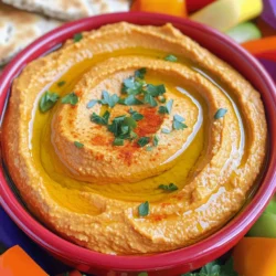 To make Roasted Red Pepper Hummus, gather these simple items: - 1 cup canned chickpeas, drained and rinsed - 1 medium roasted red pepper (jarred or homemade) - 2 tablespoons tahini - 2 tablespoons olive oil - 2 tablespoons lemon juice - 1 garlic clove, minced - 1/2 teaspoon cumin - Salt to taste - Water, as needed - Fresh parsley, for garnish - Paprika, for garnish Roasted Red Pepper Hummus is a healthy dip. Each serving is packed with nutrients. It offers protein, fiber, and healthy fats. Here’s a rough breakdown per serving: - Calories: 120 - Protein: 4g - Fat: 7g - Carbohydrates: 12g - Fiber: 3g These values may vary based on your specific ingredients. It’s a tasty way to boost your diet! Choosing the best ingredients makes a big difference. Here are some tips: - Chickpeas: Look for organic canned chickpeas. They should be firm and free of any off smells. - Roasted Red Pepper: If buying jarred, pick one in olive oil. It adds flavor. For homemade, char them over flame until the skin is blackened. - Tahini: Choose a smooth, creamy tahini that is made from roasted sesame seeds. - Olive Oil: Use high-quality extra virgin olive oil. It adds richness and depth. - Lemon Juice: Freshly squeezed juice always tastes better than bottled. - Garlic: Fresh garlic has a stronger flavor than pre-minced. These choices will enhance the taste of your hummus. For the complete recipe, check out the Full Recipe. Start by gathering your ingredients. You need: - 1 cup canned chickpeas, drained and rinsed - 1 medium roasted red pepper (jarred or homemade) - 2 tablespoons tahini - 2 tablespoons olive oil - 2 tablespoons lemon juice - 1 garlic clove, minced - 1/2 teaspoon cumin - Salt to taste - Water, as needed - Fresh parsley, for garnish - Paprika, for garnish This mix of ingredients creates a tasty and healthy dip. Make sure to rinse the chickpeas well. This helps get rid of extra salt and improves the taste. Next, place all your prepared ingredients in a food processor. Start with the chickpeas, then add the roasted red pepper, tahini, olive oil, lemon juice, garlic, cumin, and a pinch of salt. Blend everything until it becomes smooth. You may need to stop and scrape down the sides. This ensures that all the flavors mix well. It usually takes about one to two minutes. After blending, check the texture of your hummus. If it's too thick, add water. Do this by adding a tablespoon at a time until you reach your desired creaminess. Once you get the right texture, take a taste. You can adjust the flavor by adding more salt, lemon juice, or garlic. Everyone has different tastes, so make it your own! Once you're happy, transfer the hummus to a serving bowl. Drizzle a bit of olive oil on top and sprinkle with parsley and paprika. This not only adds flavor but also makes it look nice. You can find the full recipe above for more details on making this dip! Roasting red peppers adds a sweet and smoky taste. You can roast them in the oven or over a flame. To roast in the oven, preheat to 450°F (232°C). Place the peppers on a baking sheet. Roast for 20-30 minutes, turning halfway. When the skin blisters and turns black, they are ready. Let them cool in a bowl covered with plastic wrap. This makes peeling easier. If you prefer, you can buy jarred roasted red peppers for convenience. To make your hummus truly pop, think about the balance of flavors. Adding more lemon juice brightens the dish. A pinch of cayenne or smoked paprika gives a kick. You can also mix in fresh herbs like basil or cilantro. Experimenting with spices is fun! Try adding nutmeg for warmth or a splash of balsamic vinegar for depth. Each little tweak creates a new taste experience. If you have hummus left over, store it in an airtight container. It will stay fresh in the fridge for up to five days. To keep it from drying out, drizzle olive oil on top before sealing. If you want to save it longer, freeze your hummus! Use small containers or ice cube trays for easy portions. Simply thaw in the fridge before using. This way, you can enjoy your homemade hummus anytime! For the full recipe, check the main article. {{image_2}} You can add heat to your hummus by mixing in some chili flakes or hot sauce. Start with a pinch and taste it. If you want more heat, add a bit more. I love the extra kick this gives to the creamy base. You could also use roasted jalapeños for a smoky flavor. They blend well with the red pepper. Fresh herbs can brighten your hummus. Try adding basil, cilantro, or dill. Just chop them finely and blend them in. Each herb brings its own twist. For a Mediterranean touch, use fresh mint or parsley. This will make your hummus vibrant and fresh. Chickpeas are great, but you can explore other beans too. White beans like cannellini or navy beans work well. They give a smooth texture and a mild taste. Black beans can also add a unique flavor. Just remember to drain and rinse them before use. Each bean offers a new experience in your hummus adventure. For a full recipe, check out the [Full Recipe]. Roasted red pepper hummus shines as a dip. Serve it in a nice bowl. Drizzle with olive oil for a pretty touch. Add a sprinkle of paprika for color. You can also serve it with pita bread. Use warm, soft pita for the best taste. Hummus works well as a spread too. Spread it on sandwiches for extra flavor. The right dippers make hummus even better. Fresh veggies are a great choice. Try sliced cucumbers, carrots, or bell peppers. They add crunch and flavor. You can also use tortilla chips. They give a nice salty taste. For a fun twist, try crackers or breadsticks. Each dipper adds a new layer of flavor. Hummus is more than just a dip. You can use it in many meals. Spread it on a wrap with fresh veggies. It makes a tasty, healthy lunch. Use hummus as a topping on grilled meats. It adds moisture and flavor. You can even mix it into pasta for a creamy sauce. The options are endless! For a detailed recipe, check the Full Recipe section. Roasted red pepper hummus lasts about 5 to 7 days in the fridge. Store it in an airtight container. Always check for signs of spoilage before eating. If it smells sour or looks off, toss it out. To keep it fresh, cover the surface with a thin layer of olive oil. Yes, you can freeze hummus. It freezes well for about 3 months. When ready to eat, let it thaw in the fridge overnight. After thawing, the texture may change a bit. Blend it again for a smoother consistency. Add a splash of olive oil or lemon juice to freshen the taste. If you lack tahini, use peanut butter or sunflower seed butter. Both add creaminess to the hummus. You can also use Greek yogurt for a tangy twist. Just keep in mind that these substitutes will change the flavor slightly. Experiment to find what you like best! For the full recipe, check out the detailed instructions above. This blog post guided you through making delicious roasted red pepper hummus. We covered essential ingredients and their nutrition. You learned how to prepare, blend, and adjust flavors. I shared tips for roasting peppers and enhancing taste, plus storage advice for leftovers. You also explored variations and creative serving ideas. In conclusion, you now have the full know-how to make hummus fit for any occasion. Enjoy the process and get creative with flavors!
