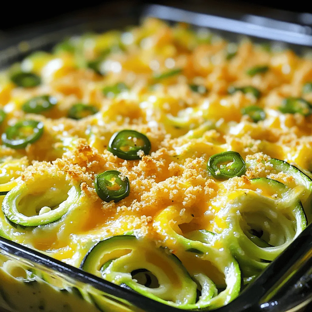To create a Cheesy Jalapeno Zucchini Bake, you need fresh ingredients. This dish is delicious and simple. It blends flavors well. You will love how the cheese and jalapeños work together. - 4 medium zucchinis, spiralized or sliced thinly - 1 cup sharp cheddar cheese, shredded - 1 cup Monterey Jack cheese, shredded - 1/2 cup cream cheese, softened - 2 jalapeños, seeds removed and finely diced - 1/2 cup green onions, chopped - 1 teaspoon garlic powder - 1 teaspoon onion powder - 1/2 teaspoon smoked paprika - Salt and pepper to taste - 1/2 cup breadcrumbs (optional, for topping) - 2 tablespoons olive oil These ingredients make the dish creamy and cheesy. The jalapeños add heat, while the zucchini keeps it light. By using different cheeses, you can change the flavor. The breadcrumbs give a nice crunch, but they are optional. For the best taste, use fresh, high-quality ingredients. This recipe can serve six people. You can find the full recipe within this article. First, gather all your ingredients. You need zucchini, cheese, jalapeños, and spices. Preheat your oven to 375°F (190°C). Grease a baking dish with olive oil. This helps the bake not stick. Next, wash the zucchinis. You can spiralize them or slice them thinly. In a large bowl, mix the zucchini, jalapeños, and green onions. Add garlic powder, onion powder, smoked paprika, salt, and pepper. Toss everything together. In another bowl, blend cream cheese, cheddar, and Monterey Jack. Mix until it's creamy and smooth. Then, add the cheese mix to the zucchini mix. Stir well until all the zucchini is coated. Transfer the mixture into the greased baking dish. Spread it out evenly. If you want a crunchy top, sprinkle breadcrumbs over the mixture. Drizzle a bit of olive oil on top to help the breadcrumbs crisp. Bake for about 25-30 minutes. Look for bubbling cheese and a golden top. Let it cool for a few minutes before you serve. Enjoy this tasty dish! For more details, check out the Full Recipe. To get the best texture, choose firm zucchinis. Soft ones will turn mushy when cooked. I love spiralizing zucchinis, as it gives a fun twist. Slicing them thinly also works well. If you want less moisture, sprinkle salt on the sliced zucchini and let it sit for 10 minutes. Pat them dry before mixing. This step helps keep the bake from getting soggy. Cheese is key for this dish. While I use sharp cheddar and Monterey Jack, you can mix it up! Try pepper jack for extra spice. Gouda adds a rich, smoky flavor. For a tangy kick, consider feta cheese. Mixing cream cheese with other cheeses keeps the bake creamy. Don't be shy! Experiment with your favorites to find the right blend. If you love heat, add more jalapeños! You can also keep the seeds for an extra kick. Another idea is to add crushed red pepper flakes or hot sauce to the mix. If you want a milder dish, use less jalapeño or substitute with bell peppers. Customize the spice level to match your taste. This way, everyone can enjoy a great meal! {{image_2}} You can make this dish gluten-free easily. Just skip the breadcrumbs or use gluten-free ones. The rest of the recipe stays the same. The cheesy mix and zucchini shine on their own. You still get a tasty meal without gluten. For a dairy-free version, swap the cheeses with plant-based ones. Look for creamy alternatives made from nuts or soy. Also, use dairy-free cream cheese in place of regular cream cheese. This way, you can enjoy the same flavor and texture without dairy. If you want to add protein, diced chicken or turkey works great. Just cook the meat first and mix it in. You can also use rotisserie chicken for a quick option. Adding protein makes this dish heartier and perfect for a full meal. After you enjoy your Cheesy Jalapeno Zucchini Bake, let it cool. Place leftovers in an airtight container. Store it in the fridge. It will stay fresh for up to three days. If you plan to eat it later, consider freezing it. To enjoy your leftovers, preheat your oven to 350°F (175°C). Place the zucchini bake in a baking dish. Cover it with foil to keep it moist. Heat for about 15 to 20 minutes. You can also microwave it for a quicker option. Heat in short bursts of one minute until warm. If you want to freeze your Cheesy Jalapeno Zucchini Bake, first let it cool completely. Cut it into portions. Wrap each piece tightly in plastic wrap. Then place the wrapped pieces in a freezer-safe bag. It can last up to three months in the freezer. To reheat, thaw overnight in the fridge before reheating. Enjoy this tasty dish whenever you crave it! Yes, you can use frozen zucchini. However, it can be watery once thawed. To avoid this, squeeze out excess moisture using a clean towel. This step helps keep your Cheesy Jalapeno Zucchini Bake from becoming soggy. Fresh zucchini gives a better texture, but frozen works in a pinch. To make your Cheesy Jalapeno Zucchini Bake spicier, you can add more jalapeños. Use seeds and membranes for extra heat. You can also mix in red pepper flakes or a few dashes of hot sauce. For a unique twist, add diced serrano peppers instead of jalapeños for a different flavor. This dish pairs well with many sides. Consider serving it with a fresh salad or grilled chicken. It also complements tacos or a hearty soup. This bake makes a great side for any meal and is perfect for potlucks or family dinners. Check the Full Recipe for more serving ideas! This blog post shared a fun dish: Cheesy Jalapeño Zucchini Bake. You learned the right ingredients, step-by-step instructions, and several useful tips. We covered how to store leftovers and even answered common questions. In closing, this recipe is simple and tasty. Feel free to mix it up with your own twists. Enjoy making this dish and share it with friends and family for extra fun!