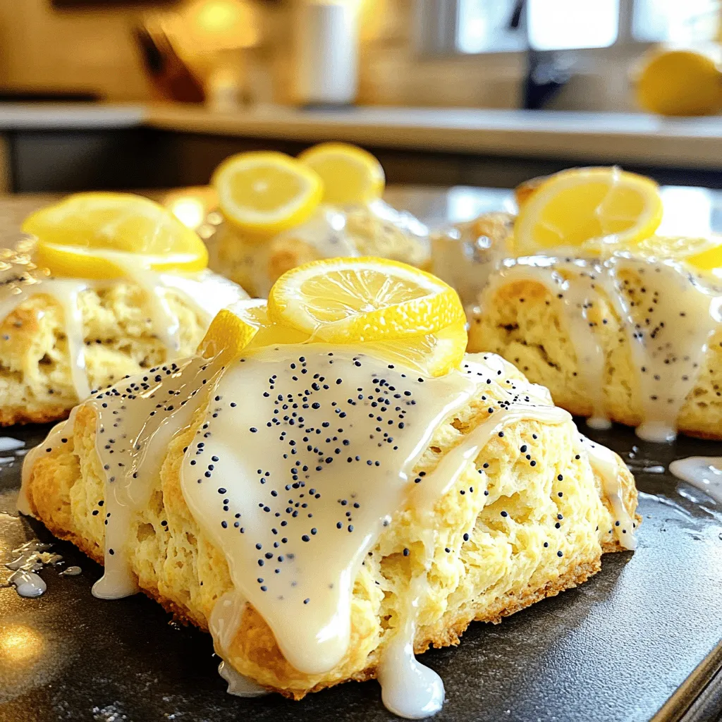 To make these delightful scones, gather the following ingredients: - 2 cups all-purpose flour - 1/4 cup granulated sugar - 1 tablespoon baking powder - 1/2 teaspoon salt - 1/2 cup unsalted butter, cold and cubed - 1 tablespoon poppy seeds - Zest of 1 large lemon - 1/2 cup buttermilk (or milk with a splash of lemon juice) - 1 large egg - 1 teaspoon vanilla extract For the best results, I recommend using high-quality ingredients: - All-purpose flour: King Arthur or Bob’s Red Mill work well. - Granulated sugar: C&H or Domino offer great sweetness. - Unsalted butter: Challenge or Kerrygold gives a rich flavor. - Buttermilk: If you lack buttermilk, mix regular milk with lemon juice. - Poppy seeds: Gourmet Garden or Simply Organic are excellent choices. Each scone provides a delicious treat with these nutritional values: - Calories: 180 - Total Fat: 8g - Saturated Fat: 5g - Cholesterol: 30mg - Sodium: 140mg - Total Carbohydrates: 24g - Dietary Fiber: 1g - Sugars: 6g - Protein: 3g By knowing these details, you can enjoy your scones while keeping an eye on your nutrition. For the step-by-step process, check out the Full Recipe. Start by preheating your oven to 400°F (200°C). This step is key for a nice bake. While the oven warms up, line a baking sheet with parchment paper. This helps prevent sticking. Make sure your baking sheet is ready for the scones when they are shaped. In a large bowl, whisk together the flour, sugar, baking powder, and salt. This mix gives the scones their structure and flavor. Next, add the cold, cubed butter. Use a pastry cutter or your fingers to blend until it looks like coarse crumbs. This step adds richness to the scones. Don’t skip it! In a separate bowl, whisk together the buttermilk, egg, and vanilla extract. This mix brings moisture to the dough. Pour this wet mix into the dry ingredients. Gently fold with a spatula until just combined. Be careful not to overmix! Overmixing can make the scones tough. Turn the dough onto a floured surface. Gently form it into a circle about 1 inch thick. Use a knife to cut it into 8 wedges or a round cutter for circular scones. Make sure to handle the dough softly. This helps keep the scones light and fluffy. Place the shaped scones on the prepared baking sheet, leaving about 2 inches between them. Bake for 15 to 20 minutes. Look for a golden brown top. Once baked, remove the scones from the oven. Let them cool slightly before serving. Enjoy them warm for the best taste! To get those perfect flaky scones, keep your butter cold. I cut my butter into small cubes and place it in the freezer for a few minutes before mixing. This helps create steam when baking, which makes the scones rise nicely. Also, avoid overmixing the dough. Mix just until combined; lumps are okay. This keeps your scones light and airy. A common mistake is using warm butter. Warm butter leads to dense scones instead of light ones. Using a scale to measure flour can also help. Too much flour can dry out the dough. Lastly, don’t skip the baking powder; it helps the scones rise. To keep your scones fresh, store them in an airtight container. If you have leftover scones, you can place parchment paper between each one. This prevents them from sticking together. Scones stay fresh for about two days at room temperature. If you want to keep them longer, freeze them. Just wrap each scone tightly in plastic wrap. You can enjoy them later by reheating in the oven. For the full recipe, check out the complete details to make these tasty treats! {{image_2}} You can change the Lemon Poppy Seed Scones by adding fruits or nuts. Blueberries or cranberries add a nice fruity burst. You can mix in about 1 cup of fresh or dried fruit. You can also add nuts like almonds or walnuts. Just chop them up and mix in 1/2 cup. These additions bring new flavors and textures to your scones. A glaze can make your scones even more special. Mix 2 cups of powdered sugar with 2-3 tablespoons of fresh lemon juice. Drizzle this glaze over the warm scones. You can also try a simple icing with milk instead of lemon juice. This adds sweetness and makes your scones shine. For extra flavor, add a bit of lemon zest to the glaze. You can make these scones gluten-free or dairy-free too. For gluten-free scones, use a gluten-free flour blend. Make sure it has xanthan gum for better texture. For dairy-free, swap buttermilk with almond milk or coconut milk. You can use coconut oil instead of butter. These options still give you delicious, flaky scones that everyone can enjoy. For the complete recipe, check the [Full Recipe]. I love serving Lemon Poppy Seed Scones with a few simple add-ons. Here’s what I recommend: - Fresh fruit: Try berries, like strawberries or blueberries. They bring bright flavors. - Clotted cream: This rich cream adds a nice, smooth texture. - Honey or lemon curd: A drizzle of either enhances the lemon taste. - Yogurt: A dollop of Greek yogurt adds creaminess and tang. These scones shine at any gathering. Here are some great occasions: - Tea parties: Their lightness pairs well with tea. - Brunch: Serve them with a variety of dishes for a fun spread. - Picnics: They travel well and are easy to pack. - Breakfast meetings: They make a great morning treat for guests. Pairing drinks with your scones can elevate the experience. Here are my favorites: - Earl Grey tea: The bergamot adds a lovely floral note. - Lemonade: A refreshing option that complements the lemon flavor. - Coffee: A warm cup balances the sweetness of the scones. - Sparkling water: This adds a light, crisp touch to your meal. For a full recipe, check out the detailed steps above! Yes, you can freeze Lemon Poppy Seed Scones. Wrap each scone tightly in plastic wrap. Then, place them in an airtight container or a freezer bag. They will keep well for up to three months. When you want to enjoy them, simply thaw them in the fridge overnight. You can also reheat them in the oven for a fresh taste. Scones stay fresh for about two days at room temperature. Store them in an airtight container to keep them soft. If you want to keep them longer, refrigerate them for up to a week. However, they may lose some of their texture. Yes, you can make these scones without poppy seeds. If you prefer, you can replace them with chopped nuts or dried fruits. This will give your scones a new flavor while keeping them just as delicious. The best way to reheat baked scones is in the oven. Preheat your oven to 350°F (175°C). Place the scones on a baking sheet and warm them for about 5–10 minutes. This method keeps them crisp on the outside and soft inside. Enjoy your warm scones with tea or coffee! For more details on making these delightful treats, check the Full Recipe. You now have a complete guide to baking Lemon Poppy Seed Scones. We covered ingredients, step-by-step instructions, and tips to ensure flaky results. You learned how to store leftovers and explored fun variations. Remember, serving these scones with the right drink can enhance the flavor. Finally, I hope this empowers you to bake delicious scones with creativity and confidence. Enjoy your baking!