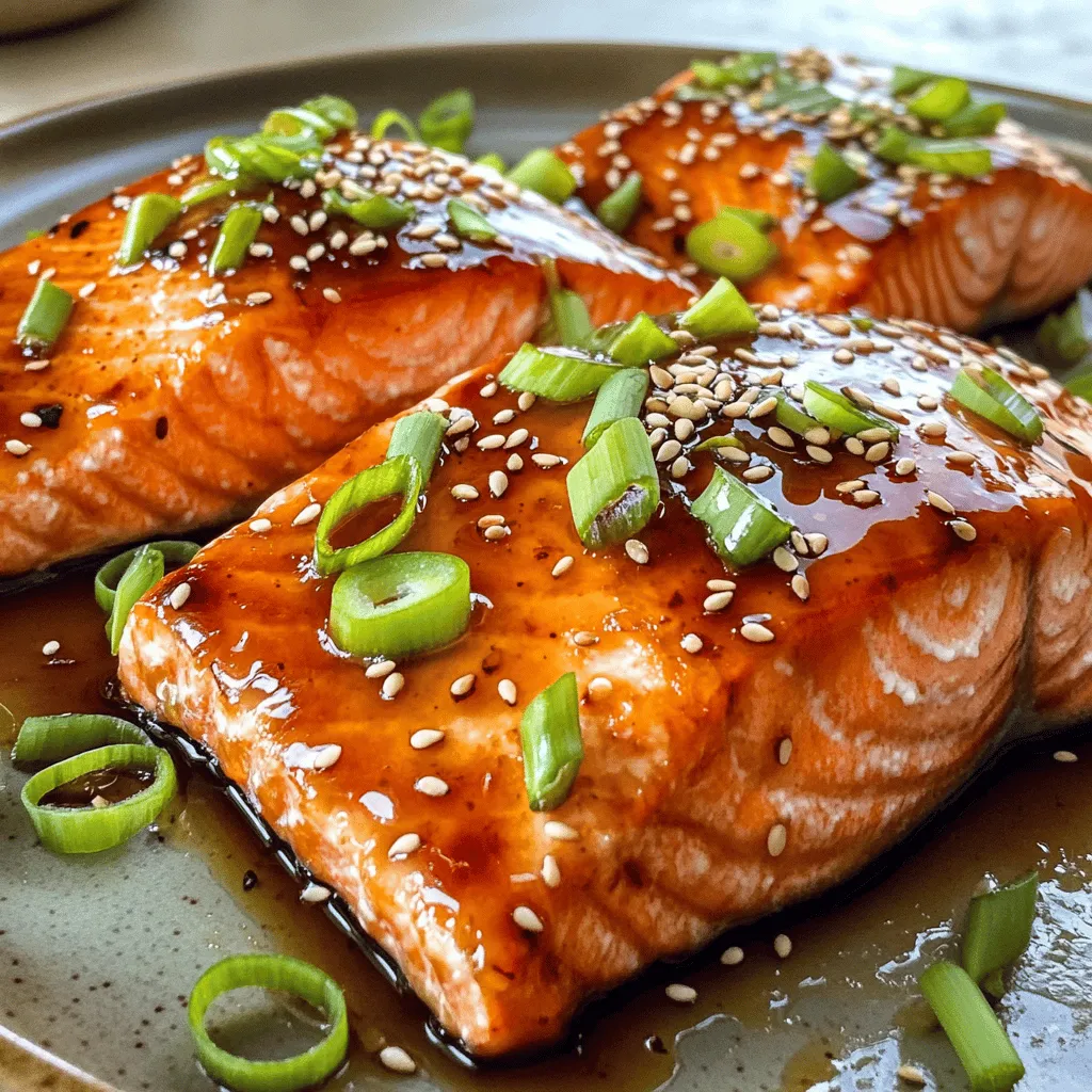 To make Honey Teriyaki Glazed Salmon, gather these ingredients: - 4 salmon fillets (about 6 ounces each) - 1/4 cup soy sauce (low sodium preferred) - 1/4 cup honey - 2 tablespoons rice vinegar - 1 tablespoon freshly grated ginger - 2 garlic cloves, minced - 1 tablespoon sesame oil - 2 green onions, finely sliced (for garnish) - Sesame seeds for garnish (optional) - Salt and pepper to taste Using high-quality ingredients makes a big difference. I suggest using fresh salmon. Look for bright, firm fillets. Low-sodium soy sauce adds flavor without too much salt. Pure honey gives the glaze a rich sweetness. Fresh ginger and garlic will make your dish pop. Always choose fresh herbs for the best taste. You can easily swap some ingredients if needed. If you don’t have low-sodium soy sauce, regular soy sauce works too, but cut back on salt. Maple syrup can replace honey for a different sweetness. Rice vinegar can be swapped with apple cider vinegar if that’s what you have. No fresh ginger? Ground ginger can work in a pinch, but use less. Get creative with what you have in your pantry! For more details, check the Full Recipe. Making the teriyaki glaze is simple. First, gather your ingredients: - 1/4 cup soy sauce - 1/4 cup honey - 2 tablespoons rice vinegar - 1 tablespoon freshly grated ginger - 2 garlic cloves, minced - 1 tablespoon sesame oil In a medium bowl, whisk together the soy sauce, honey, rice vinegar, ginger, garlic, and sesame oil. Mix well until everything is smooth and combined. This glaze will give your salmon a sweet and savory flavor. Save half of the glaze for later. Now it's time to marinate the salmon. Take your four salmon fillets, about 6 ounces each. Place them in a shallow dish. Pour half of the teriyaki glaze over the salmon, ensuring it covers all sides. This step infuses the salmon with flavor. Cover the dish and let it sit in the fridge for at least 30 minutes. For even better taste, let it marinate for up to 2 hours. You can cook the salmon in two ways: baking or grilling. Both methods work well, but they give slightly different results. Baking: Preheat your oven to 400°F (200°C). Line a baking sheet with parchment paper or foil. Remove the salmon from the marinade and sprinkle a pinch of salt and pepper on top. Place the salmon on the baking sheet and bake for about 12-15 minutes. The fish is done when it flakes easily with a fork. Grilling: If you prefer grilling, preheat your grill. Oil the grates to avoid sticking. Remove the salmon from the marinade and season with salt and pepper. Grill each fillet for about 4-5 minutes per side. Brush with the reserved glaze halfway through cooking. This gives the salmon a nice char and enhances the flavor. Both methods create a delicious Honey Teriyaki Glazed Salmon that you will love. For the full recipe, check the earlier section. To get the best glaze, you need the right balance. Mix equal parts soy sauce and honey. This mix should be thick but not too sticky. If it’s too runny, add more honey. If it’s too thick, add a drop of water. Stir well until you see a smooth blend. This glaze will cling to the salmon nicely. Salmon comes in many cuts. The thicker the fillet, the longer it needs to cook. For standard fillets, cook for 12-15 minutes in the oven. If you have thinner pieces, check them after 8-10 minutes. For grilling, thinner fillets take about 3-4 minutes per side. Always check for flakiness to know if it’s done. Serve your salmon with rice or quinoa. These sides soak up the extra glaze well. You can also add steamed vegetables like broccoli or snap peas. A fresh salad with a light dressing complements the meal. For a fun twist, try it in a taco with fresh slaw. You can find the full recipe to explore more ideas! {{image_2}} You can change up the marinade for your Honey Teriyaki Glazed Salmon. Try adding orange juice for a citrus twist. You can also use maple syrup instead of honey for a deeper flavor. If you like a bit of heat, add red pepper flakes. This will give your salmon a spicy kick. If you want to switch proteins, chicken works well with this glaze. Tofu is another great choice for a vegetarian option. For vegetables, try bell peppers, zucchini, or asparagus. These veggies grill up nicely and soak in the flavor. You can also roast them in the oven alongside your salmon. To make your dish even better, add sesame seeds or chopped nuts for crunch. Fresh herbs like cilantro or basil can brighten the flavor. You might also consider a splash of lime juice just before serving. This adds a fresh zing that balances the sweetness of the glaze. Don’t forget to check the Full Recipe for all the details on how to prepare this delicious meal! To store leftover honey teriyaki glazed salmon, let it cool first. Then, place it in an airtight container. This keeps the salmon fresh. Make sure to add any leftover glaze too. Store it in the fridge for up to three days. When you are ready to eat it again, you want to ensure it tastes just as good. When reheating your salmon, keep it moist. The best way is to use the oven. Preheat your oven to 275°F (135°C). Place the salmon on a baking dish. Add a splash of water or broth to keep it juicy. Cover it with foil to trap steam. Heat for about 15 minutes or until warm. You can also use a microwave. Just heat for 30 seconds, then check. Repeat until warm, but be careful not to overcook it. If you want to freeze your salmon, do it right after cooking. First, let it cool completely. Then, wrap each fillet tightly in plastic wrap. Place the wrapped fillets in a freezer-safe bag. Remove as much air as possible. You can freeze it for up to three months. When you’re ready to eat, thaw it in the fridge overnight. Then, reheat using the tips above. Enjoy your delicious salmon whenever you wish! For the full recipe, check out the section above. The best way to check if salmon is done is by using a fork. Gently flake the salmon at the thickest part. If it flakes easily, it’s ready. You can also use a meat thermometer. The internal temperature should reach 145°F (63°C). If you don't have a thermometer, look for a bright pink color. It should not be translucent. Yes, you can prepare Honey Teriyaki Glazed Salmon in advance. Marinate the salmon fillets in the teriyaki glaze for up to 2 hours. After marinating, you can cook it right away or store it in the fridge. You can also cook it ahead and reheat it later. Just keep the cooked salmon in an airtight container. You can store leftover Honey Teriyaki Glazed Salmon in the fridge for up to 3 days. Make sure it’s in an airtight container to keep it fresh. If you want to keep it longer, freeze the salmon. It can last up to 2 months in the freezer. When ready to eat, thaw it in the fridge overnight before reheating. For the full recipe, refer to the earlier section. Honey teriyaki glazed salmon is a tasty dish everyone can enjoy. We covered ingredients, preparation, and cooking methods. You learned how to create a perfect glaze and adjust cooking times. We also shared tips for serving and storing leftovers. Try different marinades or even other proteins for variety. This dish is easy and fun to make. Enjoy your cooking adventure!