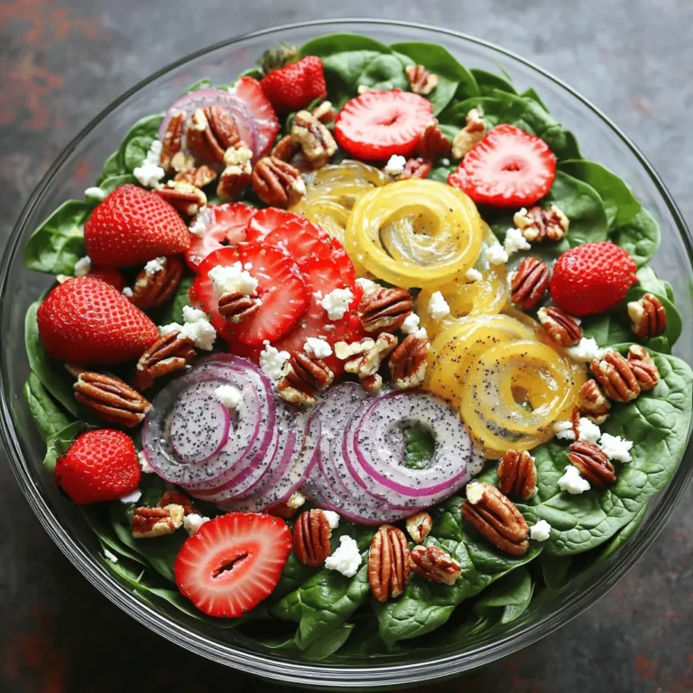 - 4 cups fresh spinach, washed and dried - 1 cup strawberries, hulled and sliced - ¼ red onion, thinly sliced - ½ cup candied pecans or walnuts - ½ cup feta cheese, crumbled - ¼ cup olive oil - 2 tablespoons apple cider vinegar - 2 tablespoons honey - 1 tablespoon poppy seeds - Salt and pepper to taste This spinach strawberry salad stands out for its bright colors and fresh flavors. Each ingredient plays a big role in making this dish great. First, the spinach gives a nice base. It’s crisp and healthy. Strawberries add sweetness and a pop of color. The red onion brings a sharp bite that balances the salad. Nuts and cheese enhance the texture. Candied pecans or walnuts add crunch and sweetness. Feta cheese adds creaminess and saltiness. The poppyseed dressing ties everything together. Olive oil provides richness. Apple cider vinegar adds a tangy kick. Honey sweetens the mix, while poppy seeds add a fun crunch. For the full recipe, check the details above. Enjoy making this fresh and tasty salad! In a small bowl, I whisk together the olive oil, apple cider vinegar, honey, and poppy seeds until smooth. This simple mix brings a bright flavor to the salad. After mixing, I season it with salt and pepper to taste. This step is key; it makes the dressing pop! Next, I grab a large salad bowl and add the fresh spinach. The bright green leaves form a lovely base. I layer on the sliced strawberries, which add sweetness and color. Then, I sprinkle on the candied pecans or walnuts for a crunchy bite. Crumbled feta cheese follows, giving a creamy texture. Finally, I add the thinly sliced red onion to provide a little zing. Now it's time to bring it all together! I drizzle the poppyseed dressing over the salad, ensuring every bite will be flavorful. I gently toss the salad, mixing all the ingredients while keeping it light. It’s important to serve immediately for the best taste and freshness. You can find the full recipe for this delightful salad in the recipe section. - Use fresh ingredients for optimal flavor. - Serve immediately to prevent wilting. To keep your salad bright and tasty, always choose fresh spinach and ripe strawberries. Fresh spinach adds a crisp texture, while ripe strawberries bring sweetness. If you let the salad sit too long, the spinach can wilt. This makes the salad less appealing. Toss it together and serve right away for the best taste. - Serve in a clear glass bowl. - Garnish with whole strawberries. A clear glass bowl shows off the colorful layers of the salad. You can see the green spinach, red strawberries, and the creamy feta. It makes the dish look fun and fresh. Adding whole strawberries on top gives a nice finish. It makes your salad pop and look special. - Consider added toppings like avocado or grilled chicken. For a twist, add sliced avocado for creaminess. If you want more protein, grilled chicken works great. This turns your salad into a full meal. Feel free to mix and match toppings to suit your taste. Remember, the Full Recipe has more ideas for tasty options! {{image_2}} You can easily change the fruit in your salad. Swap strawberries for other berries like blueberries or raspberries. Both will add a sweet burst of flavor. If you want a zesty twist, try adding citrus slices. Oranges and grapefruits pair well with spinach and add a nice brightness. If you want to make your salad more filling, add protein. Grilled chicken or shrimp works great here. They add a nice savory taste. For a vegetarian option, use chickpeas. They add texture and a boost of protein without meat. While poppyseed dressing is a favorite, you can mix it up. Try a lemon vinaigrette for a tangy twist. This adds a fresh zing to your greens. You can also experiment with different nuts or seeds in your salad. Almonds or sunflower seeds will give a nice crunch. For the full recipe and more ideas, check out the [Full Recipe]. You can keep this salad in the refrigerator for up to 1 day. Use an airtight container to keep it fresh. If you store it this way, it will taste good for a short time. Store leftover poppyseed dressing separately if you have any left. This dressing can last for up to a week when stored properly in the fridge. Just make sure to seal it tightly to keep it fresh. Before you serve, toss the salad ingredients together fresh. This keeps everything crisp and tasty. Avoid adding the dressing until you are ready to eat. This will prevent the salad from becoming soggy. For the full recipe, check out the details above! To make this salad, follow these steps: 1. Make the dressing: Whisk olive oil, apple cider vinegar, honey, and poppy seeds in a bowl. Add salt and pepper to taste. 2. Prepare the salad base: In a large bowl, add fresh spinach and layer with sliced strawberries. 3. Add toppings: Sprinkle candied pecans (or walnuts) and crumbled feta cheese on top. 4. Finish with onion: Add thinly sliced red onion for extra flavor. 5. Dress the salad: Drizzle the poppyseed dressing just before serving. 6. Toss gently: Mix the salad to coat everything in dressing. 7. Serve immediately: Enjoy for the best taste and freshness. Yes, but this salad is best enjoyed fresh. If you need to prepare it in advance, keep the ingredients separate. Store the salad base and dressing in airtight containers. Combine them just before serving for the best flavor and texture. This salad offers many health benefits. It is packed with vitamins, antioxidants, and healthy fats. Spinach is rich in iron and vitamins A, C, and K. Strawberries provide vitamin C and fiber. Nuts add healthy fats and protein. The olive oil also offers heart-healthy monounsaturated fats. Enjoy this salad for a tasty and nutritious boost! Yes, all ingredients in the poppyseed dressing are gluten-free. You can enjoy this salad safely if you follow a gluten-free diet. This article explained how to make a fresh and tasty Spinach Strawberry Salad with Poppyseed Dressing. You learned about key ingredients, step-by-step instructions, and helpful tips. Remember, using fresh ingredients makes a big difference. Feel free to customize the salad with other fruits or proteins. Store it properly for the best taste. Enjoy this salad as a healthy meal or side dish. With the right mix, you can impress anyone at your table.