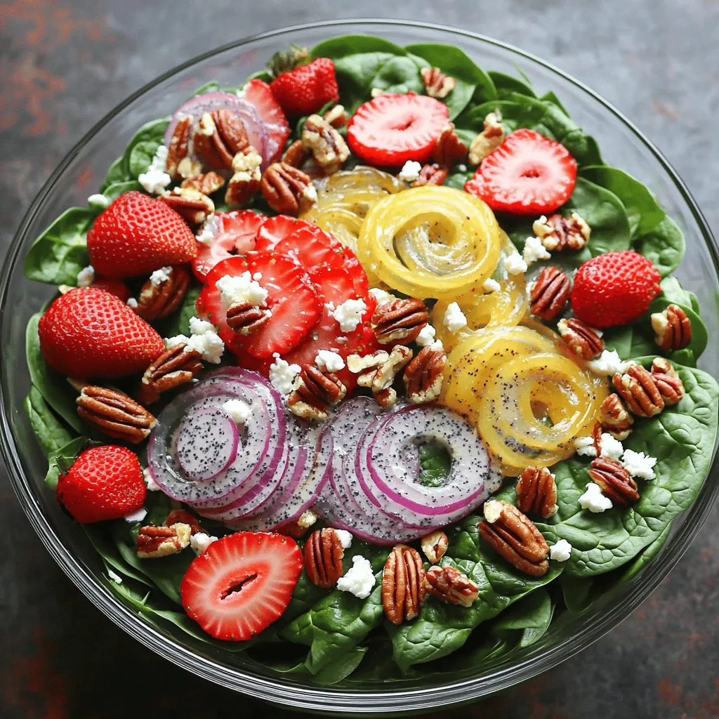 - 4 cups fresh spinach, washed and dried - 1 cup strawberries, hulled and sliced - ¼ red onion, thinly sliced - ½ cup candied pecans or walnuts - ½ cup feta cheese, crumbled - ¼ cup olive oil - 2 tablespoons apple cider vinegar - 2 tablespoons honey - 1 tablespoon poppy seeds - Salt and pepper to taste This spinach strawberry salad stands out for its bright colors and fresh flavors. Each ingredient plays a big role in making this dish great. First, the spinach gives a nice base. It’s crisp and healthy. Strawberries add sweetness and a pop of color. The red onion brings a sharp bite that balances the salad. Nuts and cheese enhance the texture. Candied pecans or walnuts add crunch and sweetness. Feta cheese adds creaminess and saltiness. The poppyseed dressing ties everything together. Olive oil provides richness. Apple cider vinegar adds a tangy kick. Honey sweetens the mix, while poppy seeds add a fun crunch. For the full recipe, check the details above. Enjoy making this fresh and tasty salad! In a small bowl, I whisk together the olive oil, apple cider vinegar, honey, and poppy seeds until smooth. This simple mix brings a bright flavor to the salad. After mixing, I season it with salt and pepper to taste. This step is key; it makes the dressing pop! Next, I grab a large salad bowl and add the fresh spinach. The bright green leaves form a lovely base. I layer on the sliced strawberries, which add sweetness and color. Then, I sprinkle on the candied pecans or walnuts for a crunchy bite. Crumbled feta cheese follows, giving a creamy texture. Finally, I add the thinly sliced red onion to provide a little zing. Now it's time to bring it all together! I drizzle the poppyseed dressing over the salad, ensuring every bite will be flavorful. I gently toss the salad, mixing all the ingredients while keeping it light. It’s important to serve immediately for the best taste and freshness. You can find the full recipe for this delightful salad in the recipe section. - Use fresh ingredients for optimal flavor. - Serve immediately to prevent wilting. To keep your salad bright and tasty, always choose fresh spinach and ripe strawberries. Fresh spinach adds a crisp texture, while ripe strawberries bring sweetness. If you let the salad sit too long, the spinach can wilt. This makes the salad less appealing. Toss it together and serve right away for the best taste. - Serve in a clear glass bowl. - Garnish with whole strawberries. A clear glass bowl shows off the colorful layers of the salad. You can see the green spinach, red strawberries, and the creamy feta. It makes the dish look fun and fresh. Adding whole strawberries on top gives a nice finish. It makes your salad pop and look special. - Consider added toppings like avocado or grilled chicken. For a twist, add sliced avocado for creaminess. If you want more protein, grilled chicken works great. This turns your salad into a full meal. Feel free to mix and match toppings to suit your taste. Remember, the Full Recipe has more ideas for tasty options! {{image_2}} You can easily change the fruit in your salad. Swap strawberries for other berries like blueberries or raspberries. Both will add a sweet burst of flavor. If you want a zesty twist, try adding citrus slices. Oranges and grapefruits pair well with spinach and add a nice brightness. If you want to make your salad more filling, add protein. Grilled chicken or shrimp works great here. They add a nice savory taste. For a vegetarian option, use chickpeas. They add texture and a boost of protein without meat. While poppyseed dressing is a favorite, you can mix it up. Try a lemon vinaigrette for a tangy twist. This adds a fresh zing to your greens. You can also experiment with different nuts or seeds in your salad. Almonds or sunflower seeds will give a nice crunch. For the full recipe and more ideas, check out the [Full Recipe]. You can keep this salad in the refrigerator for up to 1 day. Use an airtight container to keep it fresh. If you store it this way, it will taste good for a short time. Store leftover poppyseed dressing separately if you have any left. This dressing can last for up to a week when stored properly in the fridge. Just make sure to seal it tightly to keep it fresh. Before you serve, toss the salad ingredients together fresh. This keeps everything crisp and tasty. Avoid adding the dressing until you are ready to eat. This will prevent the salad from becoming soggy. For the full recipe, check out the details above! To make this salad, follow these steps: 1. Make the dressing: Whisk olive oil, apple cider vinegar, honey, and poppy seeds in a bowl. Add salt and pepper to taste. 2. Prepare the salad base: In a large bowl, add fresh spinach and layer with sliced strawberries. 3. Add toppings: Sprinkle candied pecans (or walnuts) and crumbled feta cheese on top. 4. Finish with onion: Add thinly sliced red onion for extra flavor. 5. Dress the salad: Drizzle the poppyseed dressing just before serving. 6. Toss gently: Mix the salad to coat everything in dressing. 7. Serve immediately: Enjoy for the best taste and freshness. Yes, but this salad is best enjoyed fresh. If you need to prepare it in advance, keep the ingredients separate. Store the salad base and dressing in airtight containers. Combine them just before serving for the best flavor and texture. This salad offers many health benefits. It is packed with vitamins, antioxidants, and healthy fats. Spinach is rich in iron and vitamins A, C, and K. Strawberries provide vitamin C and fiber. Nuts add healthy fats and protein. The olive oil also offers heart-healthy monounsaturated fats. Enjoy this salad for a tasty and nutritious boost! Yes, all ingredients in the poppyseed dressing are gluten-free. You can enjoy this salad safely if you follow a gluten-free diet. This article explained how to make a fresh and tasty Spinach Strawberry Salad with Poppyseed Dressing. You learned about key ingredients, step-by-step instructions, and helpful tips. Remember, using fresh ingredients makes a big difference. Feel free to customize the salad with other fruits or proteins. Store it properly for the best taste. Enjoy this salad as a healthy meal or side dish. With the right mix, you can impress anyone at your table.