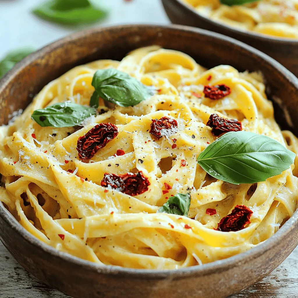 To make this creamy delight, gather these main ingredients: - 8 ounces fettuccine or your choice of pasta - 1 cup sun-dried tomatoes in oil, drained and chopped - 2 cloves garlic, minced - 1 cup heavy cream - 1 cup grated Parmesan cheese - 2 tablespoons olive oil - 1/2 teaspoon red pepper flakes (adjust to taste) - Salt and pepper to taste - Fresh basil leaves for garnish These ingredients create a rich, savory dish that shines with flavor. You can boost the flavor with these optional ingredients: - Fresh spinach or kale for added greens - A splash of white wine for depth - Chopped nuts, like pine nuts or walnuts, for crunch - Lemon zest for brightness These options can elevate the dish and add personal touches based on your taste. If you have dietary needs, consider these substitutions: - For a lighter option, use half-and-half instead of heavy cream. - Swap the Parmesan for nutritional yeast for a vegan version. - Use gluten-free pasta if you need a gluten-free option. - Fresh tomatoes can replace sun-dried tomatoes if you prefer a fresher taste. These substitutions keep the dish enjoyable while catering to various diets. For the full recipe, refer to the earlier section. To start, I fill a large pot with water and add a generous amount of salt. This helps season the pasta. I bring the water to a rolling boil. Once boiling, I add 8 ounces of fettuccine. I cook it according to package directions, usually about 8 to 10 minutes, until it’s al dente. Al dente means it’s firm but not hard. After cooking, I reserve 1/2 cup of the pasta water and then drain the rest. This water helps later if the sauce needs thinning. Next, I heat a large skillet over medium heat. I add 2 tablespoons of olive oil. Once hot, I toss in 2 cloves of minced garlic. I sauté the garlic for about a minute. It should smell great, but I watch it closely to avoid burning. Then, I add 1 cup of chopped sun-dried tomatoes and 1/2 teaspoon of red pepper flakes. I let this cook for 2 to 3 minutes. This step allows the flavors to blend nicely. After that, I lower the heat and pour in 1 cup of heavy cream. I stir it all together and let it simmer for 3 to 5 minutes. This creates a rich, creamy base. Now comes the fun part! I gradually add 1 cup of grated Parmesan cheese to the sauce. I stir until the cheese melts in, making the sauce creamy and delicious. If the sauce gets too thick, I add a bit of the reserved pasta water until it reaches the right consistency. Once the sauce is ready, I add the drained pasta into the skillet. I gently toss the pasta with the sauce. I make sure every piece is coated well. Finally, I season it with salt and pepper to taste. Now, it’s time to serve! To make the sauce creamy, use fresh ingredients. Fresh garlic adds a nice punch. Use quality Parmesan cheese for depth of flavor. Always add the cheese slowly, mixing well. This helps it melt smoothly into the sauce. If the sauce seems too thick, add pasta water. This keeps it light and blends flavors better. Cook the pasta just until al dente. This keeps it firm and chewy. Always salt the boiling water before adding pasta. This adds flavor directly into the noodles. When you make the sauce, use medium heat. High heat can cause the cream to curdle. Stir often to avoid sticking and burning. Serve the pasta in deep bowls for a cozy feel. Garnish with fresh basil leaves for color. A sprinkle of extra Parmesan on top looks fancy. You can also drizzle a bit of olive oil for richness. For a pop of color, add some cherry tomatoes or arugula on the side. Check out the Full Recipe for more serving ideas! {{image_2}} You can easily make this dish vegetarian by adding fresh veggies. Think about adding spinach, zucchini, or bell peppers. These veggies provide color and nutrition. Simply sauté them with the garlic before adding the sun-dried tomatoes. This adds a nice crunch and flavor. Seasonal veggies bring bright tastes that change with the seasons. Want to boost the protein? You can add chicken, shrimp, or tofu. For chicken, use cooked, diced pieces. You can sauté them in the olive oil first. For shrimp, add them after the garlic but before the sun-dried tomatoes. They cook quickly and soak up flavor. Tofu is a great option too! Just cube and add it with the garlic. Each choice gives a different taste and texture. If you need a gluten-free option, there are many pasta choices. Look for rice, quinoa, or chickpea pasta. These options cook well and hold the sauce nicely. Just follow the package instructions for cooking times. You won’t miss the gluten at all! This way, everyone can enjoy creamy sun-dried tomato pasta. For the full recipe, check the previous section! After enjoying your meal, let any leftovers cool. Place them in an airtight container. Make sure to seal it tightly. Store it in the fridge. Your pasta will keep well for 3 to 5 days. If you plan to eat it later, consider portioning it out. This will make it easier to reheat later. When you’re ready to enjoy your leftovers, heat them gently. The microwave is quick but can dry out the pasta. Instead, try reheating on the stove. Add a splash of water or extra cream. This will help bring back the creaminess. Stir often to avoid sticking. Heat until warm, and then serve. Freezing is a great option for long-term storage. First, let the pasta cool completely. Then, scoop it into freezer-safe bags. Squeeze out as much air as possible before sealing. This helps prevent freezer burn. You can freeze it for up to 3 months. When you’re ready to eat, thaw in the fridge overnight. Reheat using the stove for the best results. For more cooking details, check the Full Recipe. To make Creamy Sun-Dried Tomato Pasta from scratch, follow these steps: 1. Cook 8 ounces of pasta until al dente. 2. In a skillet, heat 2 tablespoons of olive oil. 3. Add 2 minced garlic cloves and cook for 1 minute. 4. Stir in 1 cup of chopped sun-dried tomatoes and 1/2 teaspoon of red pepper flakes. 5. Pour in 1 cup of heavy cream and simmer for 3 to 5 minutes. 6. Mix in 1 cup of grated Parmesan cheese until the sauce is creamy. 7. Combine the cooked pasta with the sauce, adding salt and pepper to taste. 8. Garnish with fresh basil leaves and serve hot. This recipe is simple yet full of flavor, perfect for any dinner. If you want to replace heavy cream, try these options: - Use half-and-half for a lighter version. - Coconut milk gives a unique flavor and is dairy-free. - For a healthier choice, blend silken tofu until smooth. - Greek yogurt can add creaminess without too much fat. Each option changes the taste slightly, so choose one that suits your needs. Yes, you can prepare this pasta ahead of time. Cook the pasta and sauce separately. Store them in airtight containers in the fridge. When ready to eat, reheat them together on the stove. This helps keep the pasta from becoming mushy. Absolutely! Creamy Sun-Dried Tomato Pasta works great for meal prep. Make a big batch and divide it into portions. Store the portions in the fridge for up to four days. You can also freeze it for longer storage. Just remember to add a little water when reheating to maintain creaminess. For the full recipe, check the section above. This blog post covered how to make creamy sun-dried tomato pasta. We discussed key and optional ingredients, cooking steps, and tips for the best flavor. You can adjust the recipe for your needs, like vegetarian or gluten-free options. Remember to store and reheat leftovers properly for great taste. With these ideas, you can enjoy a tasty meal anytime. Try different flavors each time you make this dish. Cooking should be fun and easy, so get creative!