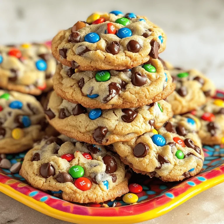 - 1 cup unsalted butter, softened - 1 cup brown sugar, packed - 1/2 cup granulated sugar - 2 large eggs - 1 teaspoon vanilla extract - 3 cups rolled oats - 1 cup all-purpose flour - 1/2 teaspoon baking soda - 1/2 teaspoon salt - 1 cup semi-sweet chocolate chips - 1 cup M&M's candy - 1/2 cup peanut butter chips - 1/2 cup chopped nuts (optional) These ingredients create a rich and chewy cookie. The butter and sugars make the cookies soft. Eggs add moisture and help bind the dough together. Oats give a nice texture while flour provides structure. The chocolate chips and M&M's add delightful sweetness. - 1/2 cup chopped nuts (like walnuts or pecans) - Substitute with dark chocolate or white chocolate chips - Add dried fruits like cranberries or raisins You can customize these cookies to fit your taste. Nuts add crunch, while different chocolates offer varied sweetness. Dried fruits provide a chewy texture and a fruity flavor. Feel free to mix and match! - Use coconut oil instead of butter for a dairy-free option - Substitute all-purpose flour with gluten-free flour blend - Replace eggs with mashed banana or apple sauce for vegan cookies Making these cookies fit your needs is easy. These options help with allergies and diets. You can still enjoy the same great taste and texture with these substitutes. To make the dough, start by creaming the butter and sugars. Use a large bowl and mix them well until they are light and fluffy. This step adds air, making your cookies soft. Next, beat in the eggs one at a time. Then add the vanilla extract. Make sure everything is well mixed. In another bowl, combine the rolled oats, flour, baking soda, and salt. Stir these dry ingredients until they are evenly mixed. Now, gradually add the dry mix to the wet mix. Stir gently until just combined. Do not overmix! Finally, fold in the chocolate chips, M&M's, peanut butter chips, and nuts if you want. Make sure they are evenly spread in the dough. When it is time to shape the cookies, use a tablespoon to drop heaping portions of dough onto a lined baking sheet. Leave space between the dough balls. They will spread as they bake. If you want bigger cookies, use a larger scoop. Just remember to bake them a little longer. To get the perfect chewy texture, underbake the cookies slightly. Bake them for 10 to 12 minutes. Look for lightly golden edges. The centers may look underbaked, but that's okay! They will continue to cook on the baking sheet. Let them cool for a few minutes before moving them to a wire rack. This cooling time helps them set while staying soft. To make chewy monster cookies, the dough must be just right. If it feels too dry, your cookies may turn out crumbly. Add a touch more butter or a splash of milk to fix this. If the dough is too wet, it can spread too much. In this case, add a bit more flour, one tablespoon at a time. Mix gently until the dough holds together but is still soft. This balance is key for the perfect chewy texture! You want your cookies to look as great as they taste. Serve them on a colorful platter. I like to stack a few cookies and sprinkle extra M&M's on top. This gives a fun and festive look. You can also add a drizzle of melted chocolate to enhance the visual appeal. Don’t forget to arrange them neatly to catch everyone’s eye. Presentation makes your cookies even more tempting! Some mistakes can ruin your chewy monster cookies. Overmixing the dough can make them tough. Mix until just combined to keep them soft. Another mistake is baking at the wrong temperature. Make sure your oven is preheated to 350°F (175°C). If it’s too hot, the edges may burn before the centers cook. Trust your instincts and check for lightly golden edges while keeping the centers soft. These small steps lead to cookie perfection! {{image_2}} You can have fun with flavors in these cookies. Try adding different mix-ins. Coconut gives a nice chew. Dried fruit adds a sweet touch. Just remember to keep the total weight the same. This way, the cookie stays soft and chewy. Make these cookies special for holidays. Use colored M&M's for a festive look. Red and green for Christmas or pastel colors for Easter work great. You can even shape the cookies like hearts for Valentine's Day. These small changes make your cookies more fun! You can adapt the recipe for different diets. For a nut-free version, skip the nuts. Use nut-free chocolate chips instead. For gluten-free cookies, swap all-purpose flour with a gluten-free blend. This way, everyone can enjoy these delicious treats! To keep your Chewy Monster Cookies fresh, store them in an airtight container. This helps keep moisture in and prevents them from drying out. You can also use a zip-top bag if you don’t have a container. Place a slice of bread in the bag or container. The bread will help keep the cookies soft. For the best flavor, eat them within a week. You can freeze both the cookie dough and baked cookies. For dough, scoop it onto a baking sheet and freeze until firm. Then, transfer the dough balls to a zip-top bag. They can stay in the freezer for up to three months. When you want to bake, just pop them on a sheet and add a couple of minutes to the bake time. If you freeze baked cookies, let them cool completely first. Wrap each cookie in plastic wrap and then place them in a bag. They will stay fresh for about three months in the freezer. Chewy Monster Cookies can last about a week at room temperature. After that, they start to lose their magic. If you store them in the fridge, they last about two weeks. However, this can make them a bit dry. Always check for any changes in smell or texture before eating. Chewy cookies get their soft texture from specific ingredients and methods. First, using brown sugar adds moisture. The sugar melts and helps keep the cookies soft. Next, rolled oats give them a hearty bite. They also absorb moisture, which helps with that chewy feel. Another key is to not overmix the dough. This keeps the cookies tender. Finally, baking them just right is important. Remove them from the oven when the edges turn golden but the middle looks soft. This makes them chewy and gooey. Yes, you can prepare these cookies ahead of time! You have two great options. First, make the dough and store it in the fridge for up to three days. Just cover it tightly. Second, you can freeze the dough. Shape it into balls and place them on a baking sheet. Freeze until solid, then move them to a bag. When you're ready to bake, just add a few minutes to the time. This way, you can always have fresh cookies on hand! To tell if your cookies are done, look for a few signs. The edges should be lightly golden. The center may look soft and a bit shiny, which is okay. Gently press the edge of a cookie. If it feels firm but not hard, that’s a good sign. Another hint is the smell. When the cookies smell sweet and warm, they are close to being done. Let them cool on the baking sheet for a few minutes before moving them. This helps them finish baking and stay chewy. Chewy Monster Cookies are fun to make and share. You learned about key and optional ingredients, plus how to substitute for allergies. We discussed steps for making and baking dough, as well as tips for perfect results. Variations let you explore flavors and themes. Finally, I shared storage tips to keep your cookies fresh. Remember, practice makes perfect. Enjoy your baking and create your own delicious memories. Now it's time to grab your ingredients and make some chewy treats!