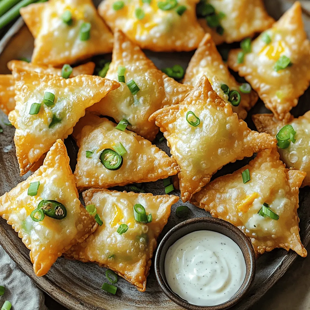 - 1 package of wonton wrappers (about 20-30 wrappers) - 8 oz cream cheese, softened - 1 cup shredded sharp cheddar cheese - 2-3 jalapeños, finely chopped (seeds removed for less heat) - 2 tablespoons green onions, finely chopped - 1 teaspoon garlic powder - 1 teaspoon onion powder - Salt and pepper, to taste - Cooking spray or olive oil spray When I make Air Fryer Jalapeño Popper Wontons, I start with the main ingredients. Wonton wrappers are key. They are thin and crispy, perfect for holding the filling. Next, I use cream cheese. It gives a creamy base that melts in your mouth. I also add sharp cheddar cheese for a rich flavor. For the additional ingredients, I chop 2-3 jalapeños. I remove the seeds to tame the heat. Green onions add a fresh taste. I include garlic and onion powder for depth in flavor. I finish with seasoning. Salt and pepper help to enhance all the flavors. A light spray of cooking spray or olive oil spray ensures a crispy texture when air frying. These ingredients blend to create a snack that's both tasty and fun to eat. To make the filling, first, grab a large mixing bowl. Add 8 oz of softened cream cheese and 1 cup of shredded sharp cheddar cheese. Next, chop 2-3 jalapeños finely, removing the seeds if you want less heat. Add the jalapeños to your bowl, along with 2 tablespoons of finely chopped green onions. Sprinkle in 1 teaspoon each of garlic powder and onion powder, along with salt and pepper to taste. Mix everything until it is well blended and creamy. This is where the magic begins! Now, it's time to assemble the wontons. Lay one wonton wrapper on a clean surface. Spoon about 1 tablespoon of the cheese mixture onto the center of the wrapper. Moisten the edges of the wrapper with a little water using your finger or a brush. Fold the wrapper over to form a triangle, pressing the edges together to seal. Make sure to push out any air pockets. Repeat this process until you use all the filling. Your wontons should look neat and inviting! Before cooking, preheat your air fryer to 375°F (190°C) for about 3-5 minutes. While it heats up, lightly spray both sides of the wontons with cooking spray. This helps them crisp up nicely. Place the wontons in a single layer in the air fryer basket. You may need to work in batches. Air fry the wontons for 6-8 minutes or until they turn golden brown and crispy. Once you take them out, let them cool for a minute before serving. Enjoy your tasty snack! To make the best jalapeño popper wontons, focus on avoiding air pockets. When you fill the wonton wrapper, make sure to press out any air before sealing. This keeps the filling intact while cooking. A tightly sealed wonton also helps it crisp up better. Next, ensure a crispy texture by not overcrowding the air fryer basket. Place the wontons in a single layer. This allows hot air to circulate freely. Lightly spray them with cooking spray for extra crunch. When serving your wontons, think about ideal pairings for dipping sauces. Ranch dressing is a classic choice. A spicy dipping sauce can add an extra kick. You can also serve them with a sweet chili sauce for a fun contrast. For presentation, arrange the wontons on a platter. Sprinkle chopped green onions on top for color. You want them to look as good as they taste! If you want to reduce the spice level, remove all the seeds from the jalapeños. This helps make the wontons milder. You can also replace jalapeños with sweet peppers for a non-spicy version. For dietary preferences, consider substitutions. Use low-fat cream cheese for a lighter option. If you need a dairy-free choice, try a vegan cream cheese. You can mix in some nutritional yeast for added flavor! {{image_2}} You can easily change the cheese in your wontons. Try mozzarella for a milder flavor. Or use pepper jack for a spicy twist. Mixing cheeses can add depth to the taste. You can also add proteins or vegetables. Cooked chicken or bacon gives a hearty bite. For a veggie option, try corn or spinach. These swaps keep your dish fresh and fun. Spices can bring a new kick to your wontons. Adding cayenne pepper or smoked paprika gives heat and depth. Experiment with chili powder for a different flavor. You can also play with sweet and savory. Try a touch of honey in your cheese mixture. This adds a nice balance to the heat of the jalapeños. You can bake these wontons if you want a different texture. Preheat your oven to 400°F (200°C). Place the wontons on a baking sheet and bake for about 15 minutes. They will turn crispy and golden. If you don't have an air fryer, try shallow frying them in oil. Heat oil in a pan and fry until golden. This gives a traditional fried texture that many love. After enjoying your Air Fryer Jalapeño Popper Wontons, store leftovers right away. Keep them in an airtight container. They will stay fresh in the fridge for up to three days. To freeze, place the wontons in a single layer on a baking sheet. Freeze them until solid, then move them to a freezer-safe bag. This method helps prevent them from sticking together. You can keep them in the freezer for up to three months. When you're ready to enjoy leftovers, reheating them properly is key. The best way to keep them crispy is to use the air fryer. Preheat your air fryer to 350°F (175°C). Place the wontons in a single layer and heat for about 4-5 minutes. This will help them regain their crunch. You can also use an oven. Set it to 350°F (175°C) and bake for about 10 minutes. Be sure to check them often. Knowing when to discard your wontons is important. If they smell off or look discolored, it’s best to throw them away. In the fridge, they last about three days. Frozen wontons can last three months. After that, their taste and texture may decline. Always trust your senses when deciding if food is safe to eat. Making these wontons is quick and easy. It takes about 15 minutes to prep. After that, cooking them in the air fryer takes another 6 to 8 minutes. So, in total, you will need around 25 minutes from start to finish. This makes it a perfect snack or appetizer for any occasion. Yes, you can freeze the wontons before cooking. To do this, lay them out in a single layer on a baking sheet. Make sure they don’t touch each other. Freeze them for about 30 minutes. Once frozen, transfer them to a freezer bag. They can stay fresh for up to a month. When you’re ready to cook, you can air fry them straight from the freezer. Just add a couple of extra minutes to the cooking time. Dipping sauces can really enhance the flavor of these wontons. Here are some great choices: - Ranch dressing: This classic dip works well with the spicy filling. - Spicy mayo: Mix mayo with sriracha for a creamy, spicy kick. - Sweet chili sauce: The sweetness pairs nicely with the heat. - Salsa: A fresh salsa adds a zesty touch. Feel free to try different sauces to find your favorite! To wrap up, you've learned how to make Air Fryer Jalapeño Popper Wontons from start to finish. We covered the main ingredients, like wonton wrappers and cheeses, and added zest with jalapeños and spices. You now know how to mix, assemble, and cook these delicious snacks, plus tips on serving and storing them. These wontons are easy and fun to make. Experiment with variations and enjoy them fresh or stored. Dive into this tasty treat whenever you want a quick and delightful snack.
