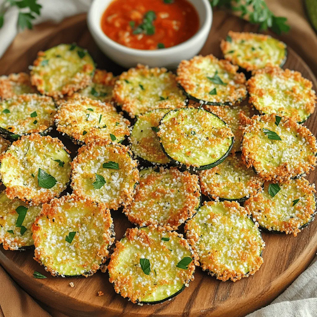 - 2 medium zucchinis - 1 cup grated Parmesan cheese - 1 cup panko breadcrumbs - 2 large eggs - 1 teaspoon garlic powder - 1 teaspoon onion powder - 1 teaspoon dried Italian herbs - Salt and pepper to taste - Cooking spray To make the best Air Fryer Parmesan Crusted Zucchini Chips, gather these fresh ingredients. Start with two medium zucchinis. Slice them into 1/4-inch rounds. This size helps them cook evenly and get that perfect crunch. Next, you need one cup of grated Parmesan cheese. This cheese adds a rich flavor and helps the chips become golden brown. The panko breadcrumbs are key too. Use one cup for extra crunch. They give a light, crispy texture. You'll also need two large eggs for the coating. Beat them in a bowl until frothy. This makes the zucchini slices stick well to the breadcrumbs. Add one teaspoon each of garlic powder and onion powder. These spices boost the flavor of your chips. Dried Italian herbs will bring in a nice herby taste, so grab one teaspoon of those as well. Don’t forget salt and pepper to taste. These simple seasonings make a big difference. Lastly, keep cooking spray handy. It helps the chips crisp up nicely in the air fryer. With these ingredients ready, you’ll be set to create a delightful snack that everyone will love! - Preheat the air fryer to 400°F (200°C). - Slice the zucchinis into 1/4-inch rounds. - In a bowl, beat the eggs until frothy to create your egg wash. - Dip each zucchini slice in the egg wash. Make sure it’s fully coated. - Transfer the egg-coated zucchini to the breadcrumb mix. Press down gently for a good layer. - Arrange the coated zucchini in a single layer in the air fryer basket. Avoid overcrowding. - Spray the tops lightly with cooking spray for extra crispiness. - Air fry for 8-10 minutes, flipping halfway through for even cooking. When they are golden brown and crispy, they are done. - Avoiding overcrowding in the air fryer: It is key to space out the zucchini chips. If you stack them, they will steam instead of crisp. Cook them in batches if needed. This helps each chip get nice and crunchy. - Proper seasoning techniques: Always season your coating mix well. The blend of garlic, onion, and Italian herbs adds great flavor. Don’t forget to taste your seasoning mix. Adjust salt and pepper to your liking. - Recommended cook times and temperatures: Set your air fryer to 400°F (200°C). Cook the zucchini chips for 8-10 minutes. Flip them halfway through cooking. This helps both sides cook evenly and get that golden color. - Importance of cooking spray: A light spray of cooking spray is important. It helps the chips crisp up nicely. Without it, your chips may turn out soft. Make sure to coat the tops before starting the air fryer. {{image_2}} You can switch cheeses to change the flavor. Try using mozzarella for a milder taste. Aged cheddar also adds a nice kick. If you want something sharper, go for pecorino Romano. Each cheese brings its own unique touch. You can also swap out the breadcrumbs. For a lighter crunch, use crushed rice cereal. If you like a nutty flavor, try almond flour. Different textures can make the chips more fun. Spice up your zucchini chips with extra seasonings. For heat, add cayenne pepper or red pepper flakes. This will give your chips a nice kick. If you love smoky flavors, try smoked paprika. It adds depth without overpowering the dish. Herbs can also create new taste profiles. Fresh thyme or rosemary pairs well with the zucchini. You can also mix in a bit of parsley for freshness. Experiment with herbs to find your perfect flavor blend. After enjoying your Air Fryer Parmesan Crusted Zucchini Chips, you may have some left. To store them, let the chips cool to room temperature. Place them in an airtight container. Keep them in the fridge for up to three days. This helps maintain their flavor. Avoid stacking them too high to keep them crisp. You can add a paper towel inside the container to absorb moisture. When you want to reheat the chips, use your air fryer again. Preheat it to 350°F (175°C). Arrange the zucchini chips in a single layer. Heat them for about 3-4 minutes. This will help them regain their crunch. You can also use an oven for reheating. Place the chips on a baking sheet and heat them at the same temperature. This method also keeps them crispy. Avoid using a microwave, as it can make them soggy. How do I know when zucchini chips are done? Zucchini chips are done when they turn golden brown and crispy. Check them after 8 minutes. Flip them halfway to ensure even cooking. If they look dry and crisp, they are ready to eat. Can I make these zucchini chips gluten-free? Yes, you can make these chips gluten-free. Use gluten-free breadcrumbs instead of regular ones. Ensure your Parmesan cheese is also gluten-free. This way, everyone can enjoy them! What is the best dipping sauce to serve with zucchini chips? The best dipping sauce is marinara or ranch. Marinara adds a tangy flavor, while ranch gives a creamy taste. You can also try a spicy aioli for a fun twist! This blog post covered how to make delicious zucchini chips in an air fryer. You learned about the ingredients needed, such as zucchinis and Parmesan cheese, and the step-by-step process to prepare and cook them. I shared tips to ensure perfect crispiness and variations to suit your taste. Storing and reheating methods will keep your leftovers tasty. By following these steps, you can create a healthy snack that everyone will enjoy. Give it a try, and enjoy crispy zucchini chips anytime!