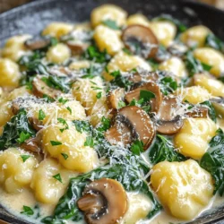 To make creamy mushroom spinach gnocchi, gather these simple items: - 1 package (16 oz) gnocchi (store-bought) - 2 cups fresh spinach, roughly chopped - 8 oz mushrooms, sliced (cremini or button) - 1 tablespoon olive oil - 2 cloves garlic, minced - 1 cup heavy cream (or use coconut cream for a lighter option) - 1/2 cup grated Parmesan cheese (plus extra for garnish) - Salt and pepper to taste - Pinch of nutmeg (optional) - Fresh parsley, chopped for garnish You can swap items if needed. For example: - Gnocchi: Try homemade gnocchi for a fresh twist. - Spinach: Kale or arugula can work well instead of spinach. - Mushrooms: Use shiitake or portobello for more flavor. - Olive oil: Butter adds a rich taste if you prefer. - Heavy cream: Use half-and-half for a lighter sauce. Coconut cream is great for dairy-free. - Parmesan cheese: Nutritional yeast adds a cheesy flavor for a vegan option. Select fresh ingredients for the best taste. Here’s how: - Gnocchi: Look for firm gnocchi with no bruises or soft spots. - Spinach: Choose bright green leaves with no yellow or brown spots. - Mushrooms: Pick mushrooms that are firm and dry. Avoid slimy ones. - Garlic: Choose garlic that is firm with no sprouts or soft spots. - Cream: Check the expiration date to ensure freshness. Using fresh ingredients makes a big difference in flavor and texture. Enjoy your cooking! To start, fill a large pot with water. Add a good amount of salt to it. Bring the water to a boil. Once boiling, add the gnocchi. Cook them for about 3 to 5 minutes, or until they float. Floating means they are ready. Drain the gnocchi and set them aside. This step is quick and easy. Next, grab a large skillet. Heat olive oil over medium heat. Once hot, add the sliced mushrooms. Stir them often for about 5 minutes. They should turn golden brown and release their moisture. After that, add minced garlic. Cook it for one more minute to get that nice smell. Now, add the chopped spinach and stir. Cook until the spinach wilts down. This adds a fresh taste to our dish. Now it’s time to make the cream sauce. Lower the heat and pour in the heavy cream. Mix it well and let it simmer for 2 to 3 minutes. This helps thicken the sauce. Stir in the grated Parmesan cheese. Keep mixing until it melts. Season with salt, pepper, and a pinch of nutmeg if you want. Finally, add the cooked gnocchi to the skillet. Gently toss everything together. Cook for another minute to heat it all up. Now, your creamy mushroom spinach gnocchi is ready to enjoy! To make a great cream sauce, start with fresh ingredients. Use heavy cream for a rich taste. If you want a lighter option, go for coconut cream. Add it slowly to the pan and stir well. This helps it mix smoothly. A pinch of nutmeg adds warmth and depth. Don't forget to taste it! Adjust the salt and pepper for balance. If you want a lighter meal, try these swaps: - Use half-and-half instead of heavy cream. - Swap Parmesan cheese for nutritional yeast for a vegan option. - Add more vegetables, like zucchini or bell peppers, to bulk it up. These changes keep the dish tasty while cutting down on calories. Presentation matters! Here are some tips to make your dish look great: - Use shallow bowls for serving. It makes the dish pop. - Sprinkle extra Parmesan on top for a nice touch. - Add a sprinkle of fresh parsley. It brings color and freshness. - Serve with crusty bread on the side. It makes a lovely meal! These small steps make your creamy mushroom spinach gnocchi a feast for the eyes. {{image_2}} You can add chicken or shrimp to this dish for extra flavor. For chicken, use boneless pieces. Cook them in the skillet before adding mushrooms. For shrimp, add them right after the garlic. Cook until they turn pink and then mix in the spinach. Both options make the meal heartier and more filling. To make this dish vegan, swap the heavy cream for coconut cream. Use nutritional yeast instead of Parmesan cheese for a cheesy flavor. You can also add tofu or tempeh for protein. This keeps the creamy texture while keeping it plant-based. You won't miss the dairy! Feel free to add seasonal veggies to your gnocchi. In spring, add asparagus or peas for a fresh touch. In summer, try zucchini or cherry tomatoes. In fall, roasted butternut squash adds sweetness. Winter calls for kale or broccoli for extra nutrients. These veggies bring color and flavor to your dish. You can store leftover creamy mushroom spinach gnocchi in an airtight container. Make sure to let it cool down first. Place it in the fridge. It will stay fresh for up to three days. If you want to keep it longer, consider freezing. To reheat gnocchi, use a skillet on medium heat. Add a splash of water or cream to keep it moist. Stir often until it’s warm. You can also use a microwave. Place it in a bowl and cover it. Heat in short bursts, stirring in between. This helps avoid hot spots. If you want to freeze your gnocchi, it’s best to do so before adding cream. Cooked gnocchi can also be frozen. Spread them on a baking sheet to freeze individually. Once frozen, transfer them to a freezer bag. To thaw, place the bag in the fridge overnight. For quick thawing, you can also boil them briefly in water. Yes, you can. I suggest cooking the gnocchi and sauce separately. Store them in airtight containers. When you're ready to eat, just heat them on the stove. Mix them together before serving. This keeps the gnocchi from getting mushy. Most store-bought gnocchi contains wheat flour. However, you can find gluten-free gnocchi made from potato or rice flour. Always check the label for gluten-free options. This allows everyone to enjoy this dish. You can serve a simple side salad with mixed greens. A light vinaigrette pairs well. Garlic bread is another great choice. It soaks up the creamy sauce nicely. For a special touch, add roasted vegetables or grilled chicken for extra flavor. In this post, we explored fresh ingredients, cooking steps, and tips for perfecting your dish. You learned how to make creamy mushroom spinach gnocchi, along with storage and serving ideas. Remember, using fresh ingredients and experimenting with variations can enhance your meal. Always aim for balance in flavors and textures. This dish is versatile, so make it your own. Enjoy the process, and happy cooking!